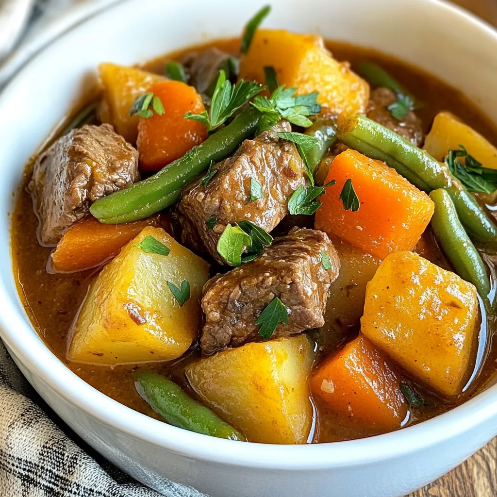 - 2 pounds beef chuck, cut into 1-inch cubes - 2 tablespoons olive oil - 1 onion, chopped - 3 garlic cloves, minced - 3 carrots, sliced - 3 potatoes, diced - 1 cup green beans, trimmed and cut in half - 4 cups beef broth - 2 tablespoons tomato paste - 1 teaspoon dried thyme - 1 teaspoon dried rosemary - 1 bay leaf - Salt and pepper to taste - 1 tablespoon Worcestershire sauce - 1 tablespoon cornstarch mixed with 2 tablespoons water (optional for thickening) - Fresh parsley for garnish - Crusty bread for serving - Instant Pot - Cutting board - Chef's knife - Measuring cups and spoons - Wooden spoon or spatula - Ladle for serving Gathering your ingredients ahead of time makes cooking easier. Each item plays a key role in the stew's flavor. The beef chuck gives richness, while the vegetables add texture. Using fresh herbs like thyme and rosemary boosts the taste. Optional items, like parsley and bread, can enhance your meal. Don't forget your cooking tools! They help you stay organized and focused. With everything in place, you are ready to create a warm, hearty stew. {{ingredient_image_1}} First, turn your Instant Pot to 'Sauté' mode. Add 2 tablespoons of olive oil. Once the oil is hot, add 2 pounds of beef chuck cut into 1-inch cubes. Work in batches to avoid overcrowding. Sear the beef until it is browned on all sides. This step adds flavor and texture. After browning, remove the beef and set it aside. In the same pot, add 1 chopped onion. Cook it until it turns translucent, which takes about 3 minutes. Then, add 3 minced garlic cloves. Cook them for 1 more minute. Next, stir in 3 sliced carrots, 3 diced potatoes, and 1 cup of trimmed green beans cut in half. Cook these veggies for about 3 to 5 minutes, stirring frequently. This step helps to build a strong flavor base. Now, return the seared beef to the pot. Pour in 4 cups of beef broth and 2 tablespoons of tomato paste. Add 1 teaspoon of dried thyme, 1 teaspoon of dried rosemary, and 1 bay leaf. For extra flavor, mix in 1 tablespoon of Worcestershire sauce. Season with salt and pepper to taste. Stir well to combine all the ingredients. Close the lid of the Instant Pot and set the valve to 'Sealing'. Select 'Manual' mode and set the cooking time to 35 minutes on high pressure. Once the timer goes off, let the pot naturally release pressure for 10 minutes. After that, carefully release any remaining pressure. If you want a thicker stew, remove 1 cup of broth, mix it with 1 tablespoon of cornstarch and 2 tablespoons of water. Return this mix to the pot while still on 'Sauté' mode, and stir until thickened. Finally, discard the bay leaf and ladle the stew into bowls. Enjoy this hearty meal! To make the best beef stew, start with good meat. Use beef chuck for a tender bite. Cut the meat into 1-inch cubes. This size helps it cook evenly. Sear the beef well in the Instant Pot. This adds deep flavor. Don't rush this step. Next, focus on your aromatics. Sauté the onions and garlic until they are soft. This brings out their natural sweetness. Add your veggies next. Carrots, potatoes, and green beans all work well. They add color and texture to your stew. For a tasty stew, balance is key. Use salt and pepper to enhance all flavors. Add Worcestershire sauce for a savory kick. Don't forget herbs like thyme and rosemary. They bring warmth and depth. If you like spice, consider a dash of cayenne or paprika. Always taste your stew before serving. Adjust flavors as needed. Add a bit of salt or spice if it seems bland. If you want a richer taste, stir in more tomato paste. If your stew is too thin, don’t worry. You can thicken it easily. Mix cornstarch with water and stir it in while it cooks. It will thicken up fast. If the meat is tough, it may need more time. Beef chuck can be chewy if not cooked long enough. Try cooking it for an extra 10 minutes. Lastly, if your stew is too salty, add a diced potato. The potato absorbs some saltiness. Let it cook for a few minutes, then remove it before serving. Pro Tips Choose the Right Cut: Opt for beef chuck as it becomes tender and flavorful during the pressure cooking process. Layer Your Ingredients: Always sauté the aromatics first to build a base of flavor before adding the other ingredients. Don’t Skip the Natural Release: Allowing a natural pressure release helps to preserve the texture and flavor of the meat and vegetables. Customize Your Veggies: Feel free to add or substitute other vegetables based on your preference or what you have on hand. {{image_2}} You can change the meat in your stew. Try chicken, pork, or even lamb. These meats work well with the same seasonings and veggies. For chicken, use thighs or breasts. For pork, go with shoulder or belly. Cook times may change. Chicken cooks faster, while pork may need more time. Adjust your pressure cooking time to suit the meat you choose. Feel free to swap out veggies based on what you have. Sweet potatoes can replace regular potatoes. Turnips or parsnips add a unique taste. You can also use peas, corn, or bell peppers for extra color. If you want a lighter stew, add zucchini or squash. Just remember to adjust the cooking time for softer veggies. To boost flavor, add more herbs or spices. Try adding paprika or cumin for warmth. A splash of red wine enhances the beef's taste. You can also add a bit of balsamic vinegar for depth. Fresh herbs like parsley or thyme can brighten the dish. Experiment and find the mix you love best! To store your beef stew, let it cool first. Then, transfer it to an airtight container. You can keep it in the fridge for up to three days. If you have a lot of stew, divide it into smaller portions. This makes it easier to heat later. Always label your containers with the date. When you want to enjoy the stew again, you have a few options. You can heat it on the stove or in the microwave. If using the stove, place the stew in a pot and warm it over medium heat. Stir often until it is hot. In the microwave, use a microwave-safe bowl. Heat on high for two to three minutes. Stir halfway through to ensure even heating. To freeze the beef stew, follow these steps. First, let it cool completely. Then, pour it into freezer-safe containers or bags. Try to remove as much air as you can. This helps prevent freezer burn. You can freeze the stew for up to three months. When you are ready to eat it, thaw it in the fridge overnight. Reheat it on the stove or in the microwave, just like before. Your Instant Pot Beef Stew can last for about 3 to 4 days in the fridge. Make sure to store it in an airtight container. The stew may taste even better after a day or two, as the flavors meld together. Yes, you can make this recipe in a slow cooker. Use the same ingredients and steps. Brown the beef and sauté the onion and garlic in a pan. Then, add everything to your slow cooker. Cook on low for 6 to 8 hours or on high for 3 to 4 hours. You can serve your beef stew with several tasty sides. Here are some ideas: - Crusty bread - Rice or mashed potatoes - A fresh garden salad - Buttered noodles - Steamed vegetables These sides will complement the rich flavors of the stew and make your meal even better! This blog post covered the key elements for a great beef stew. We discussed essential ingredients, helpful cooking tools, and detailed steps for a perfect meal. I shared tips to enhance flavor and troubleshoot issues. You can also explore variations for different proteins and veggies. Lastly, I provided simple storage methods and answers to common questions. With this knowledge, you’re ready to create your own delicious beef stew. Enjoy cooking and make it your own!