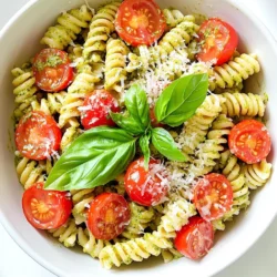 - Pasta options: You can use 8 oz of penne or fusilli pasta. Both shapes hold sauce well. - Cherry tomatoes: One cup of cherry tomatoes, halved, adds sweetness and color. You can sauté them lightly for extra flavor. - Fresh basil leaves: Use one cup of fresh basil. Varieties like Genovese or Thai basil work great. - Pine nuts vs. walnuts: I prefer pine nuts for a classic taste. Walnuts give a richer, earthier flavor. Use 1/2 cup of either, toasted for best results. - Grated Parmesan cheese: A must-have for creaminess. Use 1/2 cup of finely grated Parmesan to enhance flavor. - Heavy cream specifics: A 1/2 cup of heavy cream makes this dish rich and smooth. - Olive oil choices: Use 2 tablespoons of good-quality olive oil. This adds depth to the pesto. - Salt and pepper: Season to taste with salt and pepper for balance. Start small and adjust. - Optional garnishes: Fresh basil leaves and extra grated Parmesan make lovely garnishes. They add freshness and visual appeal. To start, you need to boil water. Use a large pot and fill it with water. Add a good amount of salt to season the pasta. Bring the water to a rolling boil. Cook the pasta according to the package instructions. For al dente pasta, it usually takes about 8 to 10 minutes. Test it a minute or two early to see if it’s ready. Don’t forget to reserve some pasta water before draining! You’ll need about 1 cup to help blend your sauce later. Now, let’s make the pesto. Grab a food processor for this step. Add fresh basil leaves, toasted pine nuts, minced garlic, and grated Parmesan cheese. Pour in olive oil and blend until smooth. If the pesto is too thick, add a little reserved pasta water. This will help you reach the perfect texture. The food processor makes it easy to blend everything well. Next, heat a large pan on medium heat. Add the halved cherry tomatoes and sauté them for about 2 to 3 minutes. You want them to soften but not burst. Once the tomatoes are ready, lower the heat. Stir in the heavy cream and mix it well. Make sure it heats through, but do not let it boil. Then, add the pesto into the cream mixture. Mix it thoroughly until combined. Finally, toss the drained pasta into the sauce. If it feels too thick, add more reserved pasta water until it’s just right. Now you can enjoy a creamy, flavorful dish! To make your sauce creamy, you need heavy cream. Add it slowly to your sautéed tomatoes. Stir until well mixed. If it seems too thick, add some reserved pasta water. This will help reach the right consistency. Balancing flavors is key. Taste your sauce, then add salt and pepper. You want it to be flavorful but not overwhelming. A pinch of sugar can help if your tomatoes taste too acidic. To prevent pasta from sticking, stir it often while it cooks. Use plenty of salted water. This helps the pasta stay separate and adds flavor. Remember to save that pasta water! It’s starchy and can help thicken your sauce. Just reserve about one cup before draining the pasta. For side dishes, a simple green salad pairs well. Garlic bread is also a tasty choice. When plating, use a large bowl or plate. Twirl the pasta for a nice look. Top with fresh basil and extra Parmesan for a nice touch. This makes it look fancy and appetizing! {{image_2}} You can add protein to your creamy tomato basil pesto pasta. Here are some tasty options: - Chicken: Use grilled or sautéed chicken breast. Cook it until golden brown, then slice it and mix it in. - Shrimp: Sauté shrimp in olive oil for about 3-4 minutes. Add it right before serving for a light touch. - Tofu: For a plant-based option, use firm tofu. Sauté it until crispy, then toss it with the pasta. Choose what you like best and cook it before mixing into the pasta. This adds flavor and keeps your meal filling. If you want a vegetarian or vegan dish, it’s easy to make swaps: - Dairy-Free Cream: Use coconut cream or cashew cream instead of heavy cream. This keeps it rich without dairy. - Cheese Alternatives: Nutritional yeast can replace Parmesan cheese for a cheesy flavor without the dairy. You can also use vegan cheese for a similar taste. For the pesto, try using different nuts like cashews or almonds. Each nut gives a unique flavor. You can change your recipe based on the season: - Summer: Add zucchini, bell peppers, or corn to the mix. They bring freshness and color. - Winter: Use spinach or kale for a hearty twist. They add nutrition and a nice texture. This way, you keep the dish exciting and different all year long. Enjoy experimenting with what’s fresh! To store your creamy tomato basil pesto pasta, let it cool down first. Place it in an airtight container. In the fridge, it lasts about three to five days. Make sure it is sealed well to keep it fresh. When you are ready to eat, you can reheat it on the stove or in the microwave. Just add a splash of water or cream to help bring back the creaminess. Freezing this pasta is easy. First, let it cool completely. Then, transfer it to a freezer-safe container. It can last up to three months in the freezer. When you want to eat it, thaw it overnight in the fridge. Reheat it gently on the stove. Add a bit of cream or pasta water to keep it creamy. Avoid boiling it, as that can make it separate. If you have leftovers, you can get creative! Mix it into an omelet for a tasty breakfast. You can also use it as a filling for stuffed peppers or baked potatoes. Another idea is to toss it with fresh greens to make a salad. This adds texture and flavor to your meal. Mix it up and enjoy your leftovers in new ways! Yes, you can use store-bought pesto. It saves time and effort. Many brands offer good quality. However, homemade pesto tastes fresher and richer. Store-bought versions may lack some flavor depth. If you are in a rush, grab a jar! Just taste it first. You might want to add a bit of garlic or extra cheese to boost flavor. Penne and fusilli are great for creamy sauces. Their shapes hold onto the sauce well. Penne has a smooth surface, while fusilli’s twists catch more sauce. Other options include farfalle or rigatoni. Avoid thin pasta like spaghetti; it won’t hold the sauce as well. Choose a pasta that you enjoy! To add heat, try red pepper flakes. Start with a pinch and taste. You can also add fresh chopped chilies for more kick. If you like, mix in some hot sauce, too. For a smoky flavor, consider smoked paprika. Just remember, spice can build! Adjust to your taste as you go. This blog post covered everything you need to know about making a creamy pasta dish. We explored the key ingredients, from pasta choices to fresh basil and rich pesto components. You learned how to cook pasta perfectly and make pesto from scratch. I shared tips for balancing flavors and ideas for adding protein or seasonal veggies. Don't forget about storage tips for leftovers. With this guide, you can create a delicious meal that impresses everyone. Enjoy cooking and experimenting with new flavors!