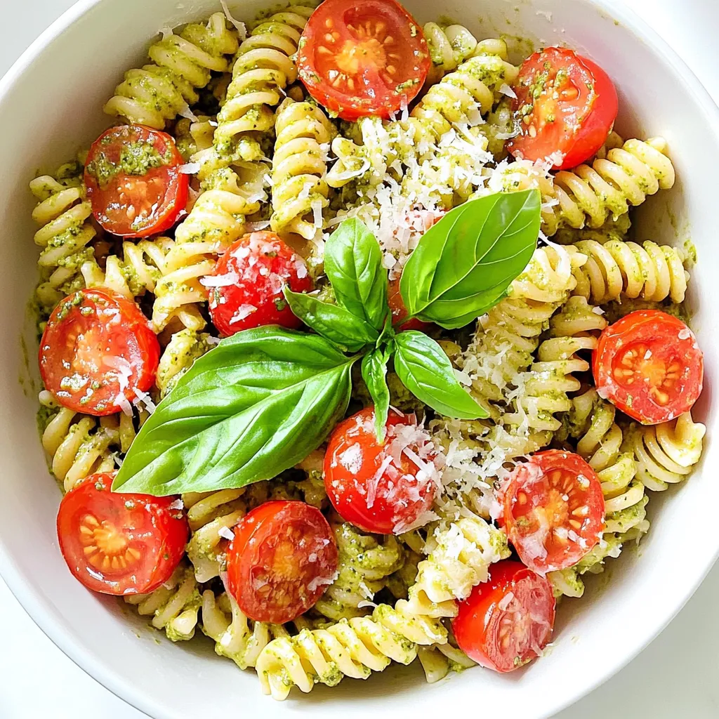 - Pasta options: You can use 8 oz of penne or fusilli pasta. Both shapes hold sauce well. - Cherry tomatoes: One cup of cherry tomatoes, halved, adds sweetness and color. You can sauté them lightly for extra flavor. - Fresh basil leaves: Use one cup of fresh basil. Varieties like Genovese or Thai basil work great. - Pine nuts vs. walnuts: I prefer pine nuts for a classic taste. Walnuts give a richer, earthier flavor. Use 1/2 cup of either, toasted for best results. - Grated Parmesan cheese: A must-have for creaminess. Use 1/2 cup of finely grated Parmesan to enhance flavor. - Heavy cream specifics: A 1/2 cup of heavy cream makes this dish rich and smooth. - Olive oil choices: Use 2 tablespoons of good-quality olive oil. This adds depth to the pesto. - Salt and pepper: Season to taste with salt and pepper for balance. Start small and adjust. - Optional garnishes: Fresh basil leaves and extra grated Parmesan make lovely garnishes. They add freshness and visual appeal. To start, you need to boil water. Use a large pot and fill it with water. Add a good amount of salt to season the pasta. Bring the water to a rolling boil. Cook the pasta according to the package instructions. For al dente pasta, it usually takes about 8 to 10 minutes. Test it a minute or two early to see if it’s ready. Don’t forget to reserve some pasta water before draining! You’ll need about 1 cup to help blend your sauce later. Now, let’s make the pesto. Grab a food processor for this step. Add fresh basil leaves, toasted pine nuts, minced garlic, and grated Parmesan cheese. Pour in olive oil and blend until smooth. If the pesto is too thick, add a little reserved pasta water. This will help you reach the perfect texture. The food processor makes it easy to blend everything well. Next, heat a large pan on medium heat. Add the halved cherry tomatoes and sauté them for about 2 to 3 minutes. You want them to soften but not burst. Once the tomatoes are ready, lower the heat. Stir in the heavy cream and mix it well. Make sure it heats through, but do not let it boil. Then, add the pesto into the cream mixture. Mix it thoroughly until combined. Finally, toss the drained pasta into the sauce. If it feels too thick, add more reserved pasta water until it’s just right. Now you can enjoy a creamy, flavorful dish! To make your sauce creamy, you need heavy cream. Add it slowly to your sautéed tomatoes. Stir until well mixed. If it seems too thick, add some reserved pasta water. This will help reach the right consistency. Balancing flavors is key. Taste your sauce, then add salt and pepper. You want it to be flavorful but not overwhelming. A pinch of sugar can help if your tomatoes taste too acidic. To prevent pasta from sticking, stir it often while it cooks. Use plenty of salted water. This helps the pasta stay separate and adds flavor. Remember to save that pasta water! It’s starchy and can help thicken your sauce. Just reserve about one cup before draining the pasta. For side dishes, a simple green salad pairs well. Garlic bread is also a tasty choice. When plating, use a large bowl or plate. Twirl the pasta for a nice look. Top with fresh basil and extra Parmesan for a nice touch. This makes it look fancy and appetizing! {{image_2}} You can add protein to your creamy tomato basil pesto pasta. Here are some tasty options: - Chicken: Use grilled or sautéed chicken breast. Cook it until golden brown, then slice it and mix it in. - Shrimp: Sauté shrimp in olive oil for about 3-4 minutes. Add it right before serving for a light touch. - Tofu: For a plant-based option, use firm tofu. Sauté it until crispy, then toss it with the pasta. Choose what you like best and cook it before mixing into the pasta. This adds flavor and keeps your meal filling. If you want a vegetarian or vegan dish, it’s easy to make swaps: - Dairy-Free Cream: Use coconut cream or cashew cream instead of heavy cream. This keeps it rich without dairy. - Cheese Alternatives: Nutritional yeast can replace Parmesan cheese for a cheesy flavor without the dairy. You can also use vegan cheese for a similar taste. For the pesto, try using different nuts like cashews or almonds. Each nut gives a unique flavor. You can change your recipe based on the season: - Summer: Add zucchini, bell peppers, or corn to the mix. They bring freshness and color. - Winter: Use spinach or kale for a hearty twist. They add nutrition and a nice texture. This way, you keep the dish exciting and different all year long. Enjoy experimenting with what’s fresh! To store your creamy tomato basil pesto pasta, let it cool down first. Place it in an airtight container. In the fridge, it lasts about three to five days. Make sure it is sealed well to keep it fresh. When you are ready to eat, you can reheat it on the stove or in the microwave. Just add a splash of water or cream to help bring back the creaminess. Freezing this pasta is easy. First, let it cool completely. Then, transfer it to a freezer-safe container. It can last up to three months in the freezer. When you want to eat it, thaw it overnight in the fridge. Reheat it gently on the stove. Add a bit of cream or pasta water to keep it creamy. Avoid boiling it, as that can make it separate. If you have leftovers, you can get creative! Mix it into an omelet for a tasty breakfast. You can also use it as a filling for stuffed peppers or baked potatoes. Another idea is to toss it with fresh greens to make a salad. This adds texture and flavor to your meal. Mix it up and enjoy your leftovers in new ways! Yes, you can use store-bought pesto. It saves time and effort. Many brands offer good quality. However, homemade pesto tastes fresher and richer. Store-bought versions may lack some flavor depth. If you are in a rush, grab a jar! Just taste it first. You might want to add a bit of garlic or extra cheese to boost flavor. Penne and fusilli are great for creamy sauces. Their shapes hold onto the sauce well. Penne has a smooth surface, while fusilli’s twists catch more sauce. Other options include farfalle or rigatoni. Avoid thin pasta like spaghetti; it won’t hold the sauce as well. Choose a pasta that you enjoy! To add heat, try red pepper flakes. Start with a pinch and taste. You can also add fresh chopped chilies for more kick. If you like, mix in some hot sauce, too. For a smoky flavor, consider smoked paprika. Just remember, spice can build! Adjust to your taste as you go. This blog post covered everything you need to know about making a creamy pasta dish. We explored the key ingredients, from pasta choices to fresh basil and rich pesto components. You learned how to cook pasta perfectly and make pesto from scratch. I shared tips for balancing flavors and ideas for adding protein or seasonal veggies. Don't forget about storage tips for leftovers. With this guide, you can create a delicious meal that impresses everyone. Enjoy cooking and experimenting with new flavors!