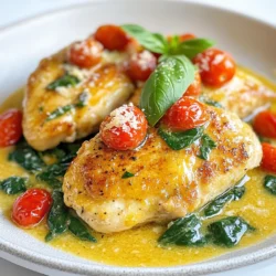 For a delicious Creamy Tuscan Garlic Chicken, you will need: - 4 boneless, skinless chicken breasts - 2 tablespoons olive oil - 4 cloves garlic, minced - 1 cup cherry tomatoes, halved - 1 cup fresh spinach - 1 cup heavy cream - ½ cup grated Parmesan cheese - 1 teaspoon Italian seasoning - Salt and pepper to taste These ingredients create a rich and satisfying dish. The chicken brings protein, while the heavy cream adds creaminess. Garlic and tomatoes give it bold flavor. Fresh spinach adds color and nutrients. You can enhance your meal with these garnishes: - Fresh basil leaves - Extra grated Parmesan cheese Basil adds a fresh taste, while more cheese makes it even richer. These garnishes also make the dish look nice. You will need a few simple tools to make this dish: - A large skillet - A spatula - A cutting board - A knife Using the right tools helps make cooking easier. A large skillet is key for cooking chicken and sauce together. A good knife will help you chop the garlic and tomatoes easily. {{ingredient_image_1}} First, take your chicken breasts. Season them with salt, pepper, and Italian seasoning. Make sure to coat both sides well. This step adds great flavor. Set the chicken aside as you prepare to cook. Heat olive oil in a large skillet over medium heat. Once hot, add the seasoned chicken breasts. Cook them for about 6-7 minutes on each side. You want them golden brown and cooked through. When done, remove the chicken from the skillet and set it aside. In the same skillet, add minced garlic. Sauté it for about 30 seconds. You’ll know it’s ready when it smells great. Next, add halved cherry tomatoes. Cook them for 3-4 minutes until they soften. Then, lower the heat. Pour in the heavy cream and stir well. Bring the mixture to a gentle simmer. Add grated Parmesan cheese and stir until it melts. This makes the sauce creamy. Now, mix in fresh spinach. Cook it for about 1-2 minutes until it wilts. Return the cooked chicken to the skillet. Coat the chicken in the creamy sauce. Let everything simmer together for 2 minutes. This helps the flavors blend nicely. Serve the chicken hot, drizzled with the sauce and top with fresh basil leaves. Enjoy your delicious meal! To get juicy chicken, start with thin breasts. Thin pieces cook faster and stay moist. Season both sides well with salt, pepper, and Italian seasoning. Heat olive oil in a skillet until hot. Cook the chicken for 6-7 minutes per side. Look for a golden brown color on the outside. Use a meat thermometer to check doneness. The chicken should reach 165°F. Let the chicken rest for a few minutes after cooking. This step keeps it juicy. You can change this dish by adding different herbs. Try rosemary or thyme for a new taste. For a spicy kick, add red pepper flakes while cooking the garlic. You can also swap in sun-dried tomatoes instead of cherry tomatoes. They add a nice tang. If you love mushrooms, add them to the garlic for extra depth. Use coconut cream instead of heavy cream for a dairy-free option. Each change can give you a fresh flavor to enjoy. Creamy Tuscan garlic chicken pairs well with many sides. Serve it over pasta for a filling meal. Rice also works great, soaking up the creamy sauce. For a lighter option, try a fresh salad. A mix of greens with a simple vinaigrette complements the dish nicely. Roasted vegetables like broccoli or asparagus add color and nutrition. You can even serve it with crusty bread to soak up extra sauce. Each side enhances the meal and makes it special. Pro Tips Use Fresh Ingredients: Always opt for fresh chicken, spinach, and tomatoes for the best flavor and texture in this dish. Don’t Overcook the Chicken: To keep the chicken juicy, monitor the cooking time and use a meat thermometer to check for an internal temperature of 165°F (75°C). Customize Your Sauce: Feel free to add mushrooms or bell peppers for added flavor and nutrition in the creamy sauce. Serve with a Side: Pair this dish with pasta, rice, or a fresh salad to enhance the meal and soak up the delicious sauce. {{image_2}} You can add various vegetables to make the dish even better. Try bell peppers for sweetness. Zucchini or mushrooms can bring extra flavor and texture. Toss in some broccoli or asparagus for a healthy crunch. Simply sauté them with the garlic before adding the cream. This adds color and nutrients to your meal. If you want to switch things up, use other proteins. Pork chops or turkey cutlets work well in this recipe. For a seafood twist, try shrimp or scallops. Just adjust the cooking time as needed. Fish fillets like salmon can also be a tasty choice. These options keep the creamy sauce while adding new flavors. To make this dish gluten-free, choose the right ingredients. Most of the core ingredients are already gluten-free. Just check your Parmesan cheese and any seasoning blends. Serve it over gluten-free pasta or rice for a complete meal. You can enjoy this creamy dish without worrying about gluten. To store your creamy Tuscan garlic chicken, let it cool first. Place it in an airtight container. This will keep the flavors fresh. Store it in the fridge for up to three days. If you want to keep it longer, freezing is a great option. When you’re ready to eat your leftovers, reheat them gently. You can use a skillet over low heat. Add a splash of cream or broth to keep the sauce smooth. Stir often until it’s heated through. You can also use a microwave, but heat in short bursts. Check often to avoid overcooking the chicken. If you want to freeze this dish, it’s best to do it without the fresh spinach. Spinach can become mushy when thawed. Store the chicken and sauce in a freezer-safe container. It will last for up to three months in the freezer. When ready to eat, thaw it overnight in the fridge before reheating. Yes, you can use other cheeses. If you want a different taste, try mozzarella or Gouda. These cheeses melt well and add creaminess. For a sharper flavor, consider using cheddar. Each cheese brings its own twist to the dish. Experiment with what you like best! To check if the chicken is done, use a meat thermometer. The internal temperature should reach 165°F (75°C). If you don’t have a thermometer, cut into the thickest part of the chicken. The meat should be white and juices should run clear. Avoid any pink color to ensure it’s safe to eat. Yes, you can prepare this dish ahead of time. Cook the chicken and sauce separately. Store them in airtight containers in the fridge. When ready to serve, reheat the chicken in a skillet. Add the sauce and warm it all together. This method keeps flavors fresh and tasty! We covered the main ingredients, cooking steps, and tips for perfect chicken. You learned how to make a creamy sauce, add flavors, and store leftovers. Enjoy experimenting with variations like vegetables or different proteins. Remember to cook chicken fully and try new cheese types for added taste. With these tips, you can create a delicious dish that fits your taste and dietary needs.
