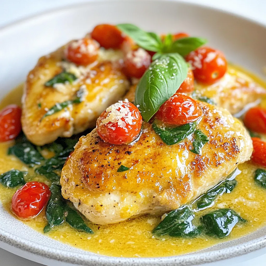 For a delicious Creamy Tuscan Garlic Chicken, you will need: - 4 boneless, skinless chicken breasts - 2 tablespoons olive oil - 4 cloves garlic, minced - 1 cup cherry tomatoes, halved - 1 cup fresh spinach - 1 cup heavy cream - ½ cup grated Parmesan cheese - 1 teaspoon Italian seasoning - Salt and pepper to taste These ingredients create a rich and satisfying dish. The chicken brings protein, while the heavy cream adds creaminess. Garlic and tomatoes give it bold flavor. Fresh spinach adds color and nutrients. You can enhance your meal with these garnishes: - Fresh basil leaves - Extra grated Parmesan cheese Basil adds a fresh taste, while more cheese makes it even richer. These garnishes also make the dish look nice. You will need a few simple tools to make this dish: - A large skillet - A spatula - A cutting board - A knife Using the right tools helps make cooking easier. A large skillet is key for cooking chicken and sauce together. A good knife will help you chop the garlic and tomatoes easily. {{ingredient_image_1}} First, take your chicken breasts. Season them with salt, pepper, and Italian seasoning. Make sure to coat both sides well. This step adds great flavor. Set the chicken aside as you prepare to cook. Heat olive oil in a large skillet over medium heat. Once hot, add the seasoned chicken breasts. Cook them for about 6-7 minutes on each side. You want them golden brown and cooked through. When done, remove the chicken from the skillet and set it aside. In the same skillet, add minced garlic. Sauté it for about 30 seconds. You’ll know it’s ready when it smells great. Next, add halved cherry tomatoes. Cook them for 3-4 minutes until they soften. Then, lower the heat. Pour in the heavy cream and stir well. Bring the mixture to a gentle simmer. Add grated Parmesan cheese and stir until it melts. This makes the sauce creamy. Now, mix in fresh spinach. Cook it for about 1-2 minutes until it wilts. Return the cooked chicken to the skillet. Coat the chicken in the creamy sauce. Let everything simmer together for 2 minutes. This helps the flavors blend nicely. Serve the chicken hot, drizzled with the sauce and top with fresh basil leaves. Enjoy your delicious meal! To get juicy chicken, start with thin breasts. Thin pieces cook faster and stay moist. Season both sides well with salt, pepper, and Italian seasoning. Heat olive oil in a skillet until hot. Cook the chicken for 6-7 minutes per side. Look for a golden brown color on the outside. Use a meat thermometer to check doneness. The chicken should reach 165°F. Let the chicken rest for a few minutes after cooking. This step keeps it juicy. You can change this dish by adding different herbs. Try rosemary or thyme for a new taste. For a spicy kick, add red pepper flakes while cooking the garlic. You can also swap in sun-dried tomatoes instead of cherry tomatoes. They add a nice tang. If you love mushrooms, add them to the garlic for extra depth. Use coconut cream instead of heavy cream for a dairy-free option. Each change can give you a fresh flavor to enjoy. Creamy Tuscan garlic chicken pairs well with many sides. Serve it over pasta for a filling meal. Rice also works great, soaking up the creamy sauce. For a lighter option, try a fresh salad. A mix of greens with a simple vinaigrette complements the dish nicely. Roasted vegetables like broccoli or asparagus add color and nutrition. You can even serve it with crusty bread to soak up extra sauce. Each side enhances the meal and makes it special. Pro Tips Use Fresh Ingredients: Always opt for fresh chicken, spinach, and tomatoes for the best flavor and texture in this dish. Don’t Overcook the Chicken: To keep the chicken juicy, monitor the cooking time and use a meat thermometer to check for an internal temperature of 165°F (75°C). Customize Your Sauce: Feel free to add mushrooms or bell peppers for added flavor and nutrition in the creamy sauce. Serve with a Side: Pair this dish with pasta, rice, or a fresh salad to enhance the meal and soak up the delicious sauce. {{image_2}} You can add various vegetables to make the dish even better. Try bell peppers for sweetness. Zucchini or mushrooms can bring extra flavor and texture. Toss in some broccoli or asparagus for a healthy crunch. Simply sauté them with the garlic before adding the cream. This adds color and nutrients to your meal. If you want to switch things up, use other proteins. Pork chops or turkey cutlets work well in this recipe. For a seafood twist, try shrimp or scallops. Just adjust the cooking time as needed. Fish fillets like salmon can also be a tasty choice. These options keep the creamy sauce while adding new flavors. To make this dish gluten-free, choose the right ingredients. Most of the core ingredients are already gluten-free. Just check your Parmesan cheese and any seasoning blends. Serve it over gluten-free pasta or rice for a complete meal. You can enjoy this creamy dish without worrying about gluten. To store your creamy Tuscan garlic chicken, let it cool first. Place it in an airtight container. This will keep the flavors fresh. Store it in the fridge for up to three days. If you want to keep it longer, freezing is a great option. When you’re ready to eat your leftovers, reheat them gently. You can use a skillet over low heat. Add a splash of cream or broth to keep the sauce smooth. Stir often until it’s heated through. You can also use a microwave, but heat in short bursts. Check often to avoid overcooking the chicken. If you want to freeze this dish, it’s best to do it without the fresh spinach. Spinach can become mushy when thawed. Store the chicken and sauce in a freezer-safe container. It will last for up to three months in the freezer. When ready to eat, thaw it overnight in the fridge before reheating. Yes, you can use other cheeses. If you want a different taste, try mozzarella or Gouda. These cheeses melt well and add creaminess. For a sharper flavor, consider using cheddar. Each cheese brings its own twist to the dish. Experiment with what you like best! To check if the chicken is done, use a meat thermometer. The internal temperature should reach 165°F (75°C). If you don’t have a thermometer, cut into the thickest part of the chicken. The meat should be white and juices should run clear. Avoid any pink color to ensure it’s safe to eat. Yes, you can prepare this dish ahead of time. Cook the chicken and sauce separately. Store them in airtight containers in the fridge. When ready to serve, reheat the chicken in a skillet. Add the sauce and warm it all together. This method keeps flavors fresh and tasty! We covered the main ingredients, cooking steps, and tips for perfect chicken. You learned how to make a creamy sauce, add flavors, and store leftovers. Enjoy experimenting with variations like vegetables or different proteins. Remember to cook chicken fully and try new cheese types for added taste. With these tips, you can create a delicious dish that fits your taste and dietary needs.