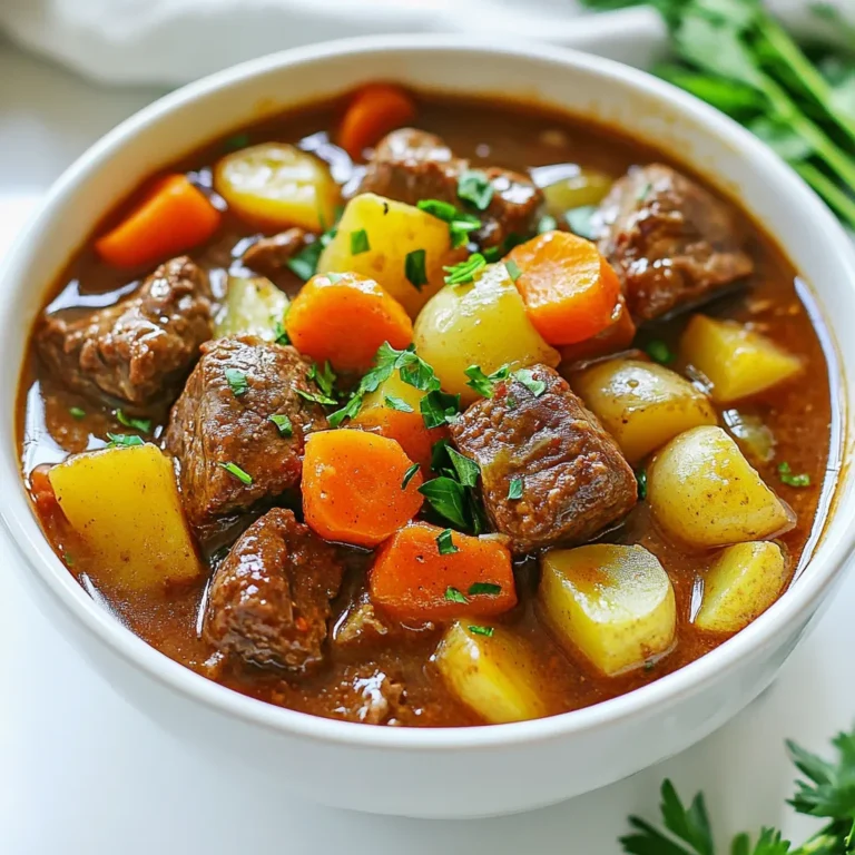 - 2 lbs beef chuck, cut into 1-inch cubes - 1 medium onion, chopped - 3 cloves garlic, minced - 4 carrots, sliced - 3 stalks celery, chopped - 3 medium potatoes, diced - 4 cups beef broth - 2 tablespoons tomato paste - 1 teaspoon dried thyme - 1 teaspoon smoked paprika - 1 bay leaf - Salt and pepper to taste - 2 tablespoons olive oil (for sautéing) Beef chuck is perfect for stew. It gets tender and full of flavor. The vegetables add sweetness and texture. Onions and garlic give a great base for the stew. - Additional herbs or spices, like rosemary or bay leaves - Thickening agents, such as cornstarch or flour You can add herbs for more flavor. If you want a thicker stew, use cornstarch. Mix it with water, then stir it in at the end. - Serve with crusty bread or rice - Garnish with fresh parsley Crusty bread is great for dipping. It soaks up the rich broth. Fresh parsley adds a pop of color and freshness. Enjoy your meal! {{ingredient_image_1}} - Sautéing the beef First, grab your Instant Pot and set it to sauté. Pour in 2 tablespoons of olive oil. Wait until it shimmers. Then, add 2 lbs of beef chuck cubes. Brown the beef in batches. This takes about 5 to 7 minutes. Once browned, remove the beef and set it aside. - Cooking the aromatics Now, in the same pot, add the chopped onion and minced garlic. Sauté them for about 2 to 3 minutes. You want the onion to turn translucent and the garlic to smell good. - Adding vegetables and seasonings Next, add the sliced carrots, chopped celery, and diced potatoes to the pot. Stir them for about 2 minutes to mix. Then, return the browned beef to the pot. Pour in 4 cups of beef broth and add 2 tablespoons of tomato paste. Sprinkle in 1 teaspoon of dried thyme, 1 teaspoon of smoked paprika, and toss in a bay leaf. Season with salt and pepper to taste and stir well. - Setting up the Instant Pot Close the lid of the Instant Pot. Set the valve to sealing. Cook on high pressure for 35 minutes. - Natural release method After the cooking time is up, let the pressure release naturally for about 10 to 15 minutes. Then, switch the valve to venting to let out any remaining steam. Now, you are ready for the next steps in your beef stew journey! Browning meat properly Browning beef is key. It adds flavor. Heat your Instant Pot on sauté mode. Add olive oil until it shimmers. Cook beef in batches. This prevents steaming. Brown each side for about five to seven minutes. Take out the beef and set it aside. This step makes your stew rich. Choosing the right cut of beef Use beef chuck for the best results. It has the right fat content. This fat keeps the meat tender. Other cuts may dry out. Look for marbling. This means fat running through the meat. It adds flavor and moisture. Common mistakes and solutions Sometimes, stew can turn out bland. Always taste before serving. If it lacks flavor, add more salt or pepper. You can also add a splash of Worcestershire sauce. If the stew is too thin, use a cornstarch slurry. Mix one tablespoon of cornstarch with two tablespoons of water. Stir this into the stew while sautéing until it thickens. Adjusting flavors Each ingredient has its own taste. If you want more depth, try adding herbs. Fresh parsley or thyme work well. If you like spice, add a pinch of red pepper flakes. Experiment with flavors until you find what you like. Tips for high-altitude cooking If you live at a high altitude, cooking times may change. The pressure in the pot is different. Increase cooking time by about 10-15 minutes. Make sure to check your stew for doneness. You might need more liquid too. Add extra broth to keep it moist. Pro Tips Brown the Meat Well: Ensure to brown the beef in batches to develop a rich flavor and prevent steaming. Use Fresh Herbs: For a brighter flavor, consider adding fresh thyme or parsley towards the end of cooking. Customize Your Vegetables: Feel free to swap in your favorite vegetables such as parsnips or peas for variety. Thicken to Your Liking: If you prefer a thicker stew, create a cornstarch slurry and add it during the final sauté step. {{image_2}} You can easily swap the beef for other meats. Try using pork or chicken for a twist. Both options cook well and bring unique flavors. If you prefer a meat-free option, you can use mushrooms or lentils. They absorb flavors and add heartiness. To boost the flavor, consider adding wine. Red wine pairs nicely with beef. You can also try adding beer for a different taste. For spice, consider adding a pinch of cayenne or crushed red pepper flakes. This adds warmth without overpowering the dish. Use seasonal vegetables to keep your stew fresh. In spring, add peas or asparagus for a light touch. Summer is perfect for zucchini or green beans. In fall, use butternut squash or sweet potatoes. Winter calls for root vegetables like parsnips or turnips to enhance warmth. To store leftover beef stew, allow it to cool first. Then, place it in an airtight container. You can keep it in the fridge for up to three days. If you plan to eat it later, make sure to label the container with the date. This helps you track how long it has been stored. If you want to freeze beef stew, let it cool completely. Pour it into freezer-safe bags or containers. Remove as much air as possible to prevent freezer burn. You can freeze it for up to three months. When you're ready to eat it, move it to the fridge for a night to thaw. The best way to reheat beef stew is on the stove. Pour the stew into a pot and heat it over medium heat. Stir it often to make sure it heats evenly. You can also use the microwave. Place the stew in a microwave-safe bowl and cover it. Heat it in short bursts, stirring in between, until it’s hot. Remember to check the temperature before serving. Beef stew lasts about 3 to 4 days in the fridge. Store it in an airtight container. Always check for any strange smell or color before eating. If you want it to last longer, consider freezing it. Yes, you can use frozen vegetables in beef stew. They save prep time and are convenient. Just add them to the pot during the last few minutes of cooking. This helps them stay tender and not mushy. Beef stew pairs well with several sides. Here are some great options: - Crusty bread for dipping - Rice to soak up the sauce - Mashed potatoes for a creamy texture - A fresh garden salad for crunch To thicken beef stew, you have a few options: - Use a cornstarch slurry. Mix 1 tablespoon of cornstarch with 2 tablespoons of water. Stir it into the stew while it simmers. - Add mashed potatoes or flour to the stew. This will naturally thicken it as it cooks. - Let the stew simmer longer with the lid off to reduce liquid. You can skip browning the meat, but it will change the flavor. Browning adds depth and richness. If you choose not to brown, just add the meat directly to the pot with other ingredients. The stew will still taste good but may lack some of the savory notes. In this post, we explored the key ingredients for beef stew, including beef chuck, vegetables, and seasonings. We covered step-by-step instructions that guide you from preparation to pressure cooking. Tips offered best practices for browning meat and troubleshooting common issues. Plus, we discussed variations and storage methods for leftovers. Beef stew is a flexible dish that you can adapt to your taste. With these tips, you can create a meal that warms the heart. Enjoy the process and share your new beef stew with others!