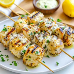 - 1 ½ lbs chicken breast, cut into 1-inch cubes - ½ cup ranch dressing - 3 cloves garlic, minced - ½ cup grated Parmesan cheese - 1 tablespoon olive oil - 1 teaspoon garlic powder - ½ teaspoon black pepper - ½ teaspoon smoked paprika - Fresh parsley, chopped (for garnish) - Skewers (wooden or metal) The key to these skewers is the marinated chicken. I use fresh chicken breast, cut into cubes. This helps the chicken cook evenly. The ranch dressing adds a creamy taste. I love adding minced garlic for a punch of flavor. For the extra zest, I sprinkle grated Parmesan cheese on top. It melts and creates a savory crust. Olive oil keeps the chicken moist while grilling. Garlic powder, black pepper, and smoked paprika bring out all the great flavors. Fresh parsley not only adds color but also a fresh taste. Finally, I use skewers to hold everything together. You can choose wooden or metal ones, just remember to soak wooden skewers before grilling. This mix of ingredients makes for a fun and tasty dish. Each bite is juicy and packed with flavor. You will love how they turn out every time! {{ingredient_image_1}} - In a large bowl, combine ranch dressing, minced garlic, olive oil, garlic powder, black pepper, and smoked paprika. - Whisk the ingredients until they mix well and become smooth. This marinade packs in flavor! - Add the cubed chicken to the marinade. Make sure each piece is coated fully. - Cover the bowl with plastic wrap. Place it in the fridge for 30 minutes to 2 hours. A longer marination gives better flavor. - Preheat your grill to medium-high heat. If you use wooden skewers, soak them in water for 15-20 minutes. This prevents burning. - Thread the marinated chicken onto the skewers. Leave a bit of space between each piece for even cooking. - Remove the skewers from the marinade, then sprinkle grated Parmesan over the chicken. - Grill the skewers for about 10-12 minutes. Turn them occasionally. Make sure the chicken reaches an internal temperature of 165°F (75°C). - After grilling, let the skewers rest for a few minutes. This helps keep them juicy. - Always preheat your grill to medium-high heat for the best flavor. - Space the chicken pieces on the skewers to cook evenly. - Let the chicken marinate longer for more flavor. Aim for up to 2 hours. - Use a bowl made of glass or plastic. This keeps the flavors pure. - Serve with extra ranch dressing for a tasty dip. - Add lemon wedges to brighten up the dish. Pro Tips Marinate Longer for Flavor: For the best flavor, marinate the chicken for at least 2 hours, or even overnight if you have the time. Perfectly Soaked Skewers: If using wooden skewers, soaking them in water for at least 20 minutes prevents them from burning on the grill. Check Doneness: Always use a meat thermometer to ensure your chicken reaches an internal temperature of 165°F (75°C) for safe consumption. Garnish for Presentation: A sprinkle of fresh parsley not only adds color but also enhances the dish’s freshness and flavor. {{image_2}} You can switch the chicken for shrimp or firm tofu. Shrimp cooks fast and adds a sweet taste. Tofu absorbs the flavors well, making it a great choice for vegetarians. Both options make this dish fun and unique. Try different dressings like blue cheese or Caesar for a twist. They add richness that pairs well with the chicken. You can also throw in veggies like bell peppers or zucchini. These add color and crunch. Grilled vegetables taste great and boost nutrition. If you can't grill, the oven broiler works too. It cooks the skewers quickly and gives a nice char. Air frying is another option for a quick meal. It cooks the skewers evenly and keeps them juicy. Both methods yield delicious results, so you can enjoy this recipe anytime. Refrigerate leftovers in an airtight container for up to 3 days. This keeps the chicken fresh and safe to eat. Make sure to let the skewers cool down before sealing them. Freeze skewers before grilling for up to 2 months. This helps save time later. Marinate the skewers when you are ready to grill them. Just remember to let them thaw in the fridge overnight before cooking. Reheat in the oven or microwave until heated through. Avoid overcooking, as this can make the chicken dry. For best results, use a low heat setting to warm them gently, keeping their juicy flavor intact. Yes, but thaw completely before marinating. Frozen chicken can work, but it needs to be safe. Thaw your chicken in the fridge overnight or in cold water for faster results. This will help it absorb the flavors of the marinade better. You can substitute with your favorite creamy dressing or make a homemade version. Some options include blue cheese, Caesar, or even a yogurt-based dressing. Feel free to get creative! Making your own dressing can add a personal touch and adjust the taste to your liking. Ensure chicken reaches an internal temperature of 165°F (75°C). Use a meat thermometer to check the thickest part of the chicken. This step is key to avoid undercooked chicken that can be unsafe to eat. Once it hits that temp, you can enjoy your tasty skewers! This blog post shared a simple and tasty way to make chicken skewers. We went over the main and extra ingredients, preparation steps, tips for grilling, serving ideas, and how to store leftovers. I invite you to try this recipe. You can switch flavors or proteins to make it your own. Enjoy the joy of cooking and the delicious flavors these skewers bring to your table. Happy grilling!