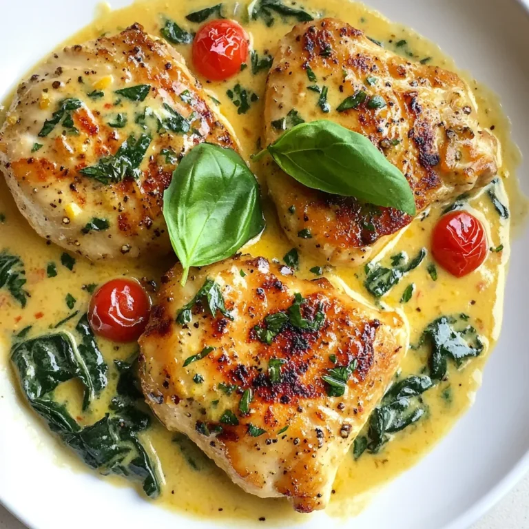 - 4 boneless, skinless chicken breasts - 2 tablespoons olive oil - 4 cloves garlic, minced - 1 cup cherry tomatoes, halved - 1 cup fresh spinach - 1 cup heavy cream - 1/2 cup grated Parmesan cheese - 1 teaspoon Italian seasoning - Salt and pepper to taste - Fresh basil leaves for garnish The key to a flavorful creamy garlic Tuscan chicken lies in the ingredients. Each one plays a special role. The chicken breasts provide a tender base. Olive oil gives a rich flavor when searing. Garlic adds a nice kick. Cherry tomatoes bring sweetness, while spinach adds freshness and color. The heavy cream forms the creamy sauce. Parmesan cheese boosts the umami taste. Italian seasoning ties it all together with herbs. Always use fresh basil leaves for garnish. They give a fragrant touch and bright color. - Large skillet - Cooking utensils - Measuring cups and spoons A large skillet is essential for cooking this dish. It helps to sear the chicken evenly. You also need cooking utensils like spatulas and tongs. Measuring cups and spoons ensure you get the right amounts. This helps the dish taste perfect every time. With the right ingredients and tools, you are set to create a meal that is both tasty and satisfying. {{ingredient_image_1}} Start by seasoning the chicken breasts. Use salt, pepper, and Italian seasoning. Make sure to coat both sides well. This adds great flavor. Next, heat olive oil in a large skillet over medium-high heat. Once hot, add the chicken. Sear it for about 5 to 7 minutes on each side. You want the chicken to be golden brown. This color means it's cooked well and adds flavor. Once done, remove the chicken from the skillet and set it aside. Now, let’s make the sauce. Lower the heat to medium and add minced garlic to the same skillet. Sauté for about 30 seconds. You want it fragrant but not burnt. Then, add the halved cherry tomatoes. Cook them for 2 to 3 minutes until they start to soften and burst. This step adds sweetness to the sauce. Next, stir in the fresh spinach. Cook it until it wilts, which takes about 2 minutes. It will add a nice green color and nutrition. Pour in the heavy cream next. Bring it to a gentle simmer. Stir in the grated Parmesan cheese. Let it melt into the sauce, creating a creamy texture. This is where the magic happens! Return the seared chicken to the skillet. Make sure to coat it well with the creamy sauce. Let everything simmer together for an additional 3 to 5 minutes. This helps the chicken soak up all those amazing flavors. Finally, taste the dish. Adjust the seasoning with salt and pepper if needed. This final touch ensures it tastes just right. To get that perfect texture for your creamy garlic Tuscan chicken, follow these tips: - Cook the chicken breasts for 5 to 7 minutes on each side. - Check that the internal temperature reaches 165°F. - If you want juicy chicken, let it rest after cooking. - Avoid overcooking by keeping an eye on the time and temp. To add more flavor to your dish, consider these spices and herbs: - Use fresh thyme or oregano for a bright taste. - Garlic powder can give an extra garlic kick if you love it. - For a spicy twist, add red pepper flakes. If you're missing an ingredient, try these alternatives: - Swap heavy cream with coconut milk for a dairy-free version. - Use feta cheese instead of Parmesan for a tangy flavor. Serving your creamy garlic Tuscan chicken well makes it even better. Here are some ideas: - Serve it on a bed of fluffy mashed potatoes or pasta. - Drizzle extra sauce over the top for a rich look. Garnishing can elevate your dish: - Add fresh basil leaves to brighten up the plate. - You can chop the basil for a finer look or leave it whole for drama. Pro Tips Perfectly Sear the Chicken: For a beautifully golden crust, make sure your skillet is hot enough before adding the chicken. Avoid overcrowding the pan to ensure an even sear. Customize the Creaminess: If you prefer a lighter sauce, you can substitute half of the heavy cream with chicken broth or use a low-fat cream alternative. Fresh vs. Dried Herbs: While dried Italian seasoning works well, using fresh herbs can elevate the flavor profile. Add fresh basil or oregano for a fragrant boost. Make it a Meal: Serve this dish over whole grain pasta or quinoa for a balanced meal, and don’t forget to include a side of roasted vegetables for added nutrition. {{image_2}} You can switch the chicken for turkey or tofu. Turkey gives a leaner option that still packs flavor. Tofu is great for plant-based diets. Choose firm tofu for the best texture. Press it to remove extra water before cooking. Cut into cubes and sear just like the chicken. This way, you still enjoy that savory taste. To make this dish gluten-free, use gluten-free pasta or rice. Check labels on cream and cheese to ensure they fit your diet. For a dairy-free version, try coconut cream or almond milk. Nutritional yeast can replace Parmesan for a cheesy flavor. These swaps keep the dish tasty while fitting your needs. Feel free to add more veggies. Zucchini, bell peppers, or mushrooms work well. These add color and nutrition to the dish. Always balance flavors by keeping the garlic and cream. Add veggies early when cooking so they soften. This way, they blend well into the sauce, enhancing the dish's overall taste. To keep your creamy garlic Tuscan chicken fresh, store it in an airtight container. This helps prevent any odors from the fridge from mixing in. Place the chicken in the fridge right after it cools down. This dish lasts about 3 to 4 days when stored properly. When it’s time to reheat, use the stovetop for the best results. Heat it over low to medium heat. This method warms the chicken gently and avoids drying it out. If the sauce seems thick, add a splash of chicken broth or cream. Stir well to refresh the sauce and keep it creamy. Yes, you can freeze creamy garlic Tuscan chicken! To freeze, let it cool completely first. Place it in a freezer-safe container or bag. Make sure to squeeze out any air before sealing. It will stay good for about 2 to 3 months. When ready to eat, thaw it overnight in the fridge. Reheat it on the stove, adding a bit of cream if needed to maintain that rich flavor. You can serve creamy garlic Tuscan chicken with several tasty sides. Here are some great options: - Mashed potatoes - Pasta with olive oil - Steamed vegetables - Rice pilaf - A fresh garden salad These sides blend well with the rich sauce. They help soak up the creamy goodness. Yes, you can prepare this dish ahead of time. Here are some tips: - Cook the chicken and sauce as usual. - Allow it to cool completely. - Store it in an airtight container in the fridge for up to three days. - Reheat gently on the stove over low heat. This method saves time on busy days. You’ll still enjoy the same delicious flavors. To ensure your chicken is fully cooked, check for these signs: - The internal temperature should reach 165°F (75°C). - The juices should run clear when you cut into it. - The meat should no longer be pink in the center. Using a meat thermometer is the best way to check. It helps prevent undercooking or overcooking your chicken. You learned how to make creamy garlic Tuscan chicken from start to finish. We covered the ingredients, tools, and the step-by-step process. I shared tips for texture and flavor, plus ideas for variations to suit your taste. Remember, cooking can be fun and creative. Feel free to experiment with ingredients! Enjoy your meal more with fresh sides and good storage practices. This dish will impress everyone at your table. Happy cooking!