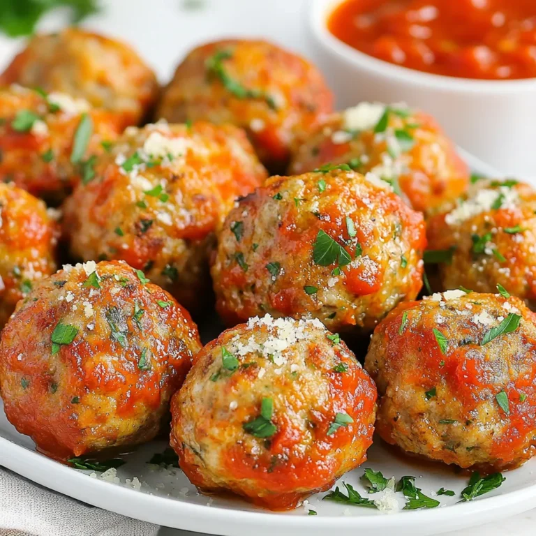 To make healthy baked turkey meatballs, you need these key ingredients: - 1 pound ground turkey - 1/2 cup whole wheat breadcrumbs - 1/4 cup grated Parmesan cheese - 1/4 cup fresh parsley, chopped - 1 large egg - 2 cloves garlic, minced - 1 teaspoon dried oregano - 1 teaspoon onion powder - 1/2 teaspoon salt - 1/4 teaspoon black pepper - 1/2 cup marinara sauce (for serving) - Cooking spray Using ground turkey keeps these meatballs light and lean. Whole wheat breadcrumbs add fiber, making them filling. The Parmesan cheese gives a nice flavor boost. Fresh parsley adds color and freshness. Each egg helps bind the meatballs. Garlic, oregano, and onion powder enhance the taste. Salt and pepper round out the flavors. Don't forget the marinara sauce; it adds moisture and richness. Cooking spray helps the meatballs not stick to the pan. Gather all these ingredients before you start. This will make cooking easy and fun. {{ingredient_image_1}} Preheating the Oven and Preparing the Baking Sheet First, you need to preheat your oven to 400°F (200°C). This helps cook the meatballs evenly. While the oven heats up, grab a baking sheet. Line it with parchment paper. Lightly spray the paper with cooking spray to help prevent sticking. This step is key for easy cleanup. Mixing the Ingredients In a large bowl, combine all the ingredients. You will need: - 1 pound ground turkey - 1/2 cup whole wheat breadcrumbs - 1/4 cup grated Parmesan cheese - 1/4 cup fresh parsley, chopped - 1 large egg - 2 cloves garlic, minced - 1 teaspoon dried oregano - 1 teaspoon onion powder - 1/2 teaspoon salt - 1/4 teaspoon black pepper Mix everything well with your hands until it is all combined. Be careful not to overmix, as that can make the meatballs tough. Shaping Meatballs: Size and Texture Tips With wet hands, start forming the mixture into meatballs. Aim for balls about 1-inch in diameter. This size cooks evenly and makes for a great bite. Place each meatball on the prepared baking sheet, leaving some space between them. This spacing helps them cook without steaming. Optimal Baking Time and Temperature Once all the meatballs are shaped, put them in the oven. Bake them for 20-25 minutes. You want them to be lightly browned on the outside. Internal Cooking Temperature for Safety To ensure they are safe to eat, check the internal temperature. It should reach 165°F (74°C). A meat thermometer is handy for this. Once they are done, let them cool for a couple of minutes before serving. To boost the taste of your turkey meatballs, add these seasonings: - 1 teaspoon smoked paprika for a smoky touch. - 1/2 teaspoon crushed red pepper for heat. - 1 tablespoon fresh basil for a fresh flavor. You can swap ingredients too. Use ground chicken instead of turkey. Try almond flour in place of breadcrumbs. If you want a dairy-free option, skip the Parmesan cheese or use nutritional yeast. Baking meatballs is easy and healthy. It keeps them moist without extra oil. Preheat your oven to 400°F (200°C). Line your baking sheet with parchment paper and spray it lightly. Shape your meatballs and leave space between them. Bake for 20-25 minutes. This method gives you a nice, browned surface without frying. For a beautiful plate, arrange the meatballs on a large platter. Drizzle warm marinara sauce over them. Garnish with fresh parsley for color. Serve with a side of steamed veggies or a fresh salad. This makes your meal look inviting and appealing. Pro Tips Use Lean Turkey: Opt for extra-lean ground turkey to keep the meatballs moist while reducing fat content. Herb Variations: Experiment with different herbs like basil or thyme for a unique flavor profile. Mixing Technique: Mix ingredients just until combined to ensure the meatballs remain tender and juicy. Batch Cooking: Make a double batch and freeze half for quick meals on busy days. {{image_2}} Adding Spices for Different Cuisines You can change the flavor of your meatballs by adding spices. For Italian meatballs, try adding basil and thyme. For a Mexican twist, use cumin and chili powder. Want to go Asian? Add ginger and soy sauce. These simple changes can bring new tastes to your meals. Incorporating Veggies for Health Boost Adding veggies to your meatballs is a great way to pack in more nutrients. Finely chop spinach or zucchini and mix them in. Carrots also add a nice sweet touch. This not only boosts health but also keeps the meatballs moist. Alternative Sauces Other Than Marinara While marinara is tasty, there are many other sauces you can use. Try BBQ sauce for a smoky flavor. A yogurt-based sauce can add creaminess and tang. If you want something spicy, go for a sriracha sauce. These options keep your meals fun and exciting. Side Dishes that Complement Meatballs Meatballs pair well with many side dishes. Serve them with a fresh salad for crunch. Roasted veggies add color and taste. You can also enjoy them with whole grain pasta or quinoa. These sides will make your meal complete and balanced. To store leftover meatballs, let them cool first. Place them in an airtight container. You can keep them in the fridge for up to three days. If you want to store them longer, freeze them. Make sure to wrap each meatball in plastic wrap. Then, place them in a freezer bag. They can last in the freezer for up to three months. Label the bag with the date to remember when you made them. When you are ready to eat your meatballs, reheating is key. The best way to reheat them is in the oven. Preheat your oven to 350°F (175°C). Place the meatballs on a baking sheet. Heat them for about 10-15 minutes. This keeps them moist and warm. You can also reheat them on the stovetop. Just put them in a pan with a little marinara sauce. Cook on low heat until warm. This method helps keep them juicy and adds flavor. Avoid using the microwave, as it can dry them out. Enjoy your tasty turkey meatballs! Can I use lean ground turkey? Yes, you can use lean ground turkey. Lean turkey makes the meatballs healthier. It helps cut down on fat. Just be sure to add enough moisture during mixing. What can I substitute for breadcrumbs? You can use oats or crushed crackers as a substitute for breadcrumbs. Both options work well. They help bind the meatballs just like breadcrumbs do. How do I know when turkey meatballs are done? Turkey meatballs are done when they reach 165°F (74°C) inside. You can use a meat thermometer for this. They should also look brown outside and firm to the touch. Can I make these meatballs ahead of time? Yes, you can make these meatballs ahead of time. You can shape them and store in the fridge for a day. You can also freeze them for later cooking. Just thaw before baking. In this post, we covered how to make delicious turkey meatballs. We started with a simple list of ingredients and followed clear steps for mixing, shaping, and baking. You learned tips to enhance flavor and variations to explore. We also discussed proper storage and reheating methods. Now, you can make tasty meatballs at home. Enjoy trying different flavors and sharing them with friends. Cook with confidence and have fun!