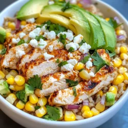 To make the Street Corn Chicken Rice Bowl, you need these key ingredients: - 1 cup brown rice - 2 cups chicken broth - 2 boneless, skinless chicken breasts - 1 teaspoon chili powder - 1 teaspoon cumin - Salt and pepper to taste - 1 cup corn kernels (fresh or canned) - 1/2 cup cotija cheese, crumbled - 1/4 cup fresh cilantro, chopped - 1/2 red onion, diced - 1 avocado, sliced - Juice of 2 limes - 1 tablespoon olive oil - 1/2 teaspoon smoked paprika These ingredients blend well to create a tasty and satisfying meal. Spices bring out the best flavors in this dish. You will use: - Chili powder for a hint of heat. - Cumin adds a warm, earthy taste. - Smoked paprika gives a nice depth. - Salt and pepper enhance all the flavors. These spices make your chicken and rice full of flavor. For extra flavor and texture, you can add some fun toppings: - More crumbled cotija cheese for creaminess. - Extra chopped cilantro for freshness. - Lime wedges for a zesty kick. - Sliced jalapeños for some heat. These toppings let you customize your bowl to your liking. {{ingredient_image_1}} Start by rinsing the brown rice under cold water. This step helps remove extra starch. In a medium pot, combine the rinsed rice and chicken broth. Bring it to a boil. Once boiling, reduce the heat to low. Cover the pot and let it simmer for about 40-45 minutes. Check when the rice is tender and the liquid is gone. Fluff the rice with a fork and set it aside. Grab your chicken breasts and season them with chili powder, cumin, smoked paprika, salt, and pepper. Heat olive oil in a skillet over medium heat. Cook the chicken for about 6-7 minutes on each side. You want it fully cooked, and the juices should run clear. After cooking, remove the chicken from the heat. Let it rest for a few minutes before slicing it into pieces. In the same skillet, add your corn and diced red onion. Sauté them over medium heat for about 5 minutes. You want the corn to heat through and get a nice caramelized look. This adds great flavor to your bowl. In a large bowl, mix the cooked rice with the sautéed corn and onion. Add the juice from the limes and half of the chopped cilantro. Stir it all together to blend the flavors. Now, it’s time to assemble your bowls. Divide the rice mixture among serving bowls. Top each bowl with sliced chicken, avocado, and crumbled cotija cheese. Add more cilantro and lime juice if you like. Enjoy your tasty meal! To fluff rice, first, rinse it under cold water. This removes extra starch. Next, cook it in chicken broth for great taste. After cooking, let it sit for a few minutes. Use a fork to gently stir and separate the grains. This way, your rice will be light and fluffy! For juicy chicken, season it well with spices like chili powder and cumin. Heat olive oil in a skillet over medium heat. Cook the chicken breasts for about 6-7 minutes on each side. Make sure the juices run clear before you take it off the heat. Letting it rest helps keep it moist. Add lime juice for a bright kick. Use fresh cilantro to boost flavor. You can also try smoked paprika for a deeper taste. Don’t forget the cotija cheese; it adds a creamy texture. Top with avocado slices for richness. Together, these flavors make the bowl really pop! Pro Tips Cook Rice Perfectly: To achieve perfectly cooked brown rice, make sure to rinse it thoroughly before cooking to remove excess starch, which can make the rice gummy. Let Chicken Rest: After cooking the chicken, let it rest for a few minutes before slicing. This allows the juices to redistribute, resulting in juicier and more flavorful chicken. Customize Your Toppings: Feel free to add your favorite toppings such as diced tomatoes, jalapeños, or a dollop of sour cream to enhance the flavors of your rice bowl. Fresh Ingredients Matter: Using fresh corn and herbs like cilantro can significantly elevate the dish's taste. If using canned corn, choose a high-quality brand for the best flavor. {{image_2}} To make a vegetarian version, skip the chicken. Use black beans or chickpeas for protein. Both options add a hearty touch. You can also grill or roast some veggies like zucchini, bell peppers, or mushrooms. This will boost flavor and texture. For the rice, consider using quinoa for added protein. Toss in extra corn and lime juice for freshness. You still get that delicious street corn vibe without meat. Want more kick? Try different peppers! Jalapeños are a great choice for heat. Dice them and add to the corn mix. If you like it milder, use sweet bell peppers. They add color and crunch without the spice. For a smoky flavor, try chipotle peppers in adobo sauce. Just chop them finely and mix in. Each pepper gives a unique twist to the bowl. This bowl is easy to make gluten-free. The main ingredients, like rice and chicken, are naturally gluten-free. Just ensure your chicken broth is gluten-free too. Many brands offer gluten-free options. If you want to add a sauce, check labels carefully. You can also swap cotija cheese for a lactose-free cheese if needed. Enjoy your meal worry-free while keeping it tasty! To keep your street corn chicken rice bowl fresh, store it in an airtight container. Place the chicken, rice, and corn mix in one container. Keep the avocado and cheese separate to avoid sogginess. You can store everything in the fridge for up to three days. Ensure you use a clean spoon each time to avoid bacteria. When you are ready to eat, reheat the rice bowl in the microwave. Use a microwave-safe dish and cover it with a damp paper towel. This helps keep moisture in. Heat it for about one to two minutes. Stir halfway through to ensure even heating. For the best flavor, add a splash of lime juice before serving. This brightens up the dish nicely! If you want to save some for later, you can freeze the rice and chicken mix. Use a freezer-safe container and leave some space for expansion. It can last up to three months in the freezer. When you are ready to eat, thaw it in the fridge overnight. Reheat as described above. Remember, the avocado and cheese should be added fresh after reheating. If you can’t find cotija cheese, try feta cheese. Feta has a similar crumbly texture. You can also use queso fresco. It adds freshness and taste to your dish. Yes, you can prepare this dish ahead of time. Cook the rice and chicken, then store them in the fridge. You can mix the warm rice with toppings right before serving. This way, you save time on busy days! To check if your chicken is done, cut into the thickest part. If the juices run clear, it’s ready. You can also use a meat thermometer. The safe internal temperature is 165°F (75°C). Absolutely! To kick up the heat, add more chili powder to the chicken. You can also use fresh jalapeños or hot sauce. Mix these in with the corn for an extra spicy punch. This blog post covered the key ingredients and steps for a Street Corn Chicken Rice Bowl. We explored cooking techniques, helpful tips, and tasty variations. You can enjoy this bowl with ease, adjusting it to your taste. Remember to store your leftovers correctly to keep them fresh. I hope you feel ready to make this dish your own and share it with friends. Enjoy every bite of your delicious creation!
