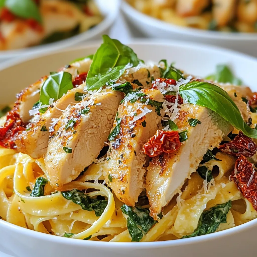 - Chicken and Pasta - 2 boneless, skinless chicken breasts - 8 ounces fettuccine pasta - Creamy Tomato Sauce Components - 2 teaspoons olive oil - 2 cloves garlic, minced - 1 cup sun-dried tomatoes, chopped - 1 cup heavy cream - 1 cup chicken broth - 1 cup fresh spinach - ½ cup grated Parmesan cheese - Seasonings and Garnishes - 1 teaspoon Italian seasoning - Salt and pepper to taste - Fresh basil leaves for garnish To make Marry Me Chicken Pasta, you need these simple ingredients. The chicken and pasta form the base of the dish. The creamy sauce comes from the heavy cream and chicken broth, mixed with garlic and sun-dried tomatoes for flavor. Fresh spinach adds color and nutrition. Do not forget the seasonings! Salt, pepper, and Italian seasoning will boost the taste. Finally, fresh basil and Parmesan cheese make the dish look and taste amazing. Each ingredient plays a key role and brings this dish to life. Enjoy the process of gathering these items; they will come together to create something truly special. {{ingredient_image_1}} - Boiling and Draining Fettuccine: Start by bringing a large pot of salted water to a rolling boil. Add 8 ounces of fettuccine pasta. Cook according to the package instructions until al dente. This usually takes about 8 to 10 minutes. Once cooked, drain the pasta and set it aside. - Achieving Perfect Al Dente: To get the perfect al dente pasta, taste it a minute or two before the time is up. It should be firm but not hard. This texture holds up well in the sauce. - Seasoning the Chicken Breasts: Take 2 boneless, skinless chicken breasts. Season both sides with salt and pepper. This simple step adds flavor to the chicken, making it tasty. - Cooking Techniques for Juicy Chicken: Heat 2 teaspoons of olive oil in a large skillet over medium heat. Once hot, add the chicken. Cook for about 5 to 7 minutes on each side until golden brown. The chicken should be fully cooked and juicy. - Flavoring with Garlic and Sun-Dried Tomatoes: In the same skillet, add 2 cloves of minced garlic. Sauté for about 30 seconds until fragrant. Then, add 1 cup of chopped sun-dried tomatoes. Cook for another 2 minutes to enhance the flavor. - Thickening with Cream and Chicken Broth: Pour in 1 cup of chicken broth and 1 cup of heavy cream. Stir well. Add 1 teaspoon of Italian seasoning. Let this mixture simmer for about 5 minutes until it thickens slightly. - Adding Spinach and Parmesan: Stir in 1 cup of fresh spinach and ½ cup of grated Parmesan cheese. The spinach will wilt, and the cheese will melt, making the sauce creamy and delicious. - Tossing Pasta with Sauce and Chicken: Slice the cooked chicken and return it to the skillet. Add the drained fettuccine. Gently toss everything together to coat the pasta in the sauce. Heat for another minute to warm it up. - Adjusting Seasoning: Taste the pasta and sauce. If needed, adjust the seasoning with more salt and pepper. This step ensures every bite is flavorful. - Best Serving Practices: Serve the pasta in deep bowls. Garnish with fresh basil leaves and an extra sprinkle of Parmesan cheese. This adds a nice touch and makes the dish look great. - Cooking Time for Chicken: Cook chicken breasts for 5-7 minutes on each side. This ensures they are golden brown and juicy. Always check for a temperature of 165°F to ensure safety. - Avoiding a Watery Sauce: To keep your sauce thick, simmer it longer. The cream and broth will reduce, making the sauce creamy and rich. Avoid adding too much liquid at once; adjust slowly. - Overcooking the Pasta: Follow the package instructions closely. Cook the fettuccine until it is al dente. This means it should have a slight bite when you chew it. - Skipping Key Ingredients: Each ingredient plays a role in flavor. Do not skip the sun-dried tomatoes or Parmesan cheese. These add depth and richness that you cannot replace. - Essential Kitchen Tools: You will need a large pot for boiling pasta and a skillet for cooking chicken. A sharp knife and cutting board are also important for slicing the chicken. - Recommended Cookware: Use a non-stick skillet for easy cooking and cleanup. A good quality pot makes boiling pasta easier, ensuring even cooking. Pro Tips Chicken Tenderness: To ensure your chicken stays juicy, avoid overcooking it. Use a meat thermometer; chicken should reach an internal temperature of 165°F (75°C). Perfect Pasta: To prevent the fettuccine from sticking, make sure to stir it occasionally while cooking and rinse it with cold water after draining if you're not serving it immediately. Flavor Boost: For extra flavor, consider marinating the chicken in Italian dressing or a mix of olive oil, garlic, and herbs for at least 30 minutes before cooking. Freshness Matters: Always use fresh spinach for the best texture and flavor. If you must use frozen, make sure to thaw and drain it thoroughly before adding it to the sauce. {{image_2}} Alternatives for Heavy Cream You can swap heavy cream for half-and-half or coconut cream. This change keeps the sauce rich but lowers fat. Use Greek yogurt for a lighter option. Just stir it in after cooking to avoid curdling. Different Pasta Choices Fettuccine is great, but you can try penne or rigatoni. These shapes hold sauce well. You can also use whole wheat or chickpea pasta for a healthy twist. Each option adds its own flavor and texture. Adding Vegetables or Protein Feel free to toss in bell peppers or mushrooms for extra color. Broccoli or zucchini also works well. If you want more protein, add shrimp or cooked sausage. These additions make the dish heartier and more nutritious. Herbs and Spice Variations Want a kick? Add red pepper flakes for spice. Fresh herbs like thyme or parsley brighten the dish. You can also use dried herbs if fresh isn't available. Each herb brings a unique taste to the pasta. Gluten-Free Options Use gluten-free pasta to make this dish suitable for everyone. Rice or quinoa pasta are good choices. Just make sure to follow the cooking time on the package for best results. Low-Calorie Substitutes For a lighter meal, you can cut down on cream by using broth. You can also reduce cheese or use a low-fat version. Try adding more spinach to increase volume without extra calories. To keep your Marry Me Chicken Pasta fresh, follow these tips: - Refrigeration: Cool the pasta to room temp first. Then, store it in the fridge within two hours to prevent bacteria growth. - Containers: Use airtight containers. Glass or plastic containers work well. They keep the pasta fresh and prevent odors from mixing. When it’s time to enjoy your leftovers, here’s how to reheat: - Preserving Texture: Add a splash of chicken broth or cream before reheating. This helps keep the pasta creamy and tasty. - Microwave vs. Stovetop Heating: For quick reheating, use the microwave. Heat in short bursts. Stir in between. For stovetop, use a skillet. Heat over low heat, stirring gently. If you want to freeze it, follow these steps: - Safe Freezing: Cool the dish completely. Then, portion it into freezer-safe bags or containers. Squeeze out excess air to avoid freezer burn. - Thawing Tips: To thaw, place it in the fridge overnight. For quick thawing, use the microwave. Reheat slowly on the stovetop to restore its creamy texture. You can use fresh tomatoes instead. Just chop them up and sauté them in the skillet. This adds a juicy texture but less intense flavor. You could also try roasted red peppers for a sweet twist. They give a nice color and taste. Marry Me Chicken Pasta stays good for about three to four days. Make sure to store it in an airtight container. This helps keep it fresh and tasty. When you want to eat it again, check for any off smells. If it smells fine, it's good to go. Yes, you can! Cook the chicken and pasta, then store them separately. This keeps the pasta from getting too soggy. When you're ready to eat, just heat them up and add the sauce. It saves time and still tastes great. The stovetop is best for reheating. Just add a splash of water or broth to a skillet. Heat it on low and stir gently. This keeps the pasta creamy and prevents it from drying out. You can also use the microwave, but stir every 30 seconds for even heating. Absolutely! Swap the chicken for mushrooms or eggplant. These add a nice meaty texture. Use vegetable broth instead of chicken broth. Keep the sun-dried tomatoes and cream for flavor. This version is just as delicious and full of flavor! In this article, we explored the key ingredients for Marry Me Chicken Pasta, including chicken, pasta, and a creamy sauce. I outlined how to cook each component for the best taste and texture. Tips helped avoid common mistakes and suggested variations for dietary needs. Remember to store leftovers properly and follow reheating tips for great flavor. Enjoy your dish, and don’t hesitate to customize it to suit your taste. With these steps, you’ll create a meal that impresses everyone!