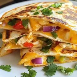 - 2 cups cooked chicken, shredded - 1 cup BBQ sauce (your favorite brand) - 1 cup shredded cheddar cheese - 1 cup shredded mozzarella cheese - 8 whole wheat or flour tortillas - 1/2 cup red onion, thinly sliced - 1/2 cup bell peppers (any color), sliced - 1 tablespoon olive oil - Fresh cilantro for garnish - Sour cream or Greek yogurt for serving (optional) Use a BBQ sauce that you enjoy. It adds a lot of flavor. Choose a sauce with balanced sweetness and spice. Some brands are sweeter, while others are tangy or smoky. Try a few to find your favorite. Look for natural ingredients in sauces for better taste. If you want, use rotisserie chicken instead of cooking your own. You can also swap out the cheeses. Pepper Jack cheese adds a spicy kick. For a lighter option, use corn tortillas. If you like veggies, add spinach or mushrooms. These changes can make your quesadillas unique! {{ingredient_image_1}} 1. Start by mixing the shredded chicken and BBQ sauce in a bowl. Make sure all the chicken gets coated with the sauce. 2. Slice the red onion and bell peppers thin. This will help them cook fast. 1. Heat a large skillet over medium heat. Add the olive oil and let it warm up. 2. Add the sliced onions and peppers to the skillet. Cook for 3-4 minutes until they soften. 3. Take a tortilla and spread the BBQ chicken mix on half of it. 4. Sprinkle a mix of cheddar and mozzarella cheese on top of the chicken. 5. Fold the tortilla to make a half-moon shape. Place it in the skillet. 6. Cook for about 3-4 minutes on each side. Look for a golden brown color and melted cheese. 7. Repeat this with the rest of the tortillas. 8. Slice the quesadillas into wedges and sprinkle with fresh cilantro. 9. Serve with sour cream or Greek yogurt if you like. - Keep the heat at medium to avoid burning the tortillas. - Use a spatula to press down on the quesadilla for even cooking. - Let the quesadillas rest for a minute before slicing. This helps keep the cheese inside. - Experiment with different BBQ sauces to find your favorite flavor! To get crispy quesadillas, use medium heat. Too high heat burns them. Use enough oil in the pan to coat it well. This keeps the tortillas from sticking. Flip them carefully to avoid spilling the filling. Cook each side for about 3-4 minutes. Wait until they turn golden brown for the best crunch. For this recipe, I love using cheddar and mozzarella. They melt well and add great flavor. You can also try pepper jack for a little heat. If you want more depth, add some gouda. Mixing cheeses gives you a nice blend of taste and texture. Season your filling to boost flavor. I suggest adding garlic powder and onion powder. A touch of cumin adds warmth. If you like a kick, try some chili powder. Fresh cilantro is great too; add it right before serving. This makes your quesadillas pop with flavor! Pro Tips Use Leftover Chicken: This recipe is perfect for using up leftover rotisserie chicken or any cooked chicken you have on hand, saving time and reducing waste. Customize Your Cheese: Feel free to mix and match your favorite cheeses! Pepper jack or gouda can add an extra kick or unique flavor to your quesadillas. Don’t Overfill: Be careful not to overfill your quesadillas, as this can make them difficult to flip and lead to spills. A good rule of thumb is to use about 1/2 cup of filling per quesadilla. Keep It Warm: If you're making multiple quesadillas, keep the cooked ones warm in a low oven (around 200°F) while you finish the rest to ensure they stay nice and melty. {{image_2}} To add heat, mix in chopped jalapeños with your BBQ chicken. You can also use spicy BBQ sauce. This gives a nice kick. Just be careful; you want to balance the flavors. A little heat goes a long way. You can make a great vegetarian version too. Swap the chicken for grilled veggies. Use a mix of zucchini, mushrooms, and bell peppers. Add BBQ sauce for flavor. Cheese options like cheddar or mozzarella work well here, too. This dish stays tasty and filling without meat. Want to add more? Try black beans or corn. They add texture and flavor. Spread a layer of black beans before the chicken. Corn adds a sweet crunch. This will make your quesadilla more hearty and fun. Experiment with your favorite ingredients for a unique twist! To store leftover quesadillas, let them cool first. Place them in an airtight container. You can also wrap them in foil or plastic wrap. This keeps them fresh for later. Store them in the fridge for up to three days. To reheat, you can use a skillet or microwave. If using a skillet, heat it over medium. Add the quesadilla and cook for a few minutes on each side. This makes it crispy again. If using a microwave, heat for about 30 seconds. Make sure it’s warm throughout. You can freeze quesadillas for a quick meal later. Wrap each one in plastic wrap. Then place them in a freezer bag. They can last for up to three months in the freezer. When you want to eat one, thaw it in the fridge overnight before reheating. The best way to shred chicken is to use two forks. Hold one fork in each hand. Grab a piece of chicken with one fork and pull apart with the other. This method works well for warm or cold chicken. If you have a stand mixer, you can use it too. Place the chicken in the bowl and use the paddle attachment on low speed. It shreds in seconds, making it super easy. Yes, you can use store-bought BBQ chicken. This saves time and adds great flavor. Just pull apart the chicken and mix it with some extra BBQ sauce. This will help keep it juicy. It’s a quick option for busy days or when you want a fast meal. You can use many cheese types in your quesadillas. Cheddar and mozzarella are classic choices. You can also try pepper jack for some heat. Other good options are gouda, Monterey jack, or even a mix of your favorites. The more cheese, the creamier the quesadillas will be! Yes, you can make BBQ chicken quesadillas ahead of time. Prepare the filling and store it in the fridge. You can also assemble the quesadillas and keep them in the fridge, covered. When ready to eat, just cook them in a skillet. They heat up nicely, and you’ll enjoy the same great taste. In this post, we covered the key ingredients for BBQ chicken quesadillas, tips for choosing the best sauce, and how to make them extra tasty. You learned step-by-step cooking instructions and tricks for perfect results. We also discussed fun variations and important storage tips. Cooking BBQ chicken quesadillas is easy and fun. You can impress friends and family with your delicious creations. Enjoy experimenting with flavors, and make these quesadillas your own!