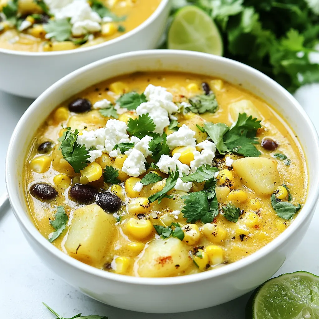- 4 cups frozen corn kernels - 1 medium onion, diced - 3 cloves garlic, minced - 2 medium potatoes, peeled and diced - 1 can (15 oz) black beans, rinsed and drained - 4 cups vegetable broth - 1 teaspoon cumin - 1 teaspoon smoked paprika - 1 teaspoon chili powder - 1 cup heavy cream (or coconut milk for dairy-free option) - 1 cup crumbled queso fresco (or feta cheese) - Fresh cilantro, chopped (for garnish) - Lime wedges (for serving) - Salt and pepper to taste I love using frozen corn kernels for this recipe. They add sweetness and texture. Diced onions and minced garlic give a solid base of flavor. Potatoes bring creaminess that makes the soup hearty. Next, I add black beans for protein and fiber. They balance the sweetness of the corn. Vegetable broth makes the soup rich and savory. The spices—cumin, smoked paprika, and chili powder—bring warmth and depth. You can use heavy cream for a rich finish, or coconut milk if you want a dairy-free option. Crumbled queso fresco adds a nice salty bite. Finally, fresh cilantro and lime wedges give a bright touch. These ingredients create a comforting and delicious bowl of soup. {{ingredient_image_1}} - Add frozen corn, diced onion, minced garlic, and diced potatoes to the slow cooker. - Pour in vegetable broth and add black beans, cumin, smoked paprika, chili powder, and seasoning. I love starting with frozen corn. It gives the soup a sweet burst. Diced onion adds a nice crunch, while minced garlic gives a strong flavor. Diced potatoes make the soup hearty. The vegetable broth helps all the ingredients blend well. Black beans add protein and fiber. Cumin, smoked paprika, and chili powder give a warm, spicy kick. Don't forget to add salt and pepper to taste. - Mix ingredients well and cover. - Cook on low for 6-8 hours or high for 3-4 hours until potatoes are tender. After mixing everything, cover your slow cooker. Cooking on low allows the flavors to develop. If you’re in a hurry, cooking on high works too. Check the potatoes after the time is up. They should be soft and easy to mash with a fork. - Use an immersion blender to create a creamy texture, blending about 1/3 of the soup. - Stir in heavy cream (or coconut milk) and crumbled queso fresco, cooking for an additional 15-20 minutes. Once cooking time is done, it’s time to blend. I like using an immersion blender. It makes it easy to blend right in the pot. Blend about a third of the soup for a creamy texture but keep some chunks for bite. After blending, add the heavy cream or coconut milk for richness. Crumbled queso fresco adds a salty flavor. Cook for another 15-20 minutes to meld all the flavors together. To boost flavor, add spices like cayenne pepper or chipotle powder. These spices bring heat and depth. Fresh herbs, like cilantro, can brighten the soup. If you use fresh corn, it adds sweetness. Frozen corn works well too, as it retains flavor. For a creamy soup, blend about one-third of it. Use an immersion blender for ease. If you prefer, blend it in a regular blender in batches. This gives a nice contrast of creamy and whole pieces. Aim for a thick yet smooth texture. Garnish your soup with fresh cilantro and a sprinkle of queso fresco. A squeeze of lime juice adds brightness and freshness. For sides, serve with crispy tortilla chips or warm bread. You can also top with avocado slices for creaminess. Pro Tips Use Fresh Corn: If you can find fresh corn, it will enhance the flavor of the soup significantly compared to frozen corn. Spice it Up: Adjust the chili powder to your heat preference. You can also add diced jalapeños for an extra kick. Vegan Option: Substitute heavy cream with coconut milk for a creamy, dairy-free version of this soup. Garnish Wisely: Fresh toppings like avocado slices and crushed tortilla chips can add a delightful crunch and flavor to each bowl. {{image_2}} You can easily adjust this soup for different diets. For vegans or vegetarians, swap heavy cream for coconut milk. This keeps the soup rich and creamy. Use vegetable broth to make it vegan-friendly. For those who need gluten-free options, all the main ingredients are gluten-free. Just double-check any packaged items, like broth. You can add more veggies to the soup. Bell peppers or carrots are great choices. Diced zucchini or sweet potatoes also work well. They bring extra flavor and nutrients. When it comes to cheese, queso fresco is a classic. However, feta cheese or even a sharp cheddar can change the taste. Try different cheeses to find your favorite. Want a spicy kick? Add jalapeños or chili peppers to the mix. They will wake up your taste buds. If you're feeling fancy, include corn tortilla strips for crunch. A few slices of avocado on top also enhance the dish. Both add texture and flavor, making your cozy soup even better. To store leftovers, let the soup cool first. Transfer it to an airtight container. You can keep it in the fridge for about 3 to 4 days. Make sure to check for any signs of spoilage before serving. If you want to save the soup for later, freezing is a great option. Use freezer-safe containers or heavy-duty freezer bags. Leave some space at the top for expansion. When you want to eat it, thaw the soup in the fridge overnight. You can also use the microwave for a quick thaw. When reheating, I suggest using the stovetop. This method helps keep the texture and flavor intact. If you prefer the microwave, use a microwave-safe bowl. Heat it in short bursts, stirring in between. This way, you avoid hot spots and get even heating. The total time for this soup is about 6 to 8 hours. You’ll spend about 15 minutes prepping the ingredients. If you cook on high, the soup takes 3 to 4 hours. I love the low setting for deeper flavors. Yes, you can make this soup a day ahead. Just store it in the fridge once it cools. Use an airtight container for best results. This way, the flavors meld even more. Reheat on the stove or in a microwave before serving. If you want a cheese swap, feta works well. It gives a similar salty taste. For a vegan option, try nutritional yeast or vegan cream cheese. Both bring great flavor without dairy. Absolutely! Fresh corn adds a sweet crunch. Use about 5-6 ears of corn. Just cut the kernels off the cob. Add them to the slow cooker with the other ingredients. Adjust the cooking time to about 5-6 hours on low or 2-3 hours on high. This blog post shared a simple and tasty corn soup recipe. You learned about the main ingredients, preparation steps, and ways to enhance the flavor. I also covered variations, storage tips, and answered common questions. With these tips, you can make a delicious soup that fits your style. Don't hesitate to experiment and make it your own. Enjoy every warm bowl of this delightful dish!