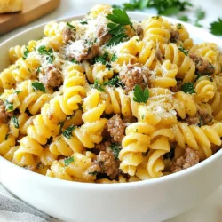 - 300g whole grain pasta - 250g lean ground beef - 1 cup Greek yogurt - 1 cup low-sodium beef broth - 1 cup chopped spinach - 1 medium onion, finely chopped - 2 cloves garlic, minced - 1 teaspoon olive oil - 1 teaspoon smoked paprika - ½ teaspoon black pepper - Salt to taste - ½ cup grated Parmesan cheese - Fresh parsley for garnish This recipe shines with high-protein ingredients. The lean ground beef gives you a strong protein source. Greek yogurt adds creaminess and more protein. Whole grain pasta brings fiber and sustenance. Together, they create a filling meal. Each serving gives you about 30 grams of protein. This amount helps with muscle repair and keeps you full. The whole dish has around 500 calories. It offers healthy fats, vitamins, and minerals, especially from spinach. Plus, you get calcium from the cheese and yogurt, supporting bone health. This meal is not just tasty; it fuels your day! {{ingredient_image_1}} To cook the pasta, fill a large pot with water and add a good amount of salt. Bring the water to a boil. Add 300g of whole grain pasta to the pot. Cook it according to the package instructions until it is al dente. This means the pasta should be firm but not hard. Once cooked, carefully drain the pasta in a colander and set it aside. Cooking pasta to al dente helps it hold its shape and texture when mixed with the sauce. In a large skillet, pour 1 teaspoon of olive oil and heat it over medium heat. Add 1 chopped onion and 2 minced garlic cloves to the skillet. Sauté for about 3-4 minutes, stirring often. You want the onion to become soft and translucent. Be careful not to burn the garlic. This step builds a strong flavor base for your dish. Now, add 250g of lean ground beef to the skillet. Break it up with a spatula as it cooks. Brown the beef for about 5-7 minutes. Make sure it is cooked through and no longer pink. If there is excess fat, tilt the skillet and drain it out. Browning the beef adds depth and richness to the flavor of your creamy beef pasta. Next, stir in 1 cup of chopped spinach, 1 teaspoon of smoked paprika, ½ teaspoon of black pepper, and salt to taste. Add the spinach just after the beef is browned. Cook for an additional 2-3 minutes, until the spinach wilts. This step adds nutrition and bright color to your dish. Reduce the heat to low and pour in 1 cup of low-sodium beef broth. Mix in 1 cup of Greek yogurt until the sauce is smooth and creamy. Let it simmer for 2-3 minutes to blend the flavors. If the sauce feels too thick, you can add a little more beef broth to reach your desired consistency. A creamy sauce makes the dish rich and satisfying. Add the cooked pasta to the creamy sauce in the skillet. Toss everything together until the pasta is well coated. Make sure each piece is covered in the creamy goodness. After mixing, stir in ½ cup of grated Parmesan cheese until it melts and combines smoothly. Adjust the seasoning if needed. This final touch enhances the dish's flavor and adds a lovely cheesy finish. To prevent pasta from sticking, add a bit of salt to the boiling water. This helps flavor the pasta and keeps it separate. Stir the pasta often while it cooks. This simple action stops it from clumping together. When you drain the pasta, avoid rinsing it. Rinsing washes away the starch that helps the sauce stick. For seasoning, I suggest tasting as you cook. Start with salt and pepper. After adding the beef, taste again. Adjust the seasoning to your liking. Smoked paprika adds a nice depth. You can also use fresh herbs for extra flavor. For lower-calorie substitutes, try using whole grain pasta. It has more fiber than regular pasta. You can also swap Greek yogurt with low-fat or non-fat versions. This keeps the creaminess while cutting some calories. If you need dairy-free options, use coconut yogurt instead of Greek yogurt. This will give you a creamy texture without the dairy. For cheese, try nutritional yeast for a cheesy flavor without the calories. To boost flavor, consider adding fresh herbs like basil or oregano. These herbs add freshness and depth. You can also sprinkle red pepper flakes for some heat. Pair this pasta with vegetables for extra nutrition. Roasted bell peppers or steamed broccoli work well. If you want more protein, add grilled chicken or shrimp. These additions create a balanced and tasty meal. Pro Tips Use Fresh Ingredients: Fresh spinach and high-quality beef will greatly enhance the flavor of your dish. Always opt for fresh whenever possible! Customize Your Pasta: Feel free to substitute whole grain pasta with your favorite type, such as gluten-free or chickpea pasta, to fit your dietary preferences. Adjusting Creaminess: If you prefer a creamier sauce, increase the amount of Greek yogurt or add a splash of heavy cream for extra richness. Meal Prep Friendly: This dish keeps well in the fridge for up to three days, making it perfect for meal prep. Just reheat and enjoy! {{image_2}} You can switch out the beef for chicken or turkey. These meats cook quickly and stay juicy. Just use the same amount as you would for beef. Ground turkey or chicken adds a lighter taste. This change makes a great meal, especially if you're watching fat intake. You can also try plant-based proteins. Lentils, chickpeas, or tofu work well. These options add fiber and nutrients. For a more meaty texture, use tempeh. Simply brown it the same way you would with beef. For those who need gluten-free options, try gluten-free pasta. Many brands offer tasty choices made from rice or quinoa. They cook similarly to regular pasta. Just make sure to check the cooking times. If you're looking for vegetarian or vegan options, skip the meat entirely. You can add extra veggies like mushrooms or bell peppers. Replace Greek yogurt with a plant-based yogurt. This keeps the creaminess while staying dairy-free. Experimenting with cheese can elevate your dish. Try using mozzarella, cheddar, or goat cheese. Each type brings its own flavor. This allows you to tailor the dish to your taste. You can also swap Greek yogurt for sour cream or cream cheese. Both options add creaminess and tang. Sour cream gives a nice bite, while cream cheese adds richness. Adjust the amount based on how creamy you want the sauce to be. To keep your creamy beef pasta fresh, place it in an airtight container. This helps prevent drying and odor from other foods. You can store it in the fridge for about 3 to 4 days. If you want it to last longer, consider freezing it. When reheating, aim to keep the pasta creamy. The best way is to use a skillet. Add a splash of beef broth or water to the skillet to help with moisture. Heat it on low, stirring often. This method keeps the texture nice. Avoid using high heat to prevent drying out. Yes, you can freeze this dish! To freeze, let it cool completely. Then, put it in a freezer-safe container. Make sure to leave some space for expansion. When you want to eat it, take it out a day before and thaw it in the fridge. Heat it gently, adding a bit of broth for creaminess. Yes, you can use many types of pasta. Whole grain pasta is best for protein. You can try penne, fusilli, or even spaghetti. Each shape holds the sauce differently. For a gluten-free option, use rice or quinoa pasta. Remember, cooking time may change based on the pasta type. This recipe works great for meal prep. You can cook it ahead and store it. Divide the pasta into containers for easy lunches. Just reheat it in the microwave. To keep it fresh, store the sauce and pasta separately if you can. This way, the pasta stays firm. To add heat, try these options: - Mix in red pepper flakes while cooking. - Add diced jalapeños for a fresh kick. - Stir in some hot sauce to taste. - Use spicy sausage instead of beef for flavor. Start with a small amount and adjust as needed. Pair this pasta with simple sides for balance. Here are some ideas: - A fresh green salad with lemon dressing. - Steamed broccoli or green beans for crunch. - Garlic bread for a hearty touch. - Roasted vegetables for added flavor. These sides complement the creamy beef and enhance your meal. This blog post covered a delicious pasta recipe, highlighting top ingredients, cooking instructions, and helpful tips. You learned how to create a flavorful dish while considering healthier changes and variations. Don't be afraid to experiment with different proteins and spices to match your taste. Remember to store leftovers properly, so you can enjoy them later. Overall, this recipe is versatile, tasty, and easy to make. I hope you feel inspired to give it a try!