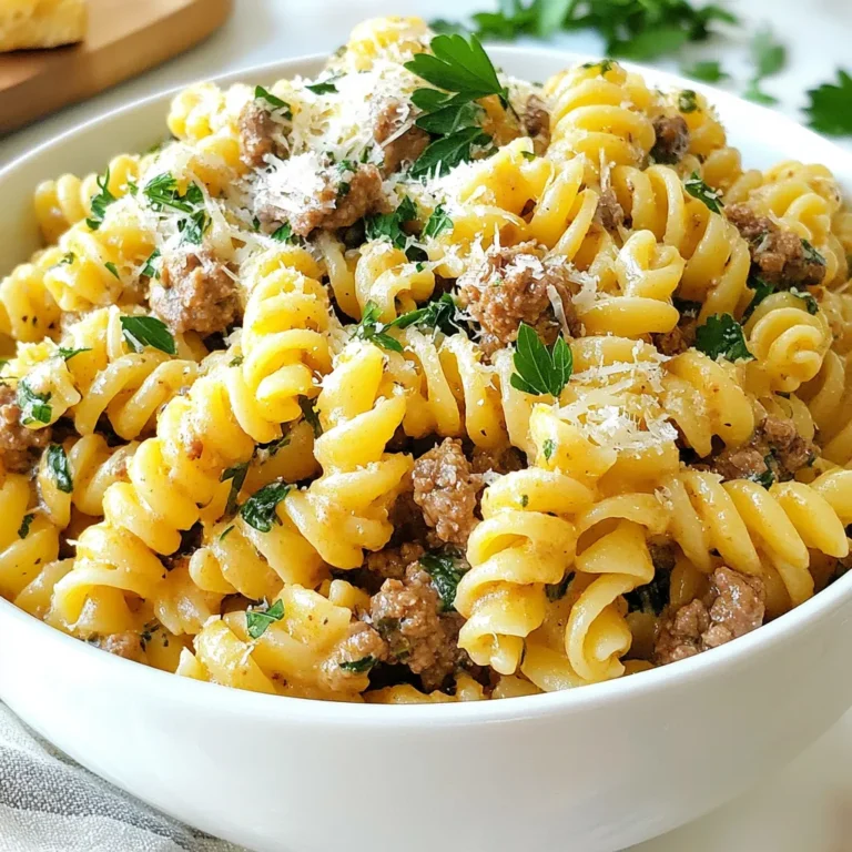 - 300g whole grain pasta - 250g lean ground beef - 1 cup Greek yogurt - 1 cup low-sodium beef broth - 1 cup chopped spinach - 1 medium onion, finely chopped - 2 cloves garlic, minced - 1 teaspoon olive oil - 1 teaspoon smoked paprika - ½ teaspoon black pepper - Salt to taste - ½ cup grated Parmesan cheese - Fresh parsley for garnish This recipe shines with high-protein ingredients. The lean ground beef gives you a strong protein source. Greek yogurt adds creaminess and more protein. Whole grain pasta brings fiber and sustenance. Together, they create a filling meal. Each serving gives you about 30 grams of protein. This amount helps with muscle repair and keeps you full. The whole dish has around 500 calories. It offers healthy fats, vitamins, and minerals, especially from spinach. Plus, you get calcium from the cheese and yogurt, supporting bone health. This meal is not just tasty; it fuels your day! {{ingredient_image_1}} To cook the pasta, fill a large pot with water and add a good amount of salt. Bring the water to a boil. Add 300g of whole grain pasta to the pot. Cook it according to the package instructions until it is al dente. This means the pasta should be firm but not hard. Once cooked, carefully drain the pasta in a colander and set it aside. Cooking pasta to al dente helps it hold its shape and texture when mixed with the sauce. In a large skillet, pour 1 teaspoon of olive oil and heat it over medium heat. Add 1 chopped onion and 2 minced garlic cloves to the skillet. Sauté for about 3-4 minutes, stirring often. You want the onion to become soft and translucent. Be careful not to burn the garlic. This step builds a strong flavor base for your dish. Now, add 250g of lean ground beef to the skillet. Break it up with a spatula as it cooks. Brown the beef for about 5-7 minutes. Make sure it is cooked through and no longer pink. If there is excess fat, tilt the skillet and drain it out. Browning the beef adds depth and richness to the flavor of your creamy beef pasta. Next, stir in 1 cup of chopped spinach, 1 teaspoon of smoked paprika, ½ teaspoon of black pepper, and salt to taste. Add the spinach just after the beef is browned. Cook for an additional 2-3 minutes, until the spinach wilts. This step adds nutrition and bright color to your dish. Reduce the heat to low and pour in 1 cup of low-sodium beef broth. Mix in 1 cup of Greek yogurt until the sauce is smooth and creamy. Let it simmer for 2-3 minutes to blend the flavors. If the sauce feels too thick, you can add a little more beef broth to reach your desired consistency. A creamy sauce makes the dish rich and satisfying. Add the cooked pasta to the creamy sauce in the skillet. Toss everything together until the pasta is well coated. Make sure each piece is covered in the creamy goodness. After mixing, stir in ½ cup of grated Parmesan cheese until it melts and combines smoothly. Adjust the seasoning if needed. This final touch enhances the dish's flavor and adds a lovely cheesy finish. To prevent pasta from sticking, add a bit of salt to the boiling water. This helps flavor the pasta and keeps it separate. Stir the pasta often while it cooks. This simple action stops it from clumping together. When you drain the pasta, avoid rinsing it. Rinsing washes away the starch that helps the sauce stick. For seasoning, I suggest tasting as you cook. Start with salt and pepper. After adding the beef, taste again. Adjust the seasoning to your liking. Smoked paprika adds a nice depth. You can also use fresh herbs for extra flavor. For lower-calorie substitutes, try using whole grain pasta. It has more fiber than regular pasta. You can also swap Greek yogurt with low-fat or non-fat versions. This keeps the creaminess while cutting some calories. If you need dairy-free options, use coconut yogurt instead of Greek yogurt. This will give you a creamy texture without the dairy. For cheese, try nutritional yeast for a cheesy flavor without the calories. To boost flavor, consider adding fresh herbs like basil or oregano. These herbs add freshness and depth. You can also sprinkle red pepper flakes for some heat. Pair this pasta with vegetables for extra nutrition. Roasted bell peppers or steamed broccoli work well. If you want more protein, add grilled chicken or shrimp. These additions create a balanced and tasty meal. Pro Tips Use Fresh Ingredients: Fresh spinach and high-quality beef will greatly enhance the flavor of your dish. Always opt for fresh whenever possible! Customize Your Pasta: Feel free to substitute whole grain pasta with your favorite type, such as gluten-free or chickpea pasta, to fit your dietary preferences. Adjusting Creaminess: If you prefer a creamier sauce, increase the amount of Greek yogurt or add a splash of heavy cream for extra richness. Meal Prep Friendly: This dish keeps well in the fridge for up to three days, making it perfect for meal prep. Just reheat and enjoy! {{image_2}} You can switch out the beef for chicken or turkey. These meats cook quickly and stay juicy. Just use the same amount as you would for beef. Ground turkey or chicken adds a lighter taste. This change makes a great meal, especially if you're watching fat intake. You can also try plant-based proteins. Lentils, chickpeas, or tofu work well. These options add fiber and nutrients. For a more meaty texture, use tempeh. Simply brown it the same way you would with beef. For those who need gluten-free options, try gluten-free pasta. Many brands offer tasty choices made from rice or quinoa. They cook similarly to regular pasta. Just make sure to check the cooking times. If you're looking for vegetarian or vegan options, skip the meat entirely. You can add extra veggies like mushrooms or bell peppers. Replace Greek yogurt with a plant-based yogurt. This keeps the creaminess while staying dairy-free. Experimenting with cheese can elevate your dish. Try using mozzarella, cheddar, or goat cheese. Each type brings its own flavor. This allows you to tailor the dish to your taste. You can also swap Greek yogurt for sour cream or cream cheese. Both options add creaminess and tang. Sour cream gives a nice bite, while cream cheese adds richness. Adjust the amount based on how creamy you want the sauce to be. To keep your creamy beef pasta fresh, place it in an airtight container. This helps prevent drying and odor from other foods. You can store it in the fridge for about 3 to 4 days. If you want it to last longer, consider freezing it. When reheating, aim to keep the pasta creamy. The best way is to use a skillet. Add a splash of beef broth or water to the skillet to help with moisture. Heat it on low, stirring often. This method keeps the texture nice. Avoid using high heat to prevent drying out. Yes, you can freeze this dish! To freeze, let it cool completely. Then, put it in a freezer-safe container. Make sure to leave some space for expansion. When you want to eat it, take it out a day before and thaw it in the fridge. Heat it gently, adding a bit of broth for creaminess. Yes, you can use many types of pasta. Whole grain pasta is best for protein. You can try penne, fusilli, or even spaghetti. Each shape holds the sauce differently. For a gluten-free option, use rice or quinoa pasta. Remember, cooking time may change based on the pasta type. This recipe works great for meal prep. You can cook it ahead and store it. Divide the pasta into containers for easy lunches. Just reheat it in the microwave. To keep it fresh, store the sauce and pasta separately if you can. This way, the pasta stays firm. To add heat, try these options: - Mix in red pepper flakes while cooking. - Add diced jalapeños for a fresh kick. - Stir in some hot sauce to taste. - Use spicy sausage instead of beef for flavor. Start with a small amount and adjust as needed. Pair this pasta with simple sides for balance. Here are some ideas: - A fresh green salad with lemon dressing. - Steamed broccoli or green beans for crunch. - Garlic bread for a hearty touch. - Roasted vegetables for added flavor. These sides complement the creamy beef and enhance your meal. This blog post covered a delicious pasta recipe, highlighting top ingredients, cooking instructions, and helpful tips. You learned how to create a flavorful dish while considering healthier changes and variations. Don't be afraid to experiment with different proteins and spices to match your taste. Remember to store leftovers properly, so you can enjoy them later. Overall, this recipe is versatile, tasty, and easy to make. I hope you feel inspired to give it a try!