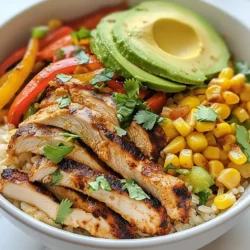 For the base of your Chicken Fajita Rice Bowls, you will need: - 1 lb boneless, skinless chicken breast, sliced - 1 red bell pepper, sliced - 1 yellow bell pepper, sliced - 1 medium onion, sliced - 2 cups cooked brown rice - 1 cup corn (fresh or canned) These ingredients create a tasty mix of protein and vegetables. The chicken provides a hearty base, while the bell peppers and onion add color and crunch. The right seasonings make this dish pop with flavor. You will want: - 2 tablespoons olive oil - 2 teaspoons chili powder - 1 teaspoon cumin - 1 teaspoon garlic powder - Salt and pepper to taste These spices give your chicken and veggies a zesty kick. Olive oil helps them cook nicely while keeping everything moist. To give your bowls a special touch, consider these toppings: - 1 avocado, sliced - Fresh cilantro, chopped (for garnish) - Lime wedges, for serving These additions add creaminess, freshness, and a burst of citrus. They elevate the dish and make it even more delicious. {{ingredient_image_1}} Start by slicing the chicken breast into thin strips. This helps it cook evenly. Next, slice the red and yellow bell peppers and the onion. Use a large bowl to combine the chicken, peppers, onion, olive oil, chili powder, cumin, garlic powder, salt, and pepper. Toss everything well. Make sure each piece is coated in the spices and oil. Heat a large skillet over medium-high heat. Add the chicken and vegetable mix to the skillet. Cook for about 10-15 minutes. Stir occasionally. You want the chicken to be cooked through and the veggies to soften. The colors will brighten, and the smell will be amazing! While the chicken cooks, prepare the brown rice if it’s not done yet. Once the chicken and veggies are ready, take a serving bowl. Layer the cooked brown rice at the bottom. Next, add the chicken and vegetable mix on top of the rice. Sprinkle corn over everything for a sweet touch. Finally, garnish your bowl with sliced avocado and chopped cilantro. Don’t forget lime wedges on the side! These add a zesty kick to your meal. Enjoy each bite of your Chicken Fajita Rice Bowl! To cook juicy chicken, start with thin slices. Thin pieces cook faster and stay moist. Use a hot skillet and add the chicken in a single layer. Avoid overcrowding the pan. This helps the chicken brown nicely. Cook for about 10-15 minutes, stirring often. Check that the chicken reaches 165°F for safe eating. If you have leftovers, they can dry out. Keep them in a sealed container with a bit of broth for moisture. Brown rice is my go-to for these bowls. It adds a nutty taste and stays firm. Cook it according to the package. For a faster option, use pre-cooked rice. You can also try quinoa for a twist. Quinoa cooks quickly and gives a fluffy texture. If you prefer white rice, that works too. Just remember, it’s softer and cooks fast. Use fresh herbs like cilantro for a bright touch. Squeeze lime juice over your bowl for zest. This adds freshness and brightens the flavors. Try adding more spices if you like heat. You can mix in jalapeños or hot sauce for a kick. For creaminess, add a dollop of sour cream or Greek yogurt. Experiment with toppings like cheese or salsa for variety. Each adds a special touch to your meal. Pro Tips Marinate the Chicken: For enhanced flavor, consider marinating the chicken in the spice mixture for at least 30 minutes or overnight in the refrigerator. Use Fresh Ingredients: Opt for fresh vegetables and herbs whenever possible to elevate the taste and nutritional value of your dish. Customize the Spice Level: Adjust the amount of chili powder to suit your heat preference; you can also add jalapeños for an extra kick! Make it a Meal Prep: This recipe is perfect for meal prepping! Store individual portions in airtight containers for quick lunches or dinners throughout the week. {{image_2}} You can easily make a vegetarian version of fajita rice bowls. Simply swap the chicken for plant-based proteins. Try using: - 1 can of black beans - 1 can of chickpeas - 1 cup of tempeh, crumbled These options add protein and texture. Cook them just like the chicken. Mix in the same spices to keep the flavor strong. If you want to switch up the protein, consider these options: - Shrimp: Cook them for about 3-4 minutes until pink. - Beef: Use thinly sliced flank steak for a rich taste. - Tofu: Firm tofu works great. Press and cube it before cooking. Each choice brings a new taste to your fajita rice bowls. You can customize the flavor of your fajita rice bowls. Here are some ideas: - Add jalapeños for heat. - Use smoked paprika for a deep, smoky flavor. - Drizzle with chipotle sauce for a spicy kick. Mix and match these tips to create a dish that suits your taste. Enjoy experimenting! After enjoying your Chicken Fajita Rice Bowls, store any leftovers in an airtight container. Allow the dish to cool down first. This helps keep the flavors fresh. Place the container in the fridge. The leftovers will stay good for up to three days. To reheat, you can use a microwave or a skillet. For the microwave, place the bowl in and heat for about two minutes. Stir halfway through to heat evenly. If using a skillet, add a splash of water and warm over medium heat. Stir often for about five minutes. This keeps the rice moist and tasty. You can freeze Chicken Fajita Rice Bowls for later meals. First, allow the dish to cool completely. Then, pack it in a freezer-safe container. Make sure to leave some space at the top for expansion. It can stay in the freezer for up to three months. When ready to eat, thaw it in the fridge overnight. Reheat as mentioned above for a quick meal. Yes, you can use other vegetables. Zucchini, mushrooms, and spinach work well. Feel free to mix and match based on what you like. Just remember to slice them thinly. This helps them cook evenly. You can also add any leftover vegetables you have. It’s a great way to reduce waste and add flavor. You can use white rice, quinoa, or cauliflower rice. White rice cooks faster and has a milder taste. Quinoa adds protein and a nutty flavor. Cauliflower rice is a low-carb option. It’s light and can soak up flavors well. Just make sure to adjust the cooking time based on what you choose. This recipe has a mild spice level. The chili powder and cumin add warmth but not heat. If you like it spicier, try adding jalapeños or cayenne pepper. You can also serve the bowls with hot sauce on the side. This lets everyone control their spice level. Enjoy customizing it to your taste! In this article, we explored how to make Chicken Fajita Rice Bowls. We covered key ingredients, cooking steps, and helpful tips. You can add your own twists with different proteins or toppings. Remember to store leftovers properly for future meals. These bowls are not only tasty but also easy to customize. Enjoy the bold flavors and make it your own. Happy cooking!