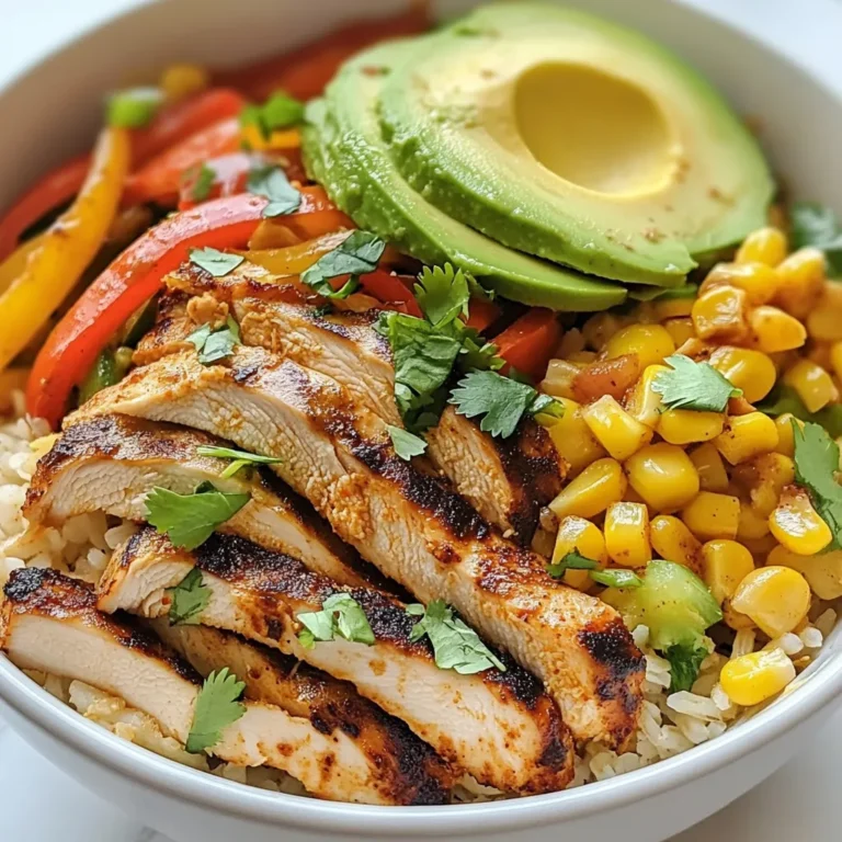 For the base of your Chicken Fajita Rice Bowls, you will need: - 1 lb boneless, skinless chicken breast, sliced - 1 red bell pepper, sliced - 1 yellow bell pepper, sliced - 1 medium onion, sliced - 2 cups cooked brown rice - 1 cup corn (fresh or canned) These ingredients create a tasty mix of protein and vegetables. The chicken provides a hearty base, while the bell peppers and onion add color and crunch. The right seasonings make this dish pop with flavor. You will want: - 2 tablespoons olive oil - 2 teaspoons chili powder - 1 teaspoon cumin - 1 teaspoon garlic powder - Salt and pepper to taste These spices give your chicken and veggies a zesty kick. Olive oil helps them cook nicely while keeping everything moist. To give your bowls a special touch, consider these toppings: - 1 avocado, sliced - Fresh cilantro, chopped (for garnish) - Lime wedges, for serving These additions add creaminess, freshness, and a burst of citrus. They elevate the dish and make it even more delicious. {{ingredient_image_1}} Start by slicing the chicken breast into thin strips. This helps it cook evenly. Next, slice the red and yellow bell peppers and the onion. Use a large bowl to combine the chicken, peppers, onion, olive oil, chili powder, cumin, garlic powder, salt, and pepper. Toss everything well. Make sure each piece is coated in the spices and oil. Heat a large skillet over medium-high heat. Add the chicken and vegetable mix to the skillet. Cook for about 10-15 minutes. Stir occasionally. You want the chicken to be cooked through and the veggies to soften. The colors will brighten, and the smell will be amazing! While the chicken cooks, prepare the brown rice if it’s not done yet. Once the chicken and veggies are ready, take a serving bowl. Layer the cooked brown rice at the bottom. Next, add the chicken and vegetable mix on top of the rice. Sprinkle corn over everything for a sweet touch. Finally, garnish your bowl with sliced avocado and chopped cilantro. Don’t forget lime wedges on the side! These add a zesty kick to your meal. Enjoy each bite of your Chicken Fajita Rice Bowl! To cook juicy chicken, start with thin slices. Thin pieces cook faster and stay moist. Use a hot skillet and add the chicken in a single layer. Avoid overcrowding the pan. This helps the chicken brown nicely. Cook for about 10-15 minutes, stirring often. Check that the chicken reaches 165°F for safe eating. If you have leftovers, they can dry out. Keep them in a sealed container with a bit of broth for moisture. Brown rice is my go-to for these bowls. It adds a nutty taste and stays firm. Cook it according to the package. For a faster option, use pre-cooked rice. You can also try quinoa for a twist. Quinoa cooks quickly and gives a fluffy texture. If you prefer white rice, that works too. Just remember, it’s softer and cooks fast. Use fresh herbs like cilantro for a bright touch. Squeeze lime juice over your bowl for zest. This adds freshness and brightens the flavors. Try adding more spices if you like heat. You can mix in jalapeños or hot sauce for a kick. For creaminess, add a dollop of sour cream or Greek yogurt. Experiment with toppings like cheese or salsa for variety. Each adds a special touch to your meal. Pro Tips Marinate the Chicken: For enhanced flavor, consider marinating the chicken in the spice mixture for at least 30 minutes or overnight in the refrigerator. Use Fresh Ingredients: Opt for fresh vegetables and herbs whenever possible to elevate the taste and nutritional value of your dish. Customize the Spice Level: Adjust the amount of chili powder to suit your heat preference; you can also add jalapeños for an extra kick! Make it a Meal Prep: This recipe is perfect for meal prepping! Store individual portions in airtight containers for quick lunches or dinners throughout the week. {{image_2}} You can easily make a vegetarian version of fajita rice bowls. Simply swap the chicken for plant-based proteins. Try using: - 1 can of black beans - 1 can of chickpeas - 1 cup of tempeh, crumbled These options add protein and texture. Cook them just like the chicken. Mix in the same spices to keep the flavor strong. If you want to switch up the protein, consider these options: - Shrimp: Cook them for about 3-4 minutes until pink. - Beef: Use thinly sliced flank steak for a rich taste. - Tofu: Firm tofu works great. Press and cube it before cooking. Each choice brings a new taste to your fajita rice bowls. You can customize the flavor of your fajita rice bowls. Here are some ideas: - Add jalapeños for heat. - Use smoked paprika for a deep, smoky flavor. - Drizzle with chipotle sauce for a spicy kick. Mix and match these tips to create a dish that suits your taste. Enjoy experimenting! After enjoying your Chicken Fajita Rice Bowls, store any leftovers in an airtight container. Allow the dish to cool down first. This helps keep the flavors fresh. Place the container in the fridge. The leftovers will stay good for up to three days. To reheat, you can use a microwave or a skillet. For the microwave, place the bowl in and heat for about two minutes. Stir halfway through to heat evenly. If using a skillet, add a splash of water and warm over medium heat. Stir often for about five minutes. This keeps the rice moist and tasty. You can freeze Chicken Fajita Rice Bowls for later meals. First, allow the dish to cool completely. Then, pack it in a freezer-safe container. Make sure to leave some space at the top for expansion. It can stay in the freezer for up to three months. When ready to eat, thaw it in the fridge overnight. Reheat as mentioned above for a quick meal. Yes, you can use other vegetables. Zucchini, mushrooms, and spinach work well. Feel free to mix and match based on what you like. Just remember to slice them thinly. This helps them cook evenly. You can also add any leftover vegetables you have. It’s a great way to reduce waste and add flavor. You can use white rice, quinoa, or cauliflower rice. White rice cooks faster and has a milder taste. Quinoa adds protein and a nutty flavor. Cauliflower rice is a low-carb option. It’s light and can soak up flavors well. Just make sure to adjust the cooking time based on what you choose. This recipe has a mild spice level. The chili powder and cumin add warmth but not heat. If you like it spicier, try adding jalapeños or cayenne pepper. You can also serve the bowls with hot sauce on the side. This lets everyone control their spice level. Enjoy customizing it to your taste! In this article, we explored how to make Chicken Fajita Rice Bowls. We covered key ingredients, cooking steps, and helpful tips. You can add your own twists with different proteins or toppings. Remember to store leftovers properly for future meals. These bowls are not only tasty but also easy to customize. Enjoy the bold flavors and make it your own. Happy cooking!