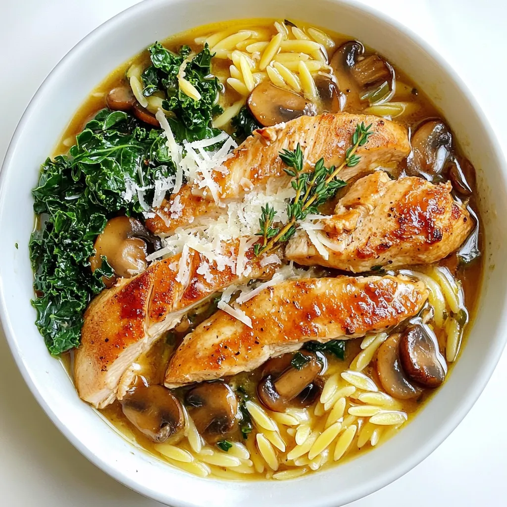 - 2 boneless, skinless chicken breasts, sliced into thin strips - 1 cup orzo pasta - 2 cups chicken broth - 1 medium onion, diced - 3 cloves garlic, minced - 1 cup mushrooms, sliced (preferably cremini or button) - 1 cup kale or spinach, chopped - 1 teaspoon dried thyme - 1 teaspoon dried oregano - 1 tablespoon olive oil - Salt and pepper to taste - Grated Parmesan cheese for serving (optional) You can swap the chicken for turkey or tofu for a lighter meal. Use vegetable broth instead of chicken broth to make it vegetarian. If you don’t have orzo, you can use any small pasta shape, like ditalini or couscous. For greens, try Swiss chard or even arugula for a peppery kick. Each serving of Marsala Chicken Orzo has about: - Calories: 400 - Protein: 30g - Carbohydrates: 50g - Fat: 10g - Fiber: 3g - Sodium: 600mg This meal is balanced, tasty, and keeps you full. It provides protein, carbs, and fiber for a healthy dish. Enjoy it knowing you’re treating yourself well! {{ingredient_image_1}} Gather all your ingredients first. This makes cooking smoother and faster. Start by slicing the chicken breasts into thin strips. Dice the onion and mince the garlic. Slice the mushrooms and chop the kale or spinach. Having everything ready helps you stay organized. 1. Heat olive oil in a large skillet over medium heat. 2. Season the chicken strips with salt, pepper, thyme, and oregano. 3. Add the chicken to the skillet and cook for 5-7 minutes. Look for a golden brown color. 4. Remove the chicken and set it aside. 5. In the same skillet, add diced onion and garlic. Sauté for 3-4 minutes until the onion is translucent. 6. Add sliced mushrooms and cook for 3-4 minutes. They should be tender. 7. Stir in the orzo and toast it lightly for 2 minutes, stirring constantly. 8. Pour in chicken broth, bring it to a boil, then reduce the heat to a simmer. 9. Cover the skillet and cook for 10-12 minutes. Stir occasionally. The orzo should be tender. 10. Add the chopped kale or spinach and the cooked chicken back into the skillet. 11. Stir well and cook for an additional 2-3 minutes until the greens are wilted. 12. Adjust seasoning with salt and pepper. If you like, sprinkle Parmesan cheese before serving. Cooking time can vary based on your stovetop. For gas stoves, you may need less time. Electric stoves often take a bit longer. Always check the doneness of the orzo. If it needs more time, give it a few extra minutes. Keep stirring occasionally to prevent sticking. Adjust as needed for even cooking. To get the best flavor from your chicken, start with simple seasoning. Use salt and pepper to bring out its natural taste. Add dried thyme and oregano for depth. I suggest using about one teaspoon of each. Coat your chicken strips well. Let them sit for a few minutes before cooking. This helps the flavors soak in. If you have extra Marsala Chicken Orzo, store it in an airtight container. Let it cool down first to avoid steaming. Keep it in the fridge for up to three days. If you want to keep it longer, use the freezer. It can last for about three months. Just remember to thaw it overnight in the fridge before reheating. When serving your dish, use deep bowls for a nice presentation. I love to sprinkle extra Parmesan cheese on top. Add a bit of fresh thyme for color and flavor. You can also serve it with a side salad or garlic bread. This adds freshness and crunch. Enjoy it with a glass of white wine for a delightful meal. Pro Tips Use Fresh Herbs: Fresh herbs like thyme and oregano elevate the flavors of your dish, making it more aromatic and delicious. Toast the Orzo: Toasting the orzo before adding the broth enhances its nutty flavor and adds depth to the dish. Customize with Vegetables: Feel free to add other vegetables such as bell peppers or zucchini for more color and nutrition. Let it Rest: Allow the dish to sit for a few minutes after cooking; this helps the flavors meld together for a more satisfying meal. {{image_2}} You can easily make Marsala Chicken Orzo vegetarian. Just swap the chicken for tofu or chickpeas. Tofu absorbs flavors well and adds protein. If using chickpeas, use canned for quick prep. Sauté them with onions and garlic for a tasty base. The rest of the recipe stays the same. You’ll still enjoy rich flavors and a hearty meal. If you need a gluten-free option, use gluten-free orzo. Many brands offer it made from rice or corn. These options cook similarly to regular orzo. Just check the package for cooking times. You can also try quinoa or rice as substitutes. Both add nice textures and flavors to the dish. Feel free to get creative with vegetables. You can add bell peppers, zucchini, or carrots. Sauté them along with the onions and garlic. This adds color and nutrition. For extra flavor, consider adding herbs like basil or parsley. A squeeze of lemon juice before serving gives a fresh taste. Mix and match to find your favorite combination! To store Marsala Chicken Orzo, let it cool first. Then, place it in an airtight container. It will stay fresh in the fridge for up to three days. Make sure to cover it well to keep out moisture and air. When reheating, use a skillet for best results. Add a splash of chicken broth or water to keep it moist. Heat it over medium heat, stirring often. You can also microwave it in short bursts. Stir in between to heat evenly. You can freeze Marsala Chicken Orzo for up to three months. Use a freezer-safe container or bag. Leave some space at the top for expansion. When ready to eat, thaw it overnight in the fridge before reheating. For best taste, eat thawed orzo within a month. Marsala Chicken Orzo is a tasty one-pot meal. It blends chicken, orzo pasta, and rich flavors. You cook tender chicken strips with spices, onions, and garlic. Then, you add mushrooms and orzo for a filling dish. Finally, you stir in kale or spinach for color and nutrition. This dish is savory and comforting. Yes, you can use different pasta types. If you want a gluten-free option, try rice or quinoa. You can also use small shapes like ditalini or couscous. Just remember that cooking times may change based on the pasta you choose. Keep an eye on it to ensure it cooks well. Making Marsala Chicken Orzo ahead of time is easy. You can cook the dish and let it cool. Then, store it in an airtight container in the fridge. It will stay fresh for about three days. When ready to eat, reheat it on the stove. Add a splash of broth to keep it moist. You learned about Marsala Chicken Orzo, from ingredients to storage tips. We covered ingredient lists, substitutes, and nutrition facts. I shared steps for prep and cooking, plus ways to adjust for different stovetops. Incorporating tips on seasoning, storing, and serving will enhance your meal. Remember, you can modify this dish easily with vegetarian or gluten-free options. Enjoy mastering this flavorful recipe while making it your own!