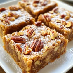 - 1 cup unsalted butter - 1 cup packed brown sugar - 1/2 cup granulated sugar - 2 large eggs - 2 teaspoons pure vanilla extract - 2 cups all-purpose flour - 1 teaspoon baking powder - 1/2 teaspoon baking soda - 1/2 teaspoon salt - 1/2 cup maple syrup - 1 cup pecans, chopped (plus extra for topping) Gathering your ingredients is a key step in making these blondies. Start with unsalted butter. This adds rich flavor without extra salt. Next, brown sugar and granulated sugar come together. They help create a soft and chewy texture. You will also need two large eggs. They bind the mixture, giving it the right structure. Pure vanilla extract adds a warm note that enhances the overall flavor. For the dry mix, you need all-purpose flour. It provides the base. Baking powder and baking soda work together as leavening agents. They help your blondies rise nicely in the oven. Maple syrup is essential. It gives the blondies a sweet and unique flavor. Finally, don’t forget the pecans. They add crunch and a nutty taste. You can use extra chopped pecans on top for a lovely finish. With these ingredients, you’re on your way to making a delightful treat! Start by melting the butter in a saucepan over medium heat. Stir it often. This helps it brown evenly. Watch carefully as it cooks. The butter will change color and smell nutty. It takes about 5 to 7 minutes. Remove it from heat as soon as it turns golden brown. Let it cool for a few minutes before using. This step adds a rich flavor. In a large bowl, combine the brown butter, brown sugar, and granulated sugar. Whisk them together until the mixture is smooth. This helps the sugars dissolve well. Next, add the eggs one by one. Mix well after each egg. This makes the batter light. Stir in the vanilla extract to add more flavor. In a separate bowl, whisk the dry ingredients. This includes flour, baking powder, baking soda, and salt. Make sure they are combined evenly. Gradually add this mix to the wet ingredients. Stir gently until just combined. Be careful not to overmix. Overworking the batter can make the blondies tough. Preheat your oven to 350°F (175°C). Prepare a 9x13-inch baking dish by lining it with parchment paper. Leave some paper hanging over the edges for easy lifting later. Pour the batter into the dish and spread it evenly. If you like, sprinkle extra pecans on top. Bake for 25 to 30 minutes. Check with a toothpick. It should come out with a few moist crumbs. Once baked, let the blondies cool completely in the dish on a wire rack. Cooling them helps them set properly. When cool, use the parchment edges to lift them out. Place on a cutting board and slice into squares. This makes serving easy and neat. Enjoy your warm blondies! - Measure Ingredients Correctly: Accurate measurements make a big difference. Use a kitchen scale for butter and flour. This ensures your blondies will have the right density and moisture. - Avoid Overmixing: Mix until the ingredients just combine. Overmixing can make your blondies tough. Stir gently when adding the flour and nuts. This keeps them soft and chewy. - Additional Spices: You can add cinnamon or nutmeg for warmth. A pinch of sea salt can boost the sweetness. Try a splash of almond extract for a twist. - Different Nuts: Pecans are great, but walnuts or almonds work too. You can even mix nuts for a fun texture. Each nut brings its own flavor to the blondies. - Presentation Ideas: Cut the blondies into neat squares. Dust with powdered sugar for a fancy touch. A drizzle of caramel sauce can make them look even better. - Pairings: Serve with vanilla ice cream for a classic treat. A dollop of whipped cream or a scoop of ice cream makes these blondies extra special. {{image_2}} You can switch out the pecans for other nuts. Try walnuts for a softer crunch. Hazelnuts bring a rich, earthy taste. Almonds add a nice bite and a hint of sweetness. Each nut gives a new twist to the blondies. Want to mix it up? Add chocolate chips for a sweet touch. Toffee bits bring a chewy texture and extra flavor. You can even make a salted caramel version. Just swirl some warm caramel into the batter before baking. It adds a delightful surprise with each bite. If you need a gluten-free option, swap all-purpose flour with a gluten-free blend. Look for blends with rice flour or almond flour. These work well and keep the blondies soft. Just make sure the blend has a binding agent like xanthan gum. This will help the blondies hold together nicely. To keep your Brown Butter Maple Pecan Blondies fresh, store them in an airtight container. Use a container that prevents air from getting in. This helps avoid dryness and keeps them soft. You can also layer parchment paper between the blondies. This keeps them from sticking together. Place the container in a cool, dry place. You can freeze blondies for up to three months. First, let them cool completely. Then slice them into squares. Wrap each square in plastic wrap. Place the wrapped squares in a freezer-safe bag. Make sure to squeeze out all the air before sealing. To thaw, move a square to the fridge overnight. For a warm treat, heat it in the microwave for about 10 seconds. Blondies and brownies are both delicious treats, but they taste different. Blondies have a sweet and buttery flavor. They use brown sugar, giving them a rich taste. Brownies often have cocoa powder, which gives them a chocolatey taste. The texture also differs; blondies are chewy and soft, while brownies can be fudgy or cake-like. You can use margarine, but it changes the taste. Butter has a nutty flavor that margarine lacks. This nutty flavor enhances the brown butter in blondies. The texture may also change; margarine can make them softer and less rich. For the best results, stick with real butter. To check if your blondies are done, use a toothpick. Insert it into the center. If it comes out with a few moist crumbs, they are ready. If it comes out wet, bake them longer. Keep an eye on them; they can go from perfect to overbaked quickly. Yes, you can use honey or agave syrup. Each option has a distinct taste. Honey adds a floral note, while agave is milder. Remember, these changes will affect the overall flavor of your blondies. If you want a similar taste, stick with maple syrup. You now have all the steps to make delicious blondies. We covered the right ingredients, how to brown butter, and mix your batter. You also learned about baking time and how to achieve the perfect texture. Experiment with flavors or nuts to make the recipe your own. Whether serving warm with ice cream or storing for later, these blondies will impress. Now, get ready to enjoy your tasty treat!
