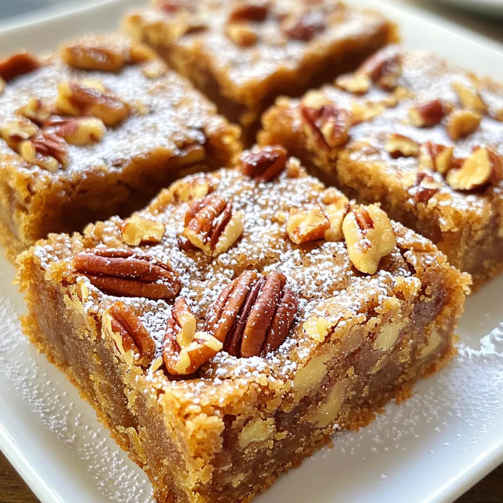 - 1 cup unsalted butter - 1 cup packed brown sugar - 1/2 cup granulated sugar - 2 large eggs - 2 teaspoons pure vanilla extract - 2 cups all-purpose flour - 1 teaspoon baking powder - 1/2 teaspoon baking soda - 1/2 teaspoon salt - 1/2 cup maple syrup - 1 cup pecans, chopped (plus extra for topping) Gathering your ingredients is a key step in making these blondies. Start with unsalted butter. This adds rich flavor without extra salt. Next, brown sugar and granulated sugar come together. They help create a soft and chewy texture. You will also need two large eggs. They bind the mixture, giving it the right structure. Pure vanilla extract adds a warm note that enhances the overall flavor. For the dry mix, you need all-purpose flour. It provides the base. Baking powder and baking soda work together as leavening agents. They help your blondies rise nicely in the oven. Maple syrup is essential. It gives the blondies a sweet and unique flavor. Finally, don’t forget the pecans. They add crunch and a nutty taste. You can use extra chopped pecans on top for a lovely finish. With these ingredients, you’re on your way to making a delightful treat! Start by melting the butter in a saucepan over medium heat. Stir it often. This helps it brown evenly. Watch carefully as it cooks. The butter will change color and smell nutty. It takes about 5 to 7 minutes. Remove it from heat as soon as it turns golden brown. Let it cool for a few minutes before using. This step adds a rich flavor. In a large bowl, combine the brown butter, brown sugar, and granulated sugar. Whisk them together until the mixture is smooth. This helps the sugars dissolve well. Next, add the eggs one by one. Mix well after each egg. This makes the batter light. Stir in the vanilla extract to add more flavor. In a separate bowl, whisk the dry ingredients. This includes flour, baking powder, baking soda, and salt. Make sure they are combined evenly. Gradually add this mix to the wet ingredients. Stir gently until just combined. Be careful not to overmix. Overworking the batter can make the blondies tough. Preheat your oven to 350°F (175°C). Prepare a 9x13-inch baking dish by lining it with parchment paper. Leave some paper hanging over the edges for easy lifting later. Pour the batter into the dish and spread it evenly. If you like, sprinkle extra pecans on top. Bake for 25 to 30 minutes. Check with a toothpick. It should come out with a few moist crumbs. Once baked, let the blondies cool completely in the dish on a wire rack. Cooling them helps them set properly. When cool, use the parchment edges to lift them out. Place on a cutting board and slice into squares. This makes serving easy and neat. Enjoy your warm blondies! - Measure Ingredients Correctly: Accurate measurements make a big difference. Use a kitchen scale for butter and flour. This ensures your blondies will have the right density and moisture. - Avoid Overmixing: Mix until the ingredients just combine. Overmixing can make your blondies tough. Stir gently when adding the flour and nuts. This keeps them soft and chewy. - Additional Spices: You can add cinnamon or nutmeg for warmth. A pinch of sea salt can boost the sweetness. Try a splash of almond extract for a twist. - Different Nuts: Pecans are great, but walnuts or almonds work too. You can even mix nuts for a fun texture. Each nut brings its own flavor to the blondies. - Presentation Ideas: Cut the blondies into neat squares. Dust with powdered sugar for a fancy touch. A drizzle of caramel sauce can make them look even better. - Pairings: Serve with vanilla ice cream for a classic treat. A dollop of whipped cream or a scoop of ice cream makes these blondies extra special. {{image_2}} You can switch out the pecans for other nuts. Try walnuts for a softer crunch. Hazelnuts bring a rich, earthy taste. Almonds add a nice bite and a hint of sweetness. Each nut gives a new twist to the blondies. Want to mix it up? Add chocolate chips for a sweet touch. Toffee bits bring a chewy texture and extra flavor. You can even make a salted caramel version. Just swirl some warm caramel into the batter before baking. It adds a delightful surprise with each bite. If you need a gluten-free option, swap all-purpose flour with a gluten-free blend. Look for blends with rice flour or almond flour. These work well and keep the blondies soft. Just make sure the blend has a binding agent like xanthan gum. This will help the blondies hold together nicely. To keep your Brown Butter Maple Pecan Blondies fresh, store them in an airtight container. Use a container that prevents air from getting in. This helps avoid dryness and keeps them soft. You can also layer parchment paper between the blondies. This keeps them from sticking together. Place the container in a cool, dry place. You can freeze blondies for up to three months. First, let them cool completely. Then slice them into squares. Wrap each square in plastic wrap. Place the wrapped squares in a freezer-safe bag. Make sure to squeeze out all the air before sealing. To thaw, move a square to the fridge overnight. For a warm treat, heat it in the microwave for about 10 seconds. Blondies and brownies are both delicious treats, but they taste different. Blondies have a sweet and buttery flavor. They use brown sugar, giving them a rich taste. Brownies often have cocoa powder, which gives them a chocolatey taste. The texture also differs; blondies are chewy and soft, while brownies can be fudgy or cake-like. You can use margarine, but it changes the taste. Butter has a nutty flavor that margarine lacks. This nutty flavor enhances the brown butter in blondies. The texture may also change; margarine can make them softer and less rich. For the best results, stick with real butter. To check if your blondies are done, use a toothpick. Insert it into the center. If it comes out with a few moist crumbs, they are ready. If it comes out wet, bake them longer. Keep an eye on them; they can go from perfect to overbaked quickly. Yes, you can use honey or agave syrup. Each option has a distinct taste. Honey adds a floral note, while agave is milder. Remember, these changes will affect the overall flavor of your blondies. If you want a similar taste, stick with maple syrup. You now have all the steps to make delicious blondies. We covered the right ingredients, how to brown butter, and mix your batter. You also learned about baking time and how to achieve the perfect texture. Experiment with flavors or nuts to make the recipe your own. Whether serving warm with ice cream or storing for later, these blondies will impress. Now, get ready to enjoy your tasty treat!