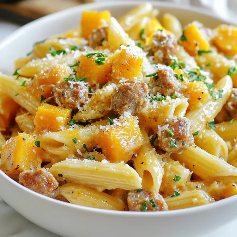 To make Autumn Sausage Squash Pasta, you will need: - 8 oz pasta (penne or rigatoni) - 1 lb Italian sausage, casings removed - 2 cups butternut squash, peeled and cubed - 1 medium onion, diced - 3 cloves garlic, minced - 1 tsp fresh sage, chopped (or 1/2 tsp dried) - 1 tsp fresh thyme, chopped (or 1/2 tsp dried) - 1/2 cup vegetable or chicken broth - 1/2 cup heavy cream - Salt and pepper to taste - 1/4 cup grated Parmesan cheese (plus more for serving) - 2 tbsp olive oil - Fresh parsley, chopped (for garnish) Each ingredient plays a key role in this dish. The pasta serves as the base, giving it heartiness. The Italian sausage brings rich flavor, while the butternut squash adds sweetness and texture. The onion and garlic provide a savory depth, and the herbs bring fresh notes that brighten the dish. The broth and cream create a luscious sauce, binding everything together. Salt, pepper, and Parmesan cheese round off the flavors, making each bite satisfying. Olive oil adds richness, and parsley gives a pop of color on top. With these ingredients, you can create a warm and cozy meal that celebrates autumn flavors. {{ingredient_image_1}} Start by boiling a large pot of salted water. Bring it to a rolling boil. Add 8 oz of your chosen pasta, like penne or rigatoni. Cook according to the package instructions until al dente. This usually takes about 8-10 minutes. Once done, drain the pasta but save 1/2 cup of the pasta water. This water can help adjust the sauce later. In a large skillet, heat 1 tablespoon of olive oil over medium heat. Add 1 lb of Italian sausage with the casings removed. Break it up using a spatula. Cook the sausage until it turns brown and is fully cooked, which takes about 5-7 minutes. Once done, remove the sausage from the skillet and set it aside. In the same skillet, add another tablespoon of olive oil. Next, add 1 diced medium onion and 2 cups of cubed butternut squash. Cook these for about 8-10 minutes. Stir occasionally until the squash becomes tender. Then, add 3 minced garlic cloves, 1 teaspoon of fresh sage, and 1 teaspoon of fresh thyme. Cook for another minute until you smell the herbs. Return the cooked sausage to the skillet. Pour in 1/2 cup of vegetable or chicken broth. Let it simmer for about 2-3 minutes. This helps all the flavors blend together nicely. Lower the heat and add 1/2 cup of heavy cream. Stir everything together. If the mixture looks too thick, add some of the reserved pasta water to reach your desired consistency. Now, add the cooked pasta to the skillet. Toss everything together to coat the pasta in the creamy sauce. Stir in 1/4 cup of grated Parmesan cheese. Season with salt and pepper to taste. Serve the pasta in shallow bowls. For a beautiful finish, sprinkle more Parmesan cheese and chopped parsley on top. - Cooking pasta al dente: Always cook your pasta until it's just firm. This keeps it from getting mushy. Use the package instructions, but check a minute early. - Adjusting the creaminess: If your sauce is too thick, add some reserved pasta water. This keeps it creamy without being heavy. Stir well to blend everything together. - Using fresh vs. dried herbs: Fresh herbs give a bright taste. For this dish, use fresh sage and thyme when you can. If you only have dried, use less. Dried herbs are stronger. - Recommended seasoning tips: Taste as you cook. Add salt and pepper in small amounts. You can always add more, but you can’t take it out. - Types of cheese for topping: Parmesan is a great choice. It melts well and adds a salty kick. You can also use pecorino for a sharper taste. - Techniques for mixing in cheese: Add cheese while the sauce is warm. This helps it melt smoothly. Stir it in after you’ve added the cream for the best results. Pro Tips Choose the Right Pasta: For this recipe, using a sturdy pasta like penne or rigatoni helps hold onto the creamy sauce and enhances the overall texture of the dish. Perfectly Cooked Sausage: Make sure to break up the sausage into small pieces while cooking to ensure even browning and a better distribution of flavor throughout the pasta. Customize Creaminess: Adjust the amount of heavy cream and reserved pasta water based on your desired creaminess. Adding more pasta water can help if the sauce becomes too thick. Fresh Herbs Matter: Using fresh sage and thyme can elevate the flavor profile of the dish. If using dried herbs, remember they are more concentrated, so use less. {{image_2}} You can change the protein in this dish. Use chicken or turkey instead of sausage. This switch still gives you that hearty flavor. You can also try different squash. Acorn or spaghetti squash works well too. Adding vegetables like bell peppers or spinach boosts nutrition and color. If you need gluten-free options, choose gluten-free pasta. Many brands offer tasty choices. For a dairy-free version, try coconut milk instead of cream. Nutritional yeast can replace Parmesan cheese for a cheesy flavor without dairy. To spice things up, add red pepper flakes. This gives your pasta a nice kick. You can also mix in seasonal vegetables. Kale or Brussels sprouts add crunch and flavor. Don’t be afraid to experiment with herbs too! Store any leftover Autumn Sausage Squash Pasta in the fridge. Use a clean, airtight container. This keeps the dish fresh for up to three days. Make sure to cool the pasta before putting it away. This helps avoid condensation inside the container. I prefer glass or BPA-free plastic containers. They seal tightly and make for easy reheating later on. You can reheat the pasta in the oven or microwave. For oven reheating, place the pasta in an oven-safe dish. Cover it with foil to keep it moist. Heat at 350°F for about 20 minutes. Stir halfway through for even warming. The microwave is quicker but can change the texture. Place the pasta in a microwave-safe bowl. Add a splash of broth or cream to keep it creamy. Heat in short bursts, stirring in between until hot. Yes, you can freeze Autumn Sausage Squash Pasta. It’s best to freeze it in single-serving portions. This makes it easy to thaw only what you need. Use freezer-safe containers or heavy-duty freezer bags. Remove as much air as possible to prevent freezer burn. When you're ready to eat, thaw it overnight in the fridge. Reheat it gently using your preferred method. If it looks dry, add a splash of broth or cream to bring back the creaminess. Enjoy your delicious pasta even after a few weeks! This dish takes about 35 minutes to make. You will spend 15 minutes prepping the ingredients. Cooking the dish takes about 20 minutes. This makes it a quick meal for busy days. Yes, you can use different pasta shapes! I recommend using penne or rigatoni for this dish. They hold the sauce well. You can also try bowtie or farfalle for fun shapes. Whatever pasta you choose, just cook it until al dente. Autumn Sausage Squash Pasta pairs well with several side dishes. A simple green salad adds freshness. Garlic bread is also a great choice for dipping in the sauce. If you want something warm, roasted Brussels sprouts complement the flavors nicely. Absolutely! This recipe is great for meal prep. You can make it in advance and store it in the fridge. It keeps well for up to three days. Just reheat in the oven or microwave. You can enjoy a hearty meal anytime! In this blog post, we explored how to make Autumn Sausage Squash Pasta. We discussed choosing ingredients like Italian sausage, butternut squash, and fresh herbs. I provided clear step-by-step instructions to guide you through cooking. You also learned useful tips for enhancing flavors and creating variations. This dish is not just tasty; it's versatile. Remember, you can adjust ingredients to suit your taste. Enjoy making this warm and hearty pasta meal anytime!