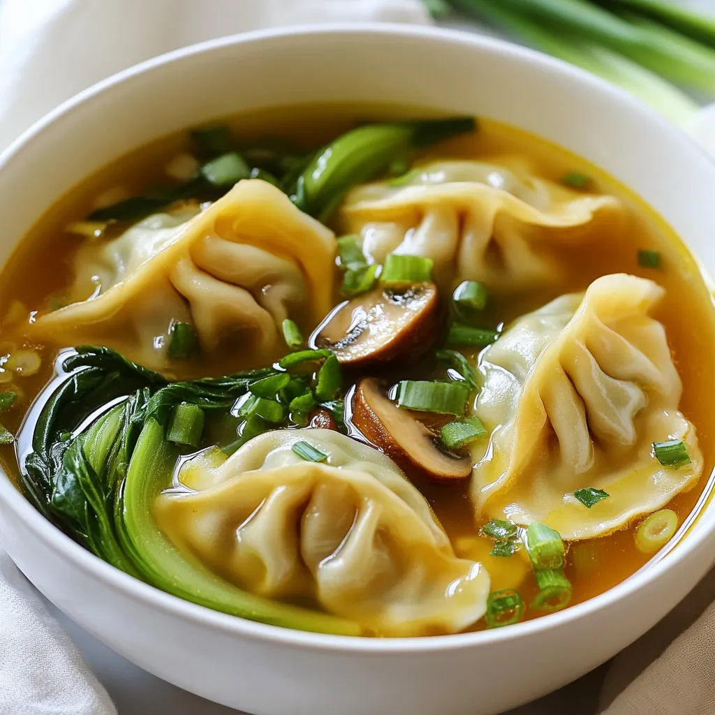 For this cozy soup, you'll need: - 1 package (16 oz) frozen potstickers (chicken or vegetable) - 6 cups chicken or vegetable broth - 2 cups bok choy, chopped - 1 cup mushrooms, sliced (shiitake or button) - 2 cloves garlic, minced - 1-inch piece ginger, grated - 3 green onions, sliced - 2 tablespoons soy sauce - 1 tablespoon sesame oil - Salt and pepper to taste These ingredients come together to create a warm and tasty meal. The potstickers give the soup its heartiness, while the bok choy and mushrooms add crunch and flavor. You can top your soup with: - Fresh cilantro - Extra green onions These garnishes add color and freshness. Cilantro brings a nice herb taste, while green onions give a mild onion flavor. If you want to switch things up, consider these options: - Use tofu instead of potstickers for a vegetarian choice. - Swap bok choy for spinach or kale for a different green. - Try different broth, like beef or mushroom for a new taste. These swaps can change the soup's flavor while keeping it simple and quick. {{ingredient_image_1}} Start by heating 1 tablespoon of sesame oil in a large pot over medium heat. Once the oil is hot, add 2 cloves of minced garlic and 1-inch grated ginger. Sauté these for about 30 seconds. You want them fragrant but not burnt. This step builds a great base for the soup. Next, pour in 6 cups of chicken or vegetable broth. Bring this to a gentle boil. Once boiling, add the package of frozen potstickers. Follow the cooking time on the package, usually around 5-7 minutes. This ensures the potstickers cook through and blend with the broth. After the potstickers are cooked, add 1 cup of sliced mushrooms and 2 cups of chopped bok choy. Let these simmer for about 3-4 minutes. The bok choy should become tender, and the mushrooms should be cooked. Finally, stir in 2 tablespoons of soy sauce. Season with salt and pepper to taste. Your soup is now ready to serve! Garnish with sliced green onions and fresh cilantro if you like. To boost the taste of your Quick Potsticker Soup, use fresh ingredients. Fresh garlic and ginger add a strong taste. You can also add a splash of rice vinegar or a squeeze of lime for brightness. If you want spice, mix in some red pepper flakes or chili oil. This makes the soup lively and exciting. When cooking the potstickers, follow the package instructions closely. This helps them cook just right. If you want a crispy edge, pan-fry them before adding to the soup. Heat a bit of oil in a pan, add potstickers, and cook until golden. Then, pour in the broth. This gives a nice texture contrast. Serve the soup hot in bowls. Top with sliced green onions for a fresh crunch. If you love herbs, sprinkle some fresh cilantro on top. For a filling meal, pair it with rice or noodles. You can also add a side of spring rolls for extra fun. Enjoy the warmth and comfort of your meal! Pro Tips Use Fresh Ingredients: For an enhanced flavor, consider using fresh bok choy and mushrooms instead of frozen. Fresh ingredients can elevate the taste of your soup significantly. Customize the Broth: Experiment with different types of broth, such as miso or homemade stock, to give your soup a unique twist. This can greatly affect the overall flavor profile. Add Spice: If you enjoy a bit of heat, add a splash of chili oil or fresh sliced chili peppers to the soup just before serving for an extra kick. Perfect Potstickers: To avoid overcooking the potstickers, add them directly from the freezer to the boiling broth. This ensures they remain tender and don’t become mushy. {{image_2}} You can easily make this soup vegan or vegetarian. Start with vegetable broth. Use frozen vegetable potstickers instead of chicken. For more protein, add tofu cubes. Firm tofu works best. This adds texture and keeps it filling. Make sure to check the potstickers’ labels for ingredients. If you like heat, add chili paste or sriracha. Stir in one tablespoon when you add the broth. You can also slice fresh chili peppers. Add them with the garlic and ginger. For a smoky flavor, try adding some red pepper flakes. Feel free to mix in other veggies. Carrots, bell peppers, or snap peas add color. Chop them small so they cook fast. Add these vegetables when you add the mushrooms and bok choy. This keeps them crisp and tasty. You can also use frozen peas for a quick option. They cook fast and add sweetness. To keep your Quick Potsticker Soup fresh, store it in an airtight container. Let it cool down first. Place it in the fridge within two hours of cooking. Proper storage helps prevent spoilage. Enjoy the soup within three days for the best taste. Reheating is simple. Pour the soup into a pot over medium heat. Stir gently to heat it evenly. You can also use a microwave. Place the soup in a microwave-safe bowl. Heat for 1-2 minutes, checking every 30 seconds. Add a splash of broth if it gets too thick. Freezing is a great option for longer storage. Let the soup cool completely. Use freezer-safe bags or containers. Leave some space at the top for expansion. Label the bags with the date. The soup can last up to three months in the freezer. To enjoy later, thaw it overnight in the fridge before reheating. Yes, you can make potsticker soup ahead of time. Just cook it as usual and let it cool. Store the soup in an airtight container in the fridge for up to three days. When you are ready to eat, heat the soup on the stove. You might want to add a splash of broth to keep it from getting too thick. This is a great option if you want a quick meal later. For this recipe, I recommend using frozen potstickers. Chicken or vegetable potstickers work well. They are easy to find in most grocery stores. The flavor of the filling will add depth to the soup. If you prefer homemade potstickers, feel free to use them. Just make sure they are small enough to cook quickly in the soup. To make this soup gluten-free, choose gluten-free potstickers. There are many brands that offer gluten-free options. You should also use gluten-free soy sauce or tamari as a substitute. This way, you can enjoy the same great taste without the gluten. Just check the labels to ensure everything fits your needs. You learned how to make a tasty potsticker soup. We explored the key ingredients, step-by-step cooking, and clever tips to enhance flavor. I shared variations for different diets and storage tips to keep leftovers fresh. Try making this soup your own with fun add-ins or garnishes. Enjoy the warmth and comfort it brings to your meals. Potsticker soup is a simple, delicious dish you can master.