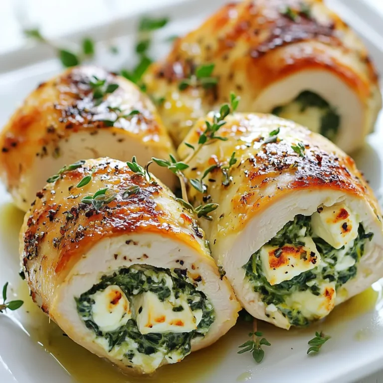 - 4 boneless, skinless chicken breasts - 1 cup fresh spinach, chopped - 1/2 cup feta cheese, crumbled - 1/4 cup cream cheese, softened - 2 cloves garlic, minced - 1 teaspoon lemon zest - 1 teaspoon dried oregano - Salt and pepper, to taste - 2 tablespoons olive oil - Toothpicks or kitchen twine For this recipe, you need fresh chicken breasts. They are the main part. You will also need fresh spinach. It adds a nice green touch. Feta cheese makes the filling creamy and tangy. Cream cheese helps bind the filling together. Garlic gives a strong flavor. Lemon zest adds a fresh note. Dried oregano brings an earthy taste. Salt and pepper enhance all the flavors. Olive oil is for searing the chicken later. Lastly, toothpicks or kitchen twine help hold your rolls together. Gather these items before you start. Having everything ready makes cooking easier. This dish gives a burst of flavor while being simple to make. Enjoy the process of creating this delightful meal! {{ingredient_image_1}} Mixing Ingredients for Filling Start by gathering your filling ingredients. In a bowl, mix together the chopped spinach, crumbled feta cheese, softened cream cheese, minced garlic, lemon zest, dried oregano, salt, and pepper. Stir until everything is well combined. This mixture should look creamy and vibrant. Essential Tips for Creamy Consistency To keep your filling creamy, make sure your cream cheese is fully softened. If it’s too cold, it won’t mix well. You can use a fork to mash the feta into the cream cheese, creating a smooth blend. Combining Flavors for Maximum Impact The lemon zest and garlic add a bright flavor. Taste the filling before you use it. Adjust the salt and pepper as needed. A well-seasoned filling makes all the difference. Pounding Techniques for Even Thickness Take each chicken breast and place it between two sheets of plastic wrap. Use a meat mallet or rolling pin to pound the chicken to about 1/2 inch thick. This helps the chicken cook evenly and makes rolling easier. Importance of Leaving a Border When you spread the filling on the chicken, leave about a half-inch border all around. This ensures the filling won’t spill out when you roll it up. Rolling and Securing the Chicken Spoon a generous amount of filling onto each chicken breast. Roll it tightly from one end to the other. Use toothpicks or kitchen twine to secure the ends. This keeps the filling inside during cooking. Searing the Rolled Chicken In a large oven-safe skillet, heat olive oil over medium-high heat. Place the rolled chicken in the pan and sear each side until golden brown. This should take about 3-4 minutes per side. Searing adds flavor and a nice crust. Baking Instructions for Perfect Doneness Once seared, transfer the skillet to a preheated oven set to 375°F (190°C). Bake the chicken for 20-25 minutes. This ensures the chicken cooks through without drying out. Ensuring Food Safety with Internal Temperature Use a meat thermometer to check the internal temperature of the chicken. It should reach 165°F (74°C) to be safe to eat. Let the chicken rest for 5 minutes after baking. This helps keep it juicy. - Avoiding Spills and Ensuring Tight Rolls: To keep your filling inside, start with a thin layer. Leave a small space along the edges. As you roll, keep it tight but not too tight. This helps the filling stay put while cooking. - How to Use Toothpicks or Twine Effectively: Toothpicks work well to secure your rolls. Insert them at both ends and a few in the middle. If you use kitchen twine, tie it around the chicken gently. This will keep it all together. - Additional Seasonings and Herbs: Try adding fresh herbs like basil or thyme. A sprinkle of smoked paprika can give a nice kick too. Mix these in your filling to elevate the taste. - Incorporating Other Cheeses: Feta is great, but you can mix in mozzarella or goat cheese. These will add creaminess and new flavors. Blend them with the spinach for a tasty surprise. - Slicing the Chicken for Beautiful Plating: After resting, slice the chicken into medallions. Aim for even cuts to show off the filling. A sharp knife helps make clean cuts. - Garnishing Ideas for Visual Appeal: Add a sprinkle of fresh herbs on top for color. A drizzle of olive oil or balsamic glaze can also enhance the look. These small touches make your dish stand out. Pro Tips Use Fresh Ingredients: Always opt for fresh spinach and high-quality feta cheese to enhance the flavor of your dish. Don’t Overstuff: Be careful not to add too much filling; it can cause the chicken to burst while cooking. Let It Rest: Allowing the chicken to rest after baking helps to retain its juices, making for a more tender bite. Experiment with Herbs: Feel free to add other herbs or spices to the filling, such as basil or thyme, for a unique flavor twist. {{image_2}} You can easily change the filling in your Feta Spinach Rolled Chicken. Here are some options: - Options for Substituting Feta: Use goat cheese or ricotta cheese for a different taste. These cheeses add creaminess without changing the dish's essence. You can also try a mix of cream cheese and herbs for extra flavor. - Vegetable Variations for the Filling: Add other veggies like sun-dried tomatoes or roasted red peppers. These add color and flavor. You can also include mushrooms or artichokes for a unique twist. You can prepare this dish in different ways. Each method gives a new flavor. - Grilling vs. Baking: Grilling adds a smoky flavor, while baking keeps the chicken juicy. If you grill, preheat your grill to medium-high. Cook each side for 6-8 minutes. If you bake, follow the original steps for moist chicken. - Slow Cooker Option for Tenderness: Use a slow cooker for very tender chicken. After rolling the chicken, place it in the slow cooker with a little broth. Cook on low for 4-6 hours. This method makes the chicken super soft and tasty. You can adapt this recipe for different diets. - Gluten-Free Adjustments: This dish is naturally gluten-free. Just make sure your cheese and other ingredients are labeled gluten-free. - Vegetarian Alternatives: For a vegetarian option, skip the chicken. Instead, use large zucchini or eggplant slices. Stuff these veggies with the feta-spinach filling. Bake or grill them for a delicious meal. After cooking, let the chicken cool down. It helps keep it fresh. Place leftovers in an airtight container. This prevents moisture loss and keeps flavors intact. Store it in the fridge for up to four days. When reheating, use the oven or microwave. Heat until the chicken reaches 165°F (74°C) for safety. If you want to freeze them, wrap each piece tightly. Use plastic wrap and then foil or a freezer bag. This prevents freezer burn. You can freeze the chicken for up to three months. When ready to cook, thaw it in the fridge overnight. You can also use cold water for quick thawing. Just place the wrapped chicken in water, changing it every 30 minutes. Freshness is key to great taste. The chicken should smell fresh and look bright. If it looks dull or smells off, do not eat it. Make sure to use it within four days if stored in the fridge. To avoid spoilage, keep your fridge at 40°F (4°C) or lower. Always check for any signs of spoilage before cooking. The best way to check if your chicken is done is by using a meat thermometer. Insert the thermometer into the thickest part of the chicken. The internal temperature should reach 165°F (74°C). This ensures the chicken is safe to eat. Checking the temperature is crucial to avoid undercooking. Chicken that is undercooked can make you sick. Yes, you can prepare Feta Spinach Rolled Chicken ahead of time. This makes meal prep easy and quick. To make ahead, prepare the chicken and filling but do not bake it. Wrap the rolled chicken well in plastic wrap. Store it in the fridge for up to 24 hours. You can also freeze it for longer storage. Just make sure to thaw it in the fridge before cooking. Feta Spinach Rolled Chicken goes well with many sides. Here are some great options: - Steamed broccoli - Roasted potatoes - Quinoa salad - Garlic bread - Mixed greens salad These sides make for a balanced meal. Consider adding a light dressing for the salad. This adds freshness and flavor to your plate. This blog post detailed how to make Feta Spinach Rolled Chicken. We covered key ingredients, preparation steps, and cooking methods. I shared tips on rolling chicken tightly and enhancing flavors. Variations included substitutes and alternatives suited to different diets. Final thoughts: Creating this dish is rewarding and versatile. Enjoy experimenting with flavors and methods. Your meals can be both tasty and fun to make!
