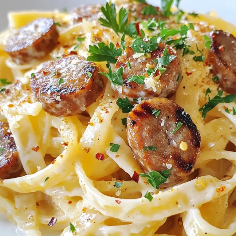 To make Cajun smoked sausage Alfredo pasta, you'll need these key ingredients: - 8 oz fettuccine pasta - 1 lb Cajun smoked sausage, sliced - 1 cup heavy cream - 1 cup grated Parmesan cheese - 1/2 cup chicken broth - 3 cloves garlic, minced - 2 tablespoons olive oil - 1 teaspoon Cajun seasoning - Salt and pepper to taste - 1/4 cup chopped fresh parsley (for garnish) - 1/4 teaspoon red pepper flakes (optional, for extra heat) These ingredients work together to create a rich, creamy dish with a kick. Fettuccine provides a perfect base for the sauce, while Cajun smoked sausage adds depth and spice. Heavy cream and Parmesan give the dish its creamy texture. The garlic brings a lovely aroma, and Cajun seasoning ties all the flavors together. Don't forget the fresh parsley for a pop of color and freshness! If you like it spicy, the red pepper flakes can be added to heat things up. Enjoy the process of cooking this delightful meal! {{ingredient_image_1}} Start by boiling a large pot of salted water. The salt enhances the pasta's flavor. Once it boils, add 8 oz of fettuccine pasta. Cook it according to the package instructions until it is al dente, which means it should have a slight bite. This usually takes around 8 to 10 minutes. When done, drain the pasta in a colander and set it aside. Next, grab a large skillet and heat 2 tablespoons of olive oil over medium-high heat. Once the oil is hot, add 1 lb of sliced Cajun smoked sausage. Cook the sausage for about 5 to 7 minutes. Keep stirring until it turns brown and is heated through. This step adds great flavor to your dish. Now it's time to make the sauce. Add 3 cloves of minced garlic to the skillet with the sausage. Sauté the garlic for 1 to 2 minutes until it becomes fragrant. Then, reduce the heat to medium. Pour in 1 cup of heavy cream and 1/2 cup of chicken broth. Stir the mixture and bring it to a gentle simmer. Next, gradually whisk in 1 cup of grated Parmesan cheese. Keep whisking until the cheese melts and the sauce becomes creamy. Add 1 teaspoon of Cajun seasoning and adjust the taste with salt and pepper. If you like some heat, sprinkle in 1/4 teaspoon of red pepper flakes. Now, your sauce is ready to shine! To make a great Alfredo sauce, focus on texture. Start with heavy cream and chicken broth. The right mix gives a creamy feel. Aim for a smooth blend without lumps. Use low heat to avoid burning. Stir often to keep it even. Balancing flavors is key. Add salt, pepper, and Cajun seasoning to taste. I suggest adding cheese slowly. This method helps it melt well. Adjust seasoning to your liking. If you want heat, add red pepper flakes. Cooking pasta just right is crucial. Al dente pasta has a slight bite. This texture stands up well to the sauce. Follow package instructions for timing. Keep an eye on the clock. To check for doneness, bite a piece. It should be firm but not hard. If it sticks to your teeth, it needs more time. Drain the pasta quickly, but don’t rinse it. You want the starch to help the sauce stick. Fresh herbs make a dish pop. I love using parsley. It adds color and a nice taste. Just chop it fine and sprinkle it on top before serving. You can also add more toppings. Consider grated cheese or crushed red pepper. These options enhance the dish's flavor. Try different combinations to find your favorite. Pro Tips Perfect Pasta Texture: Always cook your fettuccine until it is al dente. This ensures it retains a slight bite and doesn’t become mushy when mixed with the sauce. Choosing the Sausage: Opt for a high-quality Cajun smoked sausage for the best flavor. The spices in the sausage will enhance the overall taste of the dish. Making Creamy Sauce: Whisk the Parmesan cheese in gradually to avoid clumping. A gentle simmer will help the cheese melt smoothly into the sauce. Garnishing Tips: Fresh parsley adds not only color but also a fresh flavor. Consider adding a squeeze of lemon juice for a bright finish. {{image_2}} You can swap the Cajun smoked sausage for many options. Try chicken sausage or turkey sausage for a lighter meal. If you want a plant-based choice, use tempeh or mushrooms. Both options bring great flavor. For a dairy-free sauce, use coconut milk or cashew cream instead of heavy cream. Nutritional yeast can add a cheesy flavor without dairy. Adding veggies can make this dish even tastier. I recommend bell peppers, spinach, or broccoli. These add color and nutrients. Sauté the veggies with the sausage for extra flavor. You can also steam them separately and mix them in later. This keeps the veggies crisp. Fettuccine is classic, but you can try other pasta types. Penne or bowtie pasta work well too. If you need a gluten-free option, choose gluten-free pasta made from rice or corn. These pasta types cook similarly and taste great with the sauce. To store leftovers of Cajun smoked sausage Alfredo pasta, place it in airtight containers. This method helps keep the pasta fresh. Let the dish cool down first before sealing it. Proper cooling is key to avoid sogginess. The pasta should last in the fridge for about 3 to 4 days. Make sure to label the containers with the date, so you know when to eat them. When reheating pasta, you have a few good options. You can use a microwave or a stovetop. If using a microwave, heat in short bursts. Stir every 30 seconds to keep the heat even. On the stovetop, warm it gently over low heat. Add a splash of chicken broth or cream to maintain creaminess. This helps to keep the sauce smooth and rich. Avoid high heat, as it can dry out the pasta. Yes, you can freeze this dish! Freezing is a great way to save extra servings. First, cool the pasta completely. Then, use freezer-safe containers or bags. Remove as much air as possible to prevent freezer burn. For best quality, eat within 2 to 3 months. When ready to eat, thaw it in the fridge overnight. Reheat gently, adding a bit of liquid to restore creaminess. Yes, you can use other types of sausage. Consider turkey sausage for a leaner option. You might also try Italian sausage for a milder flavor. For more heat, chorizo is a great choice. Each sausage brings its own taste and spice level. This makes it easy to customize the dish to your liking. Cajun smoked sausage has a medium heat level. It can be spicy but not overly so. The spice comes from Cajun seasoning and the sausage blend. If you prefer less heat, look for mild versions. You can also adjust the spice by using less seasoning or omitting red pepper flakes. To make this dish low-carb, swap the fettuccine for zucchini noodles. You can also use spaghetti squash or shirataki noodles. Both options keep the meal light and healthy. They offer a similar texture without the carbs. Adjust the cooking time as needed for these alternatives. To sum it up, this blog post covered how to make a tasty Cajun smoked sausage fettuccine. We discussed the key ingredients, the simple steps to cook the dish, and helpful tips for the best flavor and texture. I shared ideas for variations, so you can customize it to your taste. Finally, we explored storage and reheating methods to enjoy leftovers. Now you have all you need to create this delicious meal. Enjoy cooking and sharing it!