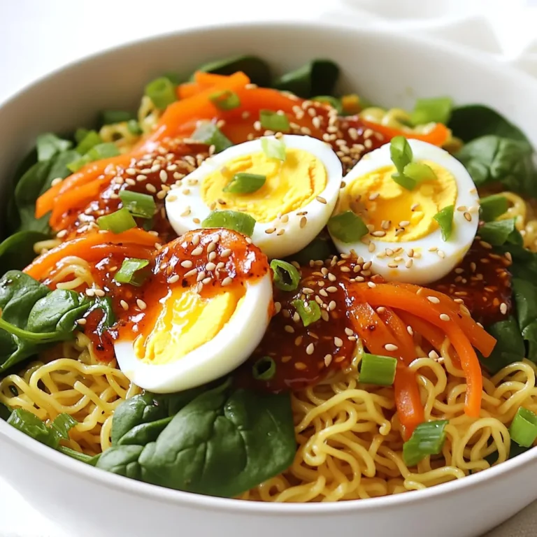 - 200g instant noodles (egg, ramen, or soba) - 2 tablespoons chili crisp (store-bought or homemade) - 1 tablespoon soy sauce - 1 tablespoon sesame oil - 1 carrot (julienned) - 1 bell pepper (thinly sliced) - 1 cup baby spinach - 2 green onions (chopped) - 1 tablespoon sesame seeds (toasted, for garnish) - Optional: 1 soft-boiled egg - Optional: Fresh cilantro for garnish Gathering the right ingredients makes all the difference. The base of this dish is the instant noodles. You can choose egg, ramen, or soba. They add the comfort and warmth we crave. Next, the chili crisp brings heat and flavor. You can use store-bought or make your own. Soy sauce adds saltiness, while sesame oil gives a nutty taste. These two ingredients create a rich sauce that binds everything together. For crunch and color, we add a carrot and a bell pepper. Julienning the carrot and slicing the bell pepper makes them easy to eat. Baby spinach adds freshness and a pop of green. The green onions add a nice bite, and the toasted sesame seeds make for a lovely garnish. If you want to elevate your bowl, consider adding a soft-boiled egg. The runny yolk adds creaminess. Fresh cilantro is a great option for extra flavor. These ingredients come together for a savory and satisfying meal that is quick and easy to prepare. - Bring water to a boil in a pot. - Add the instant noodles and cook for 3-4 minutes. - Drain the noodles and rinse them under cold water. - In a bowl, combine 2 tablespoons of chili crisp, 1 tablespoon of soy sauce, and 1 tablespoon of sesame oil. - Mix well to create a flavorful sauce. - Heat a skillet over medium heat. - Add the julienned carrot and sliced bell pepper. - Sauté until the vegetables are tender, about 2-3 minutes. - In a large bowl, mix the cooked noodles, sautéed vegetables, 1 cup of baby spinach, and the sauce. - Toss until well coated, allowing the spinach to wilt slightly. - Divide the noodle mixture into bowls. - If desired, cut a soft-boiled egg in half and place it on top. - Garnish with chopped green onions, toasted sesame seeds, and fresh cilantro. To boost the flavor of your noodle bowl, consider adding more spices. A pinch of garlic powder or ginger can add warmth. You can also try a splash of rice vinegar for tang. If you want more heat, add crushed red pepper flakes. Making homemade chili crisp is easy. Just mix oil, garlic, shallots, and your favorite chili flakes. Heat slowly until fragrant. This can be a fun way to customize your bowl. The key to perfect noodles is timing. Follow the package instructions closely, usually 3-4 minutes. Test the noodles to ensure they are al dente. They should be firm, not mushy. After cooking, rinse them in cold water. This stops the cooking process and keeps them from sticking together. Make sure to drain them well before mixing them with other ingredients. A beautiful dish is all about presentation. Start with a clean bowl. Arrange the noodles in the center for a nice look. Add the sautéed veggies on top for color. A soft-boiled egg, cut in half, can be a stunning centerpiece. For garnish, sprinkle toasted sesame seeds and chopped green onions. Fresh cilantro adds a pop of green. These small touches can make your dish shine. {{image_2}} You can make your Minute Chili Crisp Noodle Bowls more filling by adding proteins. Chicken is a great choice. Simply cook diced chicken until golden. Tofu is another option. Use firm tofu and pan-fry it until crispy. Shrimp works well too. Just sauté them until they turn pink. If you want vegetarian options, try chickpeas or edamame. Both add protein and texture. Feel free to swap in other vegetables for more flavor. Broccoli, snap peas, or zucchini are nice choices. You can also use seasonal vegetables. In summer, try fresh corn or bell peppers. In fall, add squash or kale. This keeps your dish fresh and interesting all year. If you're looking for a gluten-free option, use rice noodles. They cook quickly and taste great. For low-carb choices, try zucchini noodles or shirataki noodles. Both options offer a fun twist while keeping it light. This way, you can enjoy a tasty bowl that fits your diet. To store leftovers, place the noodle bowls in an airtight container. This keeps them fresh. Make sure they cool down first. You can keep them in the fridge for up to three days. After that, the taste and texture may change. When reheating, the best method is to use the stove. Heat a pan over low heat. Add a splash of water or broth to help prevent sticking. Stir gently to warm everything evenly. You can also use a microwave. Cover the bowl with a lid or a damp paper towel. This keeps moisture in. Reheat until warm but avoid cooking too long. This helps retain the noodle's texture, making your meal just as tasty as before. Chili crisp is a spicy, crunchy condiment. It often includes oil, garlic, and chili flakes. You can use it in many dishes. It adds flavor and heat to your meals. I love adding it to soups, stir-fries, and noodles. It makes everything taste better! Yes, you can! Start by using less chili crisp in the sauce. You can also add more soy sauce and sesame oil. These add flavor without heat. If you want even less spice, try using mild chili crisp. It still tastes great without being too hot. Making this dish vegan is easy! For the noodles, choose egg-free options like rice noodles. Instead of chili crisp with animal products, use a vegan brand. You can skip the soft-boiled egg or replace it with tofu. Tofu adds protein and texture. These noodle bowls pair well with many sides. Try serving them with a fresh salad or spring rolls. You can also add pickled vegetables for a crunch. For a heartier meal, serve with grilled or sautéed vegetables. They balance the richness of the noodles. This blog post detailed a simple yet flavorful noodle dish. You learned about the ingredients, cooking methods, and how to enhance the recipe. Adding proteins and veggies offers even more options. Remember, presentation can elevate your meal. With the right storage, your leftovers will stay tasty. Enjoy creating these noodle bowls. This recipe lets you explore flavors while making it your own. Have fun cooking and savoring each bite!