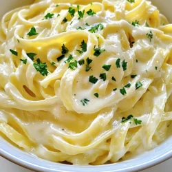 To make this creamy fettuccine Alfredo, you will need: - 12 oz fettuccine pasta - 1 cup heavy cream - 1 cup freshly grated Parmesan cheese - 4 tablespoons unsalted butter - 2 cloves garlic, minced - 1/2 teaspoon nutmeg - Salt and black pepper to taste - Fresh parsley, chopped (for garnish) For the best flavors, I suggest using these brands: - Fettuccine: Barilla or De Cecco offer great pasta. - Heavy cream: Organic Valley provides rich cream. - Parmesan cheese: Grana Padano is a fantastic choice. - Unsalted butter: Kerrygold brings a nice taste. - Garlic: Use fresh garlic for the best flavor. You can swap ingredients if needed: - Fettuccine: Use linguine or spaghetti if you prefer. - Heavy cream: Coconut cream works well for dairy-free. - Parmesan cheese: Nutritional yeast is a good vegan option. - Unsalted butter: Olive oil can be a healthy substitute. - Nutmeg: You can skip it or use allspice instead. These tips will help you make a tasty dish, even if you don't have everything on hand! 1. Cook the Pasta: Start by boiling a large pot of salted water. Add 12 ounces of fettuccine pasta. Cook it until al dente, which usually takes around 8-10 minutes. Save 1 cup of pasta water before draining. Set the pasta aside. 2. Prepare the Sauce: In a large skillet, melt 4 tablespoons of unsalted butter over medium heat. Add 2 minced garlic cloves and cook for 1-2 minutes. You want the garlic to smell great, not brown. 3. Add Cream: Slowly pour in 1 cup of heavy cream. Stir frequently and let it simmer gently for 2-3 minutes. 4. Incorporate Cheese: Gradually whisk in 1 cup of freshly grated Parmesan cheese. Keep stirring until the cheese melts and the sauce turns creamy. If it feels too thick, add your reserved pasta water a little at a time until you like the consistency. 5. Season the Sauce: Mix in 1/2 teaspoon of nutmeg. Add salt and black pepper to taste. Let it cook for another 2 minutes to blend the flavors. 6. Combine Pasta and Sauce: Toss the drained fettuccine into the sauce. Mix gently to coat every strand. Heat it for one more minute to warm everything through. 7. Serve: Plate your fettuccine Alfredo. Top with chopped fresh parsley for a bright touch. - Use Plenty of Water: Always boil pasta in a large pot with lots of water. This helps the pasta cook evenly and prevents sticking. - Salt the Water: Make sure your water is salty like the sea. This is key to flavorful pasta. - Don’t Overcook: Follow the package instructions for timing. Al dente means a little firm, which is perfect for fettuccine. - Add Cheese Gradually: Whisk in the cheese slowly. This helps create a smooth sauce without lumps. - Use Reserved Pasta Water: This starchy water can help thin out the sauce while adding flavor. - Keep the Heat Low: Cooking on medium heat allows the cream to simmer gently, avoiding separation. Following these steps will give you a rich and creamy fettuccine Alfredo that everyone will love. Enjoy your cooking! To make your fettuccine Alfredo shine, try adding fresh herbs. Basil or thyme can bring a nice touch. You can also add a squeeze of lemon juice for zest. Nutmeg adds warmth, but use it sparingly. A pinch can elevate the dish without overpowering it. Always use freshly grated Parmesan. It melts better and has a richer flavor. One mistake is overcooking the pasta. Aim for al dente, so it stays firm. Another is adding too much cream at once. Gradually whisk it in for a smoother sauce. Avoid skipping the reserved pasta water. It helps adjust sauce thickness and adds starch, making the sauce cling to the pasta. Always use a large pot for pasta. This gives it space to move and cook evenly. Salt your water generously. It flavors the pasta as it cooks. Stir the pasta often in the first few minutes to prevent sticking. Taste it a minute before the recommended time. This way, you’ll know when it’s just right. {{image_2}} You can easily add protein to your fettuccine Alfredo. Chicken is a classic choice. Simply grill or sauté chicken breast, then slice it and mix it in with the pasta. Shrimp works well too. Sauté shrimp in butter and garlic until they turn pink, then toss them into the dish. For a plant-based option, try tofu. Cube it, pan-fry until golden, and add it to the pasta. Each protein adds flavor and makes the dish more filling. Boost the nutrition of your creamy fettuccine Alfredo with vegetables. Spinach is a great option. Add fresh spinach to the sauce just before serving. It wilts quickly and adds color. Broccoli florets can also be a nice touch. Steam them lightly and mix them in with the pasta. Peas are another simple choice. They add sweetness and a pop of green. These add-ins not only enhance flavor but also make the meal healthier. If you need gluten-free options, use gluten-free fettuccine. Many brands offer good substitutes made from rice or corn. For a dairy-free version, swap heavy cream with coconut cream or cashew cream. Nutritional yeast can replace Parmesan cheese. It gives a cheesy flavor without dairy. These alternatives ensure everyone can enjoy this dish, no matter their dietary needs. To store leftover fettuccine Alfredo, first let it cool. Place it in an airtight container. Make sure to seal it well. You can keep it in the fridge for up to three days. If you want it to last longer, consider freezing it. When reheating, use a skillet for best results. Add a splash of milk or cream to the pasta. This helps restore its creamy texture. Heat over low to medium heat. Stir often to prevent sticking. You can also use a microwave. Just cover it with a lid or a damp paper towel. To freeze fettuccine Alfredo, pack it in an airtight container. Leave some space for expansion. It's best to use it within two months for the best taste. When ready to eat, thaw it in the fridge overnight. Then reheat as mentioned above for creamy pasta that tastes fresh. To make the sauce thicker, you can add more cheese. Parmesan cheese helps achieve that creamy texture. You can also use a bit of cornstarch mixed with water. Stir this mixture into the sauce. Cook it for a few minutes until it thickens. If it's still not thick enough, reduce the heat and simmer longer. Avoid adding too much liquid, as it can make the sauce runny. Yes, you can make Fettuccine Alfredo ahead of time. Cook the pasta and sauce separately. Store them in airtight containers in the fridge. When you're ready to serve, reheat the sauce gently. Add a splash of cream or reserved pasta water to help it loosen up. Then, toss with the pasta until warmed through. This helps keep the dish creamy and delicious. Fettuccine Alfredo pairs well with many sides. You can serve it with a fresh salad. A simple Caesar salad works great. Garlic bread is another favorite. It complements the creamy sauce nicely. For a heartier meal, consider grilled chicken or shrimp. These proteins add flavor and make the dish more filling. In this post, we covered the key steps to make creamy fettuccine Alfredo. You learned about essential ingredients, helpful cooking tips, and how to achieve a perfect sauce. We explored tasty variations and storage options to keep your pasta fresh. Remember, practice makes perfect. Avoid mistakes, try different add-ins, and make the dish your own. Enjoy cooking fettuccine Alfredo, and impress your friends and family with your skills. It's a simple and delicious meal that everyone will love.