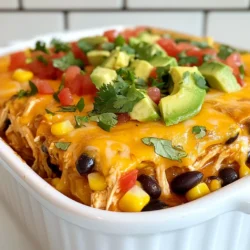 To make a tasty Mexican Chicken Casserole, you need these ingredients: - 2 cups cooked chicken, shredded - 1 cup black beans, rinsed and drained - 1 cup corn kernels (fresh or frozen) - 1 cup diced tomatoes (canned or fresh) - 1 cup salsa (mild or medium) - 1 cup cooked rice (white or brown) - 1 ½ cups shredded cheese (cheddar or Mexican blend) - 1 teaspoon cumin - 1 teaspoon chili powder - ½ teaspoon garlic powder - 1 tablespoon olive oil - Fresh cilantro for garnish - Salt and pepper to taste - 1 avocado, diced (for topping) These ingredients come together to create a dish bursting with flavor. You can swap some ingredients to fit your taste or what you have at home. - Chicken: Use rotisserie chicken or turkey instead. - Beans: Try pinto beans or kidney beans if you prefer. - Corn: Canned corn works well if you don’t have fresh or frozen. - Rice: Quinoa or cauliflower rice can replace regular rice for a twist. - Cheese: Mix in Monterey Jack or pepper jack for a spicier flavor. - Salsa: Any type of salsa works, including fruit salsa for a sweet touch. These substitutions make the dish more fun and flexible. Adding toppings can enhance your casserole. Here are some ideas: - Diced avocado for creaminess - Sliced jalapeños for heat - Sour cream for a cool taste - Chopped green onions for crunch - Extra cheese for a cheesy delight - Lime wedges for a zesty kick Feel free to get creative with your toppings. {{ingredient_image_1}} First, gather all your ingredients. You need cooked chicken, black beans, corn, and tomatoes. Add salsa for flavor. Don’t forget the rice and cheese. Measure out your spices, too. I like to rinse and drain the black beans. This helps keep the dish from getting too wet. Shred the chicken if you haven’t already. It should be tender and easy to pull apart. Now, take a big mixing bowl. Combine the chicken, black beans, corn, tomatoes, rice, and salsa. Mix everything until it’s well blended. This is where the magic happens! Next, sprinkle in the cumin, chili powder, and garlic powder. Season with salt and pepper to taste. Don’t be shy; taste as you go! Grease a 9x13 inch baking dish with olive oil. Pour your mixture into this dish. Spread it evenly so every bite is full of flavor. Finally, cover the top with shredded cheese. The more cheese, the better! Preheat your oven to 375°F (190°C). Cover the baking dish with aluminum foil. Bake it for 20 minutes. This helps the flavors meld together. After 20 minutes, take off the foil. Bake for another 10-15 minutes. Keep an eye on it; you want the cheese to melt and bubble. Once it’s done, remove it from the oven. Let it cool for a few minutes before serving. Top with diced avocado and fresh cilantro. Enjoy your meal! To boost flavor, use fresh herbs like cilantro. Add a squeeze of lime juice for brightness. You can also mix in some diced jalapeños for heat. If you love spice, choose a spicy salsa. This adds depth and warmth to the dish. For the best cheese melt, use fresh cheese instead of pre-shredded. Pre-shredded cheese has anti-caking agents that can affect melting. Make sure to layer cheese evenly across the top. This ensures every bite has gooey goodness. Bake until the cheese is bubbly and golden for a perfect finish. To feed more people, simply double the recipe. Use a larger baking dish to hold all the ingredients. You may need to adjust baking time slightly. Check that the casserole is heated through before serving. This dish is perfect for parties and family gatherings! Pro Tips Use Rotisserie Chicken: For a quicker meal, use store-bought rotisserie chicken. It saves time and adds great flavor. Customize the Spice Level: Adjust the amount of chili powder and salsa to tailor the heat level to your taste preference. Add Extra Veggies: Feel free to incorporate additional vegetables like bell peppers or zucchini for added nutrition and flavor. Make It Ahead: Prepare the casserole a day in advance, store it in the fridge, and bake it just before serving for an easy meal. {{image_2}} To make a vegetarian version, skip the chicken. Instead, use more beans and veggies. You can add 2 cups of mixed bell peppers or zucchini. This gives you a tasty, colorful dish. The layers of flavor will still shine through. You can change the flavors by swapping some ingredients. Try using quinoa instead of rice for more protein. You can also replace black beans with pinto beans. If you love spice, add jalapeños or chipotle peppers. Each change creates a new twist for your family. To make this casserole gluten-free, check your salsa and other ingredients. Most salsas are safe, but always read labels. Use certified gluten-free rice. You can also replace cheese with dairy-free cheese if needed. These swaps ensure everyone can enjoy this meal without worry. To store leftover Mexican Chicken Casserole, let it cool first. Place it in an airtight container. It can stay fresh in the fridge for about 3 to 4 days. Make sure to cover it well. This keeps the flavors and moisture intact. If you want to keep it longer, freezing works great. Cut the casserole into portions. Wrap each piece tightly in plastic wrap. Then, put them in a freezer-safe bag or container. These can last up to 3 months in the freezer. When you are ready to eat, just thaw it in the fridge overnight. When reheating the casserole, the oven is best. Preheat your oven to 350°F (175°C). Place the casserole in an oven-safe dish. Cover it with foil to keep it moist. Heat for about 20-25 minutes, or until hot. You can also use the microwave for a quicker option. Heat it in short bursts, stirring in between, until it’s warm. Enjoy every bite! Yes, you can use rotisserie chicken. It saves time and adds great flavor. Just shred the chicken and add it to your casserole mix. This makes the dish quick and easy. You can enjoy a tasty meal without a lot of prep work. Mexican Chicken Casserole lasts about 3 to 4 days in the refrigerator. Make sure to store it in an airtight container. This keeps it fresh and ready for your next meal. If you want to keep it longer, consider freezing it. You can serve many sides with Mexican Chicken Casserole. Here are some great options: - A fresh green salad - Guacamole and tortilla chips - Mexican rice or cilantro lime rice - Sautéed vegetables like peppers and zucchini - Cornbread or warm tortillas These sides add color and flavor to your meal. Enjoy mixing and matching! In this blog post, we explored key elements for a delicious Mexican Chicken Casserole. We reviewed ingredients, substitutions, and toppings to suit your taste. I shared step-by-step instructions for prep, assembly, and baking. Tips for flavor, cheese melty perfection, and scaling the recipe made cooking easy. Variations let you switch it up for different diets. Finally, we covered storage and reheating for leftovers. This dish is simple, tasty, and perfect for any gathering. Enjoy cooking and sharing this comforting meal with loved ones!