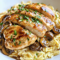 For Chicken Marsala Orzo, you need: - 2 boneless, skinless chicken breasts - 1 cup orzo pasta - 1 cup chicken broth - 1 cup cremini mushrooms, sliced - 1/2 cup onion, finely chopped - 3 cloves garlic, minced - 2 tablespoons olive oil - 2 tablespoons balsamic vinegar - 1 teaspoon dried thyme - 1 teaspoon dried oregano - Salt and pepper to taste - Fresh parsley, chopped (for garnish) - 1/4 cup grated Parmesan cheese (optional) These main ingredients work together to create a rich and savory dish. The chicken adds protein, while orzo brings a delightful texture. You can enhance your Chicken Marsala Orzo with these optional items: - Extra herbs like rosemary or basil - Baby spinach for added greens - A splash of white wine for depth These options add flavor and nutrition. They make the dish even more exciting. If you lack some ingredients, don’t worry! Here are simple swaps: - Use chicken thighs instead of chicken breasts for a juicier bite. - Swap orzo for rice or quinoa for a different texture. - Try button mushrooms if cremini are not available. - Use vegetable broth for a vegetarian option. These substitutions keep the spirit of the dish alive while fitting your pantry. {{ingredient_image_1}} Start by seasoning the chicken breasts. Use salt, pepper, dried thyme, and dried oregano. This gives the chicken great flavor. Heat a large skillet over medium-high heat. Add one tablespoon of olive oil. Once hot, place the chicken in the skillet. Cook for about six to seven minutes on each side. Look for a nice golden brown color. When done, remove the chicken and set it aside. In the same skillet, add the remaining olive oil. Next, toss in the finely chopped onion and minced garlic. Sauté for about two to three minutes. You want the onion to turn translucent. After that, add the sliced cremini mushrooms. Cook them until they are browned and tender. This should take a few more minutes. The smell will be amazing! Now, pour in one cup of chicken broth. Bring it to a boil. When it starts boiling, add the orzo pasta. Lower the heat to a simmer. Cook the orzo for about eight to ten minutes. Stir occasionally. You want the orzo to be al dente and absorb most of the liquid. Check it often to avoid overcooking. While the orzo cooks, slice the cooked chicken into strips. Once the orzo is ready, stir in two tablespoons of balsamic vinegar. Then, add the sliced chicken back into the skillet. Mix everything well to combine. Taste and adjust the seasoning with salt and pepper. If you like, stir in some grated Parmesan cheese for extra creaminess. Your Chicken Marsala Orzo is now ready to serve! To cook chicken breasts well, start with good seasoning. Use salt, pepper, thyme, and oregano. These make the chicken flavorful. Heat olive oil in a skillet on medium-high heat. Cook the chicken for 6-7 minutes on each side. Look for a golden brown color. Before serving, check that the chicken is cooked through. It should reach 165°F inside. Let it rest for a few minutes before slicing. This keeps the juices inside, making it tender. Cooking orzo right is key. Start by boiling chicken broth. When it bubbles, add the orzo. Stir it well to prevent sticking. Cook for about 8-10 minutes. Check it often. You want it to be tender but still firm to bite. This is what al dente means. If it gets too soft, it will lose its bite. Once cooked, most of the broth should be gone. This makes it creamy and delicious. To make your Chicken Marsala Orzo even better, add balsamic vinegar. It gives a sweet and tangy kick. Consider stirring in grated Parmesan cheese. It adds creaminess and depth to the dish. Fresh parsley as a garnish boosts color and freshness. You can also try adding different herbs like rosemary or basil. Experiment with flavors to find what you love. Pro Tips Perfectly Cooked Chicken: Use a meat thermometer to ensure the chicken reaches an internal temperature of 165°F (75°C) for safe consumption and optimal juiciness. Flavorful Orzo: For an extra layer of flavor, toast the orzo in the skillet for a couple of minutes before adding the chicken broth. Mushroom Varieties: Experiment with different types of mushrooms, such as shiitake or button mushrooms, to enhance the dish's flavor profile. Garnish for Freshness: Always add fresh herbs like parsley just before serving to maintain their vibrant color and fresh flavor. {{image_2}} You can make Chicken Marsala Orzo meat-free. Replace the chicken with hearty vegetables. Use mushrooms, zucchini, and bell peppers for a great taste. Sauté them just like you would the chicken. Add more broth if needed to keep it moist. This option still keeps the rich flavors from the balsamic and herbs. To make this dish gluten-free, swap orzo with gluten-free pasta. Look for brands that mimic orzo’s shape and texture. Check the labels for gluten-free grains like quinoa or rice. The cooking time may change, so adjust as needed. This way, everyone can enjoy it without worry. For a creamy twist, add cream or cream cheese to the dish. Stir it in right before serving. This addition makes the dish rich and smooth. You can also use a dairy-free option like coconut cream. It still tastes great and adds a different flavor. To store leftovers, first let the Chicken Marsala Orzo cool. Then, transfer it to an airtight container. Store it in the fridge for up to three days. Make sure to label the container with the date. This helps you keep track of how long it has been stored. For reheating, use the microwave or a skillet. If using a microwave, place the orzo in a microwave-safe bowl. Add a splash of chicken broth or water to keep it moist. Heat in 30-second bursts, stirring in between. If using a skillet, heat on low. Stir in a bit of broth to help it warm evenly. Yes, you can freeze Chicken Marsala Orzo! Allow it to cool completely. Then, portion it into freezer-safe bags. Remove as much air as possible before sealing. You can freeze it for up to three months. When ready to eat, thaw overnight in the fridge. Reheat as mentioned above. Enjoy your meal even after freezing! Chicken Marsala Orzo is a tasty dish made with chicken and orzo pasta. The orzo looks like rice but is actually a small pasta. It cooks quickly and absorbs flavors well. I add sautéed mushrooms and a rich Marsala sauce for depth. This dish brings together savory chicken, creamy orzo, and earthy mushrooms. It's a great one-pan meal that impresses everyone at the table. Yes, you can use other types of pasta! If you prefer a different shape, try penne, fusilli, or farfalle. Just remember that cooking times may vary. Always check the package for cooking instructions. You want your pasta to be al dente, so it holds up well in the dish. To make Chicken Marsala Orzo ahead of time, cook the chicken and orzo separately. Store them in the fridge. When you're ready to eat, combine them in a pan. Heat gently and add a splash of broth to revive the flavors. This keeps the dish fresh without sacrificing taste. Several sides go nicely with Chicken Marsala Orzo. Here are some ideas: - A simple green salad with vinaigrette - Steamed green beans or broccoli - Garlic bread to soak up the sauce - Roasted vegetables for extra flavor These sides complement the dish and add color to your meal. In this post, we explored Chicken Marsala Orzo, from its key ingredients to cooking steps. I shared tips for perfect chicken and flavorful orzo. You learned fun variations, like vegetarian and creamy options. We covered storage and reheating to keep your meal fresh. Remember, cooking is about trying new things. Feel free to adapt the recipe to your taste. Enjoy making this dish, and share it with friends and family. Happy cooking!