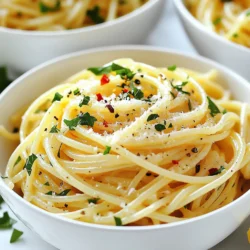Here’s what you need for garlic butter pasta. Each ingredient adds a special touch to this dish. - 12 oz spaghetti or any pasta of choice - 1/2 cup unsalted butter - 6 cloves garlic, minced - 1/4 teaspoon red pepper flakes - 1/4 cup fresh parsley, chopped - 1/2 cup grated Parmesan cheese - Zest of 1 lemon - Salt and pepper to taste - Fresh basil leaves for garnish Each ingredient shines in its own way. The butter brings richness, while garlic adds a wonderful aroma. Fresh parsley gives a burst of color and taste. Lemon zest brightens the dish, making it even more refreshing. Feel free to switch the pasta type. You can use fettuccine, penne, or even gluten-free pasta. Just keep the same ingredient amounts. Each choice will give a unique twist to your meal. Now, let's gather these ingredients and get ready to cook! {{ingredient_image_1}} - Bring salted water to a boil in a large pot. - Add 12 oz of spaghetti or any pasta you like. - Cook until al dente, about 8-10 minutes. - Reserve 1 cup of pasta water, then drain the rest. - In a large skillet, melt 1/2 cup of unsalted butter over medium heat. - Add 6 cloves of minced garlic. - Sauté for 2-3 minutes until it smells great and turns golden. - Add the drained pasta to the skillet with the garlic butter. - Toss the pasta well to coat in the buttery goodness. - Stir in 1/4 teaspoon of red pepper flakes and the zest of 1 lemon. - Use the reserved pasta water a little at a time for the right consistency. - Remove from heat and add 1/2 cup of grated Parmesan cheese. - Toss until everything is mixed well and the cheese melts into the pasta. - Portion the pasta into bowls. - Garnish with 1/4 cup of chopped parsley and fresh basil leaves. To cook garlic without burning, follow these steps: - Use medium heat for your skillet. - Add minced garlic after the butter melts. - Stir the garlic often while cooking. - Watch for the garlic to turn golden but not brown. Burned garlic tastes bitter and ruins your dish. To make garlic butter pasta gluten-free, use gluten-free pasta. Many brands offer great options that taste fantastic. If you'd like to add protein or veggies, consider these choices: - Grilled chicken or shrimp for a meaty touch. - Spinach or broccoli for a healthy crunch. These additions make the dish more filling and nutritious. Choosing the right pasta can elevate your dish. Spaghetti is classic, but you can try: - Fettuccine for a thicker bite. - Penne for a fun twist. For fresh herbs and seasonings, I recommend: - Chopped parsley for freshness. - Basil for a sweet aroma. These additions enhance the dish's taste and make it more colorful! Pro Tips Perfect Pasta Texture: Make sure to cook your pasta al dente; it should have a slight bite to it. This not only enhances the texture but also helps it hold up better to the sauce. Quality Butter Matters: Use high-quality unsalted butter for the best flavor. This will enhance the richness of the garlic butter sauce and elevate your dish. Fresh Ingredients are Key: Fresh minced garlic and parsley will provide the best flavor. Avoid using pre-minced garlic from jars for optimal freshness. Adjusting Sauce Consistency: If the pasta seems dry after mixing, gradually add more reserved pasta water. This will help achieve a silky, smooth sauce that clings to the pasta. {{image_2}} You can boost your garlic butter pasta by adding proteins. Grilled chicken or shrimp can add a nice touch. Simply cook them separately, then mix them in. If you prefer vegetarian options, try adding chickpeas. They will give you a good protein source and a nice texture. Incorporating vegetables can make your dish healthier. Spinach or kale are great choices for added nutrition. You can toss them in just before serving to keep them bright. Roasted tomatoes or bell peppers also add color and flavor. Roast them until soft, then mix them into your pasta. Changing the flavor profile is easy. Different cheeses can elevate your dish. Feta or goat cheese offer a creamy and tangy taste. You can also experiment with citrus flavors. Adding lime or orange zest gives a fresh twist. This adds brightness and enhances the garlic butter flavor. To store leftovers, let the pasta cool first. Place it in an airtight container. You can use glass or plastic containers for this. Make sure to seal it well to keep the flavor fresh. You can freeze garlic butter pasta. First, let it cool completely. Then, transfer it to a freezer-safe bag. Press out as much air as possible before sealing. For best results when reheating, thaw it overnight in the fridge. When ready, heat it in a skillet over low heat. Add a splash of water to help it warm up. In the fridge, garlic butter pasta can last up to three days. In the freezer, it stays good for about three months. Always check for signs of spoilage before eating. If it smells off or looks strange, throw it away. For garlic butter pasta, spaghetti works great. Its long shape holds sauce well. Other good options include fettuccine and linguine. They also grab the garlic butter nicely. You can even use penne if you like. Its hollow shape adds a fun texture. Yes, you can use olive oil! It makes the dish lighter. Olive oil adds a nice flavor, too. This swap is good for dairy-free diets. Just keep the same amount, half a cup. The taste will change slightly, but it’s still tasty. To spice things up, add more red pepper flakes. You can use up to one teaspoon. You might also try crushed red pepper for extra heat. If you like garlic, add garlic powder too. A pinch of cayenne pepper adds great warmth. Garlic butter pasta has some good and bad points. Butter adds rich flavor but also fat. Spaghetti is high in carbs but gives energy. You can make it healthier by using whole wheat pasta. Adding veggies boosts the nutrients without adding many calories. This blog post covered how to make garlic butter pasta from start to finish. You learned about the key ingredients and step-by-step instructions to create a delicious meal. I also shared tips for customization to fit various diets. Lastly, we discussed storage methods to keep your dish fresh. Remember, this pasta is fun to make and versatile. Explore different variations to find your favorite spins! Enjoy your cooking journey and savor each bite.
