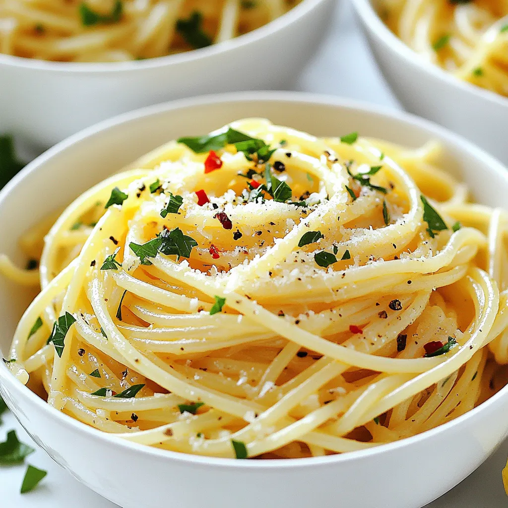 Here’s what you need for garlic butter pasta. Each ingredient adds a special touch to this dish. - 12 oz spaghetti or any pasta of choice - 1/2 cup unsalted butter - 6 cloves garlic, minced - 1/4 teaspoon red pepper flakes - 1/4 cup fresh parsley, chopped - 1/2 cup grated Parmesan cheese - Zest of 1 lemon - Salt and pepper to taste - Fresh basil leaves for garnish Each ingredient shines in its own way. The butter brings richness, while garlic adds a wonderful aroma. Fresh parsley gives a burst of color and taste. Lemon zest brightens the dish, making it even more refreshing. Feel free to switch the pasta type. You can use fettuccine, penne, or even gluten-free pasta. Just keep the same ingredient amounts. Each choice will give a unique twist to your meal. Now, let's gather these ingredients and get ready to cook! {{ingredient_image_1}} - Bring salted water to a boil in a large pot. - Add 12 oz of spaghetti or any pasta you like. - Cook until al dente, about 8-10 minutes. - Reserve 1 cup of pasta water, then drain the rest. - In a large skillet, melt 1/2 cup of unsalted butter over medium heat. - Add 6 cloves of minced garlic. - Sauté for 2-3 minutes until it smells great and turns golden. - Add the drained pasta to the skillet with the garlic butter. - Toss the pasta well to coat in the buttery goodness. - Stir in 1/4 teaspoon of red pepper flakes and the zest of 1 lemon. - Use the reserved pasta water a little at a time for the right consistency. - Remove from heat and add 1/2 cup of grated Parmesan cheese. - Toss until everything is mixed well and the cheese melts into the pasta. - Portion the pasta into bowls. - Garnish with 1/4 cup of chopped parsley and fresh basil leaves. To cook garlic without burning, follow these steps: - Use medium heat for your skillet. - Add minced garlic after the butter melts. - Stir the garlic often while cooking. - Watch for the garlic to turn golden but not brown. Burned garlic tastes bitter and ruins your dish. To make garlic butter pasta gluten-free, use gluten-free pasta. Many brands offer great options that taste fantastic. If you'd like to add protein or veggies, consider these choices: - Grilled chicken or shrimp for a meaty touch. - Spinach or broccoli for a healthy crunch. These additions make the dish more filling and nutritious. Choosing the right pasta can elevate your dish. Spaghetti is classic, but you can try: - Fettuccine for a thicker bite. - Penne for a fun twist. For fresh herbs and seasonings, I recommend: - Chopped parsley for freshness. - Basil for a sweet aroma. These additions enhance the dish's taste and make it more colorful! Pro Tips Perfect Pasta Texture: Make sure to cook your pasta al dente; it should have a slight bite to it. This not only enhances the texture but also helps it hold up better to the sauce. Quality Butter Matters: Use high-quality unsalted butter for the best flavor. This will enhance the richness of the garlic butter sauce and elevate your dish. Fresh Ingredients are Key: Fresh minced garlic and parsley will provide the best flavor. Avoid using pre-minced garlic from jars for optimal freshness. Adjusting Sauce Consistency: If the pasta seems dry after mixing, gradually add more reserved pasta water. This will help achieve a silky, smooth sauce that clings to the pasta. {{image_2}} You can boost your garlic butter pasta by adding proteins. Grilled chicken or shrimp can add a nice touch. Simply cook them separately, then mix them in. If you prefer vegetarian options, try adding chickpeas. They will give you a good protein source and a nice texture. Incorporating vegetables can make your dish healthier. Spinach or kale are great choices for added nutrition. You can toss them in just before serving to keep them bright. Roasted tomatoes or bell peppers also add color and flavor. Roast them until soft, then mix them into your pasta. Changing the flavor profile is easy. Different cheeses can elevate your dish. Feta or goat cheese offer a creamy and tangy taste. You can also experiment with citrus flavors. Adding lime or orange zest gives a fresh twist. This adds brightness and enhances the garlic butter flavor. To store leftovers, let the pasta cool first. Place it in an airtight container. You can use glass or plastic containers for this. Make sure to seal it well to keep the flavor fresh. You can freeze garlic butter pasta. First, let it cool completely. Then, transfer it to a freezer-safe bag. Press out as much air as possible before sealing. For best results when reheating, thaw it overnight in the fridge. When ready, heat it in a skillet over low heat. Add a splash of water to help it warm up. In the fridge, garlic butter pasta can last up to three days. In the freezer, it stays good for about three months. Always check for signs of spoilage before eating. If it smells off or looks strange, throw it away. For garlic butter pasta, spaghetti works great. Its long shape holds sauce well. Other good options include fettuccine and linguine. They also grab the garlic butter nicely. You can even use penne if you like. Its hollow shape adds a fun texture. Yes, you can use olive oil! It makes the dish lighter. Olive oil adds a nice flavor, too. This swap is good for dairy-free diets. Just keep the same amount, half a cup. The taste will change slightly, but it’s still tasty. To spice things up, add more red pepper flakes. You can use up to one teaspoon. You might also try crushed red pepper for extra heat. If you like garlic, add garlic powder too. A pinch of cayenne pepper adds great warmth. Garlic butter pasta has some good and bad points. Butter adds rich flavor but also fat. Spaghetti is high in carbs but gives energy. You can make it healthier by using whole wheat pasta. Adding veggies boosts the nutrients without adding many calories. This blog post covered how to make garlic butter pasta from start to finish. You learned about the key ingredients and step-by-step instructions to create a delicious meal. I also shared tips for customization to fit various diets. Lastly, we discussed storage methods to keep your dish fresh. Remember, this pasta is fun to make and versatile. Explore different variations to find your favorite spins! Enjoy your cooking journey and savor each bite.