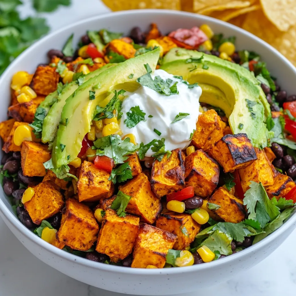 - 2 medium sweet potatoes, diced - 1 tablespoon olive oil - 1 teaspoon chili powder - 1 teaspoon cumin - 1/2 teaspoon garlic powder - Salt and pepper to taste - 1 can black beans, rinsed and drained - 1 cup corn (fresh or frozen) - 1 red bell pepper, diced - 1 avocado, sliced - 1/4 cup fresh cilantro, chopped - Juice of 1 lime Sweet potatoes are the heart of this dish. They bring a sweet, creamy flavor. They also add a vibrant color that makes the bowl fun to eat. You dice them into bite-sized pieces. This helps them cook evenly and get nice and crispy. Next, we have seasonings. Olive oil makes everything crisp. Chili powder and cumin give a warm kick. Garlic powder adds depth. Salt and pepper tie it all together. Together, these spices make the sweet potatoes pop with flavor. After the sweet potatoes, we add black beans. They add protein and fiber. Corn adds a sweet crunch. Red bell pepper brightens the mix with color and taste. Finally, we have toppings. Sliced avocado makes it creamy. Fresh cilantro adds a fresh taste. Lime juice gives it a zesty finish. - 1/2 cup Greek yogurt or dairy-free yogurt (for serving) - Tortilla chips (for garnish, optional) For a creamy touch, you can add Greek yogurt. It balances the sweetness of the potatoes. Tortilla chips add a nice crunch. They are great for scooping up the mixture. Fresh herbs, like cilantro, also make a great garnish. They brighten the dish and add freshness. You can mix and match these options to make your bowl unique. Enjoy! {{ingredient_image_1}} - Preheating the Oven Start by preheating your oven to 425°F (220°C). This will help the sweet potatoes cook evenly and become crispy. - Tossing with Olive Oil and Spices In a large bowl, add 2 medium diced sweet potatoes. Pour in 1 tablespoon of olive oil. Sprinkle in 1 teaspoon of chili powder, 1 teaspoon of cumin, and 1/2 teaspoon of garlic powder. Add salt and pepper to taste. Toss everything well until the sweet potatoes are coated evenly with the oil and spices. - Arranging on Baking Sheet Spread the spiced sweet potatoes in a single layer on a baking sheet. Make sure they are not crowded. This helps them roast well. - Roasting Time and Tips Roast the sweet potatoes in the preheated oven for 25 to 30 minutes. Flip them halfway through to ensure they cook evenly. They should be tender and crispy when done. - Adding the Black Bean Mixture While the sweet potatoes roast, mix 1 can of rinsed black beans, 1 cup of corn, and 1 diced red bell pepper in a medium bowl. Squeeze the juice of 1 lime over this mix. Season with salt and pepper, then toss well to combine. - Topping with Avocado and Yogurt Once the sweet potatoes are done, let them cool a bit. In each bowl, start with a layer of roasted sweet potatoes. Top this with the black bean mixture. Add slices of 1 avocado and a dollop of 1/2 cup of Greek yogurt on top. Finish with fresh cilantro for a burst of flavor. Serve with tortilla chips on the side, if you like. Achieving the Right Texture To get sweet potatoes just right, cutting them into small, even pieces is key. Aim for about half an inch in size. This helps them cook evenly and get crispy. Roast them at 425°F (220°C) for 25-30 minutes. Flip them halfway through to ensure they brown all over. Seasoning Variations Feel free to mix up the flavors! Try adding smoked paprika for a smoky kick. You can also use cayenne for heat or cinnamon for a warm sweetness. Get creative with your spices. Just remember to keep the olive oil and salt for that perfect blend. Pairing with Sides Sweet potato taco bowls are great with sides like rice or quinoa. You can also serve them with tortilla chips for a crunch. A fresh salad on the side adds a nice touch, too. Customization Ideas Make your bowl your own! Add grilled chicken or shrimp for protein. You can swap black beans for pinto beans or add your favorite veggies. Try different toppings like salsa, cheese, or jalapeños for extra flavor. Making Ahead You can roast the sweet potatoes a day before. Store them in a sealed container in the fridge. Prepare the black bean mixture ahead, too. Just mix and chill until you're ready to serve. Storage Tips for Ingredients Keep leftover sweet potatoes in an airtight container. They will last for about 3-4 days. Store other ingredients like beans and corn separately to keep them fresh. If you freeze any components, make sure to use them within a month for the best taste. Pro Tips Choose the Right Sweet Potatoes: Look for firm, smooth-skinned sweet potatoes with no blemishes or soft spots for the best flavor and texture. Enhance the Roasting: For extra crispiness, try soaking the diced sweet potatoes in cold water for 30 minutes before roasting. This helps remove excess starch. Mix It Up: Feel free to customize the toppings! Add ingredients like diced jalapeños, shredded cheese, or a drizzle of hot sauce for extra flavor. Make It Ahead: Prepare the sweet potatoes and toppings in advance for a quick assembly during busy weeknights. Store separately in the fridge for up to 3 days. {{image_2}} For a hearty vegetarian meal, add more protein. You can use tofu or tempeh. Just cube it and sauté with some spices. This step adds flavor and texture. You can also swap out the black beans for kidney beans or chickpeas. Both choices work well in this dish. To modify the recipe, try adding more veggies. You could include zucchini, mushrooms, or spinach. These ingredients will add even more flavor. Roasting them with the sweet potatoes gives a nice taste. If you want a vegan dish, use dairy-free yogurt. Coconut yogurt or almond-based yogurt are great choices. They add creaminess without dairy. You can also skip the yogurt entirely if you prefer. Substituting ingredients is easy. Use avocado or extra lime juice for a creamy texture. Add nuts or seeds for crunch. They bring flavor and healthy fats to the meal. To keep your taco bowls gluten-free, ensure all ingredients are safe. Check labels on canned goods like black beans and corn. Some brands may add gluten. You can also serve your taco bowls in corn tortillas instead of chips. This way, you keep the crunch. You can even use lettuce wraps as a fun, low-carb option. They add freshness and are easy to eat. After you enjoy your taco bowls, store leftovers in the fridge. Place them in a container with a tight lid. This helps keep them fresh. Use glass or plastic containers. They work well and are easy to clean. You can freeze parts of your taco bowls. Sweet potatoes, beans, and corn freeze well. Just place them in freezer bags. Squeeze out the air before sealing. For best results, eat them within three months. When you're ready to eat, thaw them overnight in the fridge. Heat them in the oven or a microwave until warm. In the fridge, leftover taco bowls last about three days. Check for changes in smell or color. If they smell bad or look off, it's time to toss them. Sweet potatoes can last up to a week in the fridge. Beans and corn last about three to five days. Always check for spoilage before using. You can prepare Sweet Potato Taco Bowls ahead of time. Roast the sweet potatoes and prepare the bean mixture. Store both in separate containers in the fridge. You can also slice the avocado just before serving. This way, it stays fresh. When you're ready to eat, just combine everything in a bowl. Yes, you can swap out vegetables easily. Try using zucchini, mushrooms, or even spinach. Just make sure to season them well. Roasting will bring out their flavors. Feel free to mix and match based on what you have. Many proteins work well in these taco bowls. Grilled chicken, ground turkey, or beef all add great taste. For plant-based options, try chickpeas or lentils. Adding protein boosts the meal's nutrition and keeps you full. Store leftovers in airtight containers. Keep the sweet potatoes, bean mixture, and toppings separate. This keeps everything fresh. When ready to eat, simply reheat the sweet potatoes and mix everything together. Yes, Sweet Potato Taco Bowls are gluten-free. The ingredients do not contain gluten. To be safe, check labels on any packaged items like beans or yogurt. This way, you can enjoy your meal without worry. Sweet Potato Taco Bowls are delicious, easy, and full of flavor. You learned about the main ingredients and how to prepare them step by step. I shared tips for perfecting your sweet potatoes and ideas for meal prep. You can also customize your bowls with many variations to fit your needs. Make these taco bowls your own by playing with toppings and ingredients. Enjoy experimenting and creating tasty meals that everyone will love!