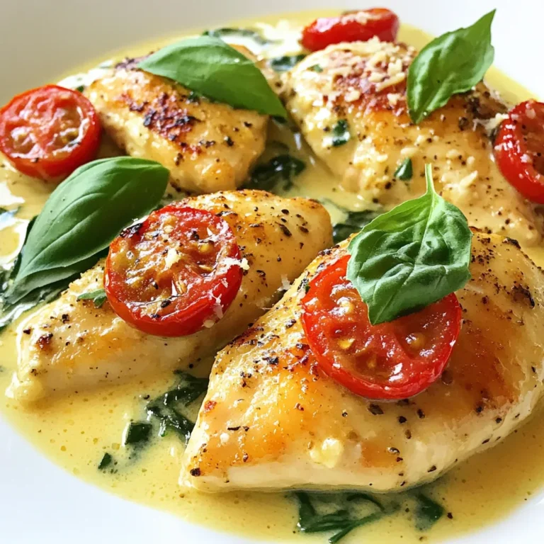 - 4 boneless, skinless chicken breasts - 2 tablespoons olive oil - 4 cloves garlic, minced - 1 cup cherry tomatoes, halved - 1 cup baby spinach - 1 cup heavy cream - 1 teaspoon Italian seasoning - ½ teaspoon red pepper flakes (optional for heat) - Salt and pepper to taste - Fresh basil leaves, for garnish - Grated Parmesan cheese, for serving - You can use coconut cream or cashew cream instead of heavy cream. - If you want a lighter option, use chicken thighs or turkey breasts instead of chicken breasts. - For fresh herbs, try dried basil or parsley if fresh isn’t available. - A large skillet or frying pan works best for this dish. - A cutting board and a sharp knife make prep easy. - Use measuring cups and spoons for accuracy in your recipe. Cooking becomes simple with the right ingredients and tools. Each item plays a key role in achieving the perfect creamy garlic Tuscan chicken. Remember, fresh ingredients make a big difference in taste! {{ingredient_image_1}} Seasoning the chicken Start by seasoning your chicken breasts. Use salt, pepper, and Italian seasoning. Make sure to coat both sides well. This step adds flavor right from the start. Preparing the garlic and tomatoes Next, mince the garlic and halve the cherry tomatoes. This makes them ready to cook. Fresh garlic gives a great taste, and the tomatoes add color and sweetness. Searing the chicken Heat olive oil in a large skillet over medium-high heat. Once hot, add the chicken breasts. Sear for about 6-7 minutes on each side. You want a nice golden brown color. This locks in moisture and flavor. When done, set the chicken aside. Cooking the tomatoes and creating the cream sauce In the same skillet, lower the heat to medium. Add the minced garlic and sauté it for about 30 seconds. You will smell the garlic's wonderful aroma. Now add the cherry tomatoes and cook for 3-4 minutes, until they soften. Then, pour in the heavy cream. Stir well and let it simmer for a few minutes to thicken. Adding spinach and returning chicken to the skillet Add the baby spinach next. Cook until it just wilts, about 2 minutes. Now return the seared chicken to the skillet. Nestle the chicken into the sauce. Spoon some sauce over the top. Let it simmer together for 2-3 minutes. This helps the chicken absorb all that creamy goodness. Garnishing and serving suggestions Remove the skillet from heat. Garnish with fresh basil leaves and sprinkle grated Parmesan cheese on top. For serving, place the creamy garlic Tuscan chicken on a bed of creamy mashed potatoes or next to garlic bread. This way, you can soak up every drop of that lovely sauce. Tips for ensuring the chicken is moist To keep your chicken moist, do not overcook it. Use a meat thermometer to check for doneness. The internal temperature should reach 165°F. Also, letting the chicken rest after cooking helps keep it juicy. How to check for doneness To check if your chicken is done, use a meat thermometer. Insert it into the thickest part of the chicken. The internal temperature should reach 165°F. If you don’t have a thermometer, cut into the chicken. The juices should run clear, not pink. Ensuring a golden sear For a great sear, make sure your pan is hot before adding the chicken. Use medium-high heat and allow the chicken to cook without moving it for 6-7 minutes. This helps form a nice crust. After flipping, cook the other side the same way. Adding herbs and spices You can boost flavors by adding fresh herbs like thyme or oregano. Toss in some chopped basil for a fresh burst. The Italian seasoning in the recipe gives a great base, but feel free to add your favorites. Suggestions for adding heat If you like heat, sprinkle in more red pepper flakes. You can also add diced jalapeños or a splash of hot sauce to the cream sauce. Start with a little, then taste and adjust to your liking. Pairing sides with the creamy garlic Tuscan chicken Creamy garlic Tuscan chicken pairs well with mashed potatoes or rice. Garlic bread is perfect for soaking up the sauce. You can also serve it with a light salad to balance the dish. Presentation tips for an appealing dish To make your dish look great, serve it on a clean white plate. Drizzle some of the sauce over the chicken. Add fresh basil leaves on top for color. A sprinkle of grated Parmesan makes it even more inviting. Pro Tips Use Fresh Ingredients: Fresh garlic and ripe cherry tomatoes will elevate the flavors of this dish, making it more vibrant and aromatic. Control the Heat: Adjust the amount of red pepper flakes based on your heat preference. Start with a small amount and add more if desired. Don’t Overcook the Chicken: To keep the chicken juicy, avoid overcooking. Use a meat thermometer to ensure the internal temperature reaches 165°F (75°C). Thicken the Sauce: If you prefer a thicker sauce, let it simmer a little longer, or add a cornstarch slurry (1 tablespoon cornstarch mixed with 1 tablespoon water) to achieve your desired consistency. {{image_2}} You can make lighter versions of creamy garlic Tuscan chicken using low-fat substitutes. Swap heavy cream for Greek yogurt or low-fat milk. Use skinless chicken thighs for extra flavor with less fat. This still gives you a creamy texture without the extra calories. For vegetarian adaptations, try using firm tofu or chickpeas instead of chicken. Sauté them just like you would the chicken. This way, you still enjoy a creamy garlic sauce with a twist. To switch things up, add sun-dried tomatoes to your creamy garlic Tuscan chicken. Their sweet and tangy taste adds a wonderful depth. Just toss them in when you add the garlic and tomatoes. You can also change the cheese for enhanced flavor. Try using goat cheese or feta instead of Parmesan. Each cheese brings its unique taste, making the dish even more special. Incorporate flavors from other cuisines for an exciting twist. Add a splash of soy sauce for an Asian flair. Or, sprinkle some cumin and coriander for a Middle Eastern touch. For various dietary preferences, think about gluten-free options. Use gluten-free pasta or serve the chicken over quinoa instead of traditional starches. This way, you can delight in a creamy dish that fits many diets. To store leftover creamy garlic Tuscan chicken, first, let it cool down. Place the chicken in a container. Make sure it has a tight lid. This keeps the chicken fresh and tasty. I like using glass containers. They do not stain and help you see what's inside. To reheat the chicken, use the stove or microwave. On the stove, add a splash of cream sauce to a pan. Heat it on low. This helps keep the chicken moist. If using the microwave, cover the dish with a towel. Heat in short bursts, stirring in between. This prevents the chicken from drying out. Yes, you can freeze creamy garlic Tuscan chicken. To freeze, let the dish cool completely. Then, place it in a freezer-safe bag. Squeeze out the air to avoid freezer burn. For thawing, put the bag in the fridge overnight. This keeps the texture nice. Reheat gently when ready to enjoy again. Can I use frozen chicken for this recipe? Yes, you can use frozen chicken. Just make sure to thaw it first. Cooking frozen chicken makes it hard to sear and can lead to uneven cooking. Thawing helps it cook evenly and brown well. How do I thicken the sauce further? To thicken the sauce, simmer it longer to reduce the liquid. You can also add a slurry of cornstarch and water. Mix one tablespoon of cornstarch with two tablespoons of water. Stir this into the sauce and let it cook a bit longer. Can I use other vegetables instead of spinach? Yes! You can use vegetables like kale, broccoli, or zucchini. Just make sure to cook them until tender. Each vegetable brings its own flavor and texture to the dish. What are the best types of tomatoes for this dish? Cherry tomatoes work great for their sweet flavor. You can also use grape tomatoes or Roma tomatoes. Just chop them into smaller pieces for even cooking. How to convert this recipe for a slow cooker? To use a slow cooker, sear the chicken first, then add it to the slow cooker. Add garlic, tomatoes, cream, and seasonings. Cook on low for about 4-6 hours. Add spinach in the last 30 minutes. Tips for doubling or halving the recipe When doubling, use a larger pan and make sure to increase cooking time slightly. For halving, use a smaller pan and adjust the seasoning to taste. Always check the chicken for doneness. This blog post covers a delicious creamy garlic Tuscan chicken recipe. You learned about key ingredients, helpful tools, and easy steps for cooking. The tips and tricks will help you perfect your chicken and enhance flavors. You can also explore variations for different tastes or health needs. Remember to store and reheat your dish properly to keep it fresh. This recipe is easy to adapt, making it perfect for anyone. Enjoy the process and happy cooking!