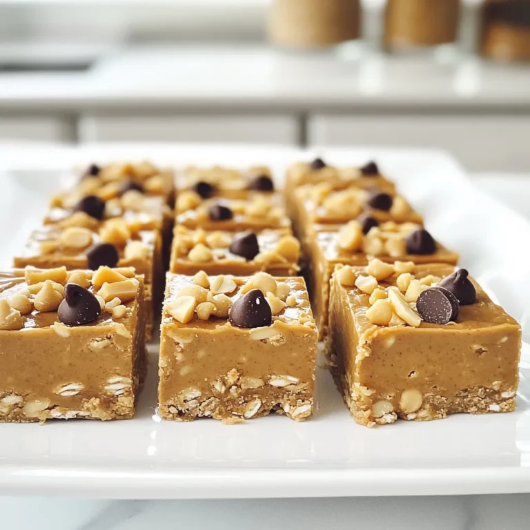 To make these no-bake peanut butter bars, you need some simple and tasty ingredients. Here’s what you'll need: - 1 cup creamy peanut butter - 1/2 cup honey or maple syrup - 2 cups rolled oats - 1/2 cup almond flour - 1/2 cup dark chocolate chips - 1/4 teaspoon salt - 1 teaspoon vanilla extract - Optional: 1/4 cup chopped nuts (like almonds or walnuts) Each ingredient plays a key role in the flavor and texture of the bars. The creamy peanut butter gives a rich taste, while honey or maple syrup adds sweetness. Rolled oats provide a hearty base, and almond flour brings a nice texture. Dark chocolate chips offer a sweet, chocolatey bite. You can also add chopped nuts for extra crunch if you like. Feel free to mix and match based on your taste or what you have at home. This recipe is flexible and fun to customize! {{ingredient_image_1}} First, get a medium saucepan. Add 1 cup of creamy peanut butter and 1/2 cup of honey. You can also use maple syrup. Heat this on low. Stir the mix until it melts and is smooth. This step is key to making the bars creamy. Next, grab a large bowl. Add 2 cups of rolled oats and 1/2 cup of almond flour. Mix these dry ingredients well. This helps the bars hold together later. Now, take your melted peanut butter mix off the heat. Add 1 teaspoon of vanilla extract and 1/4 teaspoon of salt. Stir this in well. Pour this mix over the dry ingredients. Stir until everything combines. If you want some crunch, fold in 1/2 cup of dark chocolate chips and any chopped nuts you like. Line an 8x8 inch baking dish with parchment paper. Leave some paper hanging over the edges. This helps with easy removal. Pour the mixture into the dish. Press it down firmly with a spatula or your hands. Make sure it’s even and compact. Refrigerate for at least 1 hour. Once firm, lift it out using the parchment. Cut into bars and enjoy! When picking peanut butter, go for creamy. Creamy peanut butter binds better and gives a smooth texture. Check the label for added sugars and oils. Natural options are often the best. Look for peanut butter with just peanuts and salt. This keeps the taste pure and rich. To make these bars nut-free, swap peanut butter with sunbutter or soy nut butter. Both options give a similar taste without nuts. You can also use seed butter made from pumpkin or sesame seeds. Ensure you check for allergens in any substitute. This way, everyone can enjoy the bars safely. The key to firm bars is pressing the mixture well. Use a spatula or your hands to compact it into the dish. This helps the bars hold together. Refrigerate them for at least an hour. If they are still too soft, chill them longer. You want to cut them easily without falling apart. Pro Tips Storage Tip: To keep your bars fresh, store them in an airtight container in the refrigerator. They can last up to a week! Sweetness Adjustment: Feel free to adjust the sweetness by adding more or less honey/maple syrup according to your taste preference. Nut Variations: Experiment with different nuts or seeds to customize the flavor and texture of your bars. Chocolate Options: If you're a chocolate lover, consider drizzling melted chocolate on top before refrigerating for an extra indulgent treat! {{image_2}} You can switch up the sweetener in this recipe. Honey adds a nice flavor, but you can use maple syrup for a vegan option. Agave syrup is another good choice. Each sweetener changes the taste a bit. Try them all to find your favorite! Almond flour works well in these bars, but you can try other flours too. Coconut flour is a great gluten-free option. Oat flour will keep the recipe simple and tasty. Just remember, different flours may change the texture. Adjust the amount if needed. Mix-ins can make your bars extra special. Add in some chopped nuts for crunch. You can use almonds, walnuts, or even pecans. Dried fruits like cranberries or raisins also work well. For a twist, try adding seeds like chia or pumpkin seeds. Each mix-in adds flavor and fun! To keep your no-bake peanut butter bars fresh, store them in an airtight container. This helps prevent them from drying out. Place a piece of parchment paper between layers if you stack them. It will stop them from sticking together. Always keep them in the fridge. This keeps them firm and tasty. If you want to save some bars for later, freezing is a great option. Wrap each bar tightly in plastic wrap. Then, place the wrapped bars in a freezer-safe bag. Remove as much air as possible for best results. You can freeze these bars for up to three months. When you’re ready to eat them, let them thaw in the fridge overnight. These bars last for about a week in the fridge. After that, they may lose some taste and texture. If you freeze them, they keep their flavor and texture much longer. Always check for any changes in smell or appearance before eating. Enjoy your delicious treats! Yes, you can use maple syrup instead of honey. The bars will still taste sweet. Maple syrup adds a unique flavor. Just use the same amount, half a cup. The bars are set when they feel firm to touch. After one hour in the fridge, check them. If they hold together well, they are ready to cut. You can use oat flour or all-purpose flour. Both will work well in this recipe. Just keep the same amount, half a cup. To make the bars vegan, use maple syrup. Also, choose dairy-free chocolate chips. This way, you keep all the great flavors. Yes, adding protein powder is a great idea. You can mix in a scoop with the dry ingredients. This adds nutrition without changing the flavor much. We explored a simple no-bake peanut butter bar recipe. You learned its ingredients, step-by-step instructions, and helpful tips. The variations let you customize the bars to your taste. Proper storage keeps your bars fresh for longer. In summary, these bars make a great snack and are easy to prepare. Enjoy experimenting with flavors and ingredients. Your taste buds will thank you!