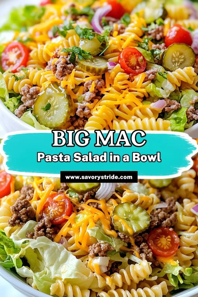Craving a delicious twist on a classic? This Big Mac Pasta Salad is your answer! Combining ground beef, cheddar cheese, and fresh veggies, this easy pasta salad captures the flavors of your favorite Big Mac in a refreshing dish. Perfect for potlucks or quick dinners, this Big Mac inspired salad is a must-try. Get the full pasta salad recipe today and enjoy a crowd-pleaser your family will love! #BigMacPastaSalad #PastaSaladRecipe #EasyPastaSalad #GroundBeefPastaSalad