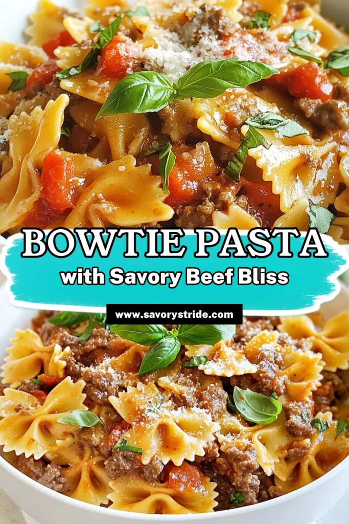 Discover this irresistible bowtie pasta recipe featuring savory beef that's perfect for a quick and easy pasta dinner. Our ground beef bowtie pasta combines rich flavors for a delightful Italian beef pasta dish your family will love. Ready in just 30 minutes, this meal is a crowd-pleaser! Try it tonight and elevate your dinner game. Save this easy pasta dinner idea for later! #BowtiePasta #SavoryBeef #EasyPastaDinner #ItalianRecipes