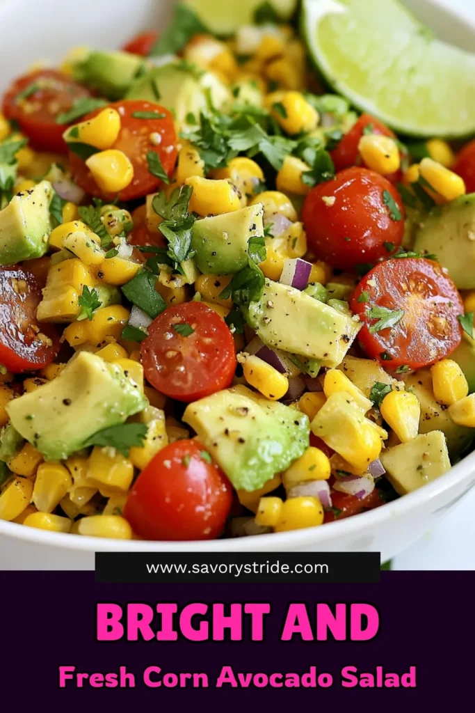 Try this delicious Summer Corn Avocado Salad recipe for a refreshing and healthy summer salad! Bursting with sweet fresh corn and creamy avocados, this corn avocado salad is perfect for barbecues or picnics. Easy to make, it features colorful ingredients and a zesty dressing. Don’t miss out on this vibrant summer corn salad that everyone will love. Save this healthy recipe for your next gathering! #SummerCornSalad #AvocadoSaladRecipe #FreshCornRecipes #HealthySummerSalad