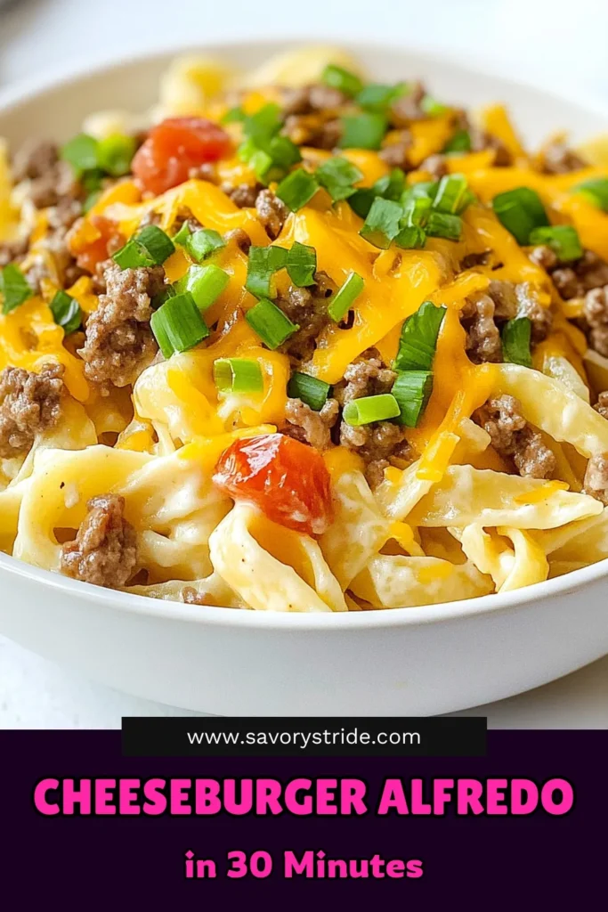 Indulge in this delicious cheeseburger alfredo pasta, the perfect creamy beef pasta recipe for busy weeknights. Enjoy fettuccine alfredo with ground beef, ready in just 30 minutes! This easy cheeseburger pasta is a quick pasta dinner recipe your family will love. Dive into a bowl of comfort food that's rich and satisfying. Don't forget to save this recipe for later! #CheeseburgerAlfredoPasta #QuickDinner #EasyPasta #CreamyPasta