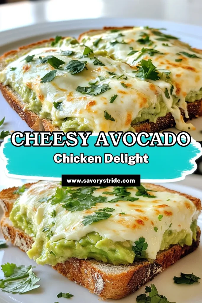 Savor the deliciousness of a Cheesy Chicken Avocado Melt! This easy Avocado Chicken Sandwich combines shredded chicken, creamy avocado, and melted mozzarella for a quick dinner idea that's healthy and satisfying. Perfect for any night, this Healthy Chicken Melt Recipe can be ready in just 25 minutes. Don't miss out on this Mozzarella Chicken Toast, it's a crowd-pleaser! Save the recipe and try it today! #CheesyChickenAvocadoMelt #HealthyDinner #QuickMeals #AvocadoRecipes