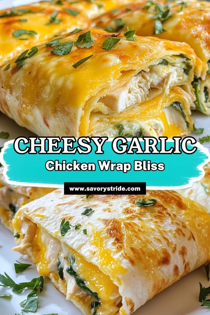 Discover the perfect easy chicken wrap recipe with these Cheesy Garlic Chicken Wraps! Packed with creamy chicken, mozzarella, and a delightful garlic flavor, these mozzarella chicken wraps are sure to impress. Easily made with garlic chicken tortillas, this recipe is quick and delicious. Ideal for lunch or dinner, you'll love every bite. Try it today and enjoy a cheesy, satisfying meal! Save this recipe for later! #ChickenWraps #EasyRecipes #CheesyGarlic #MozzarellaWraps