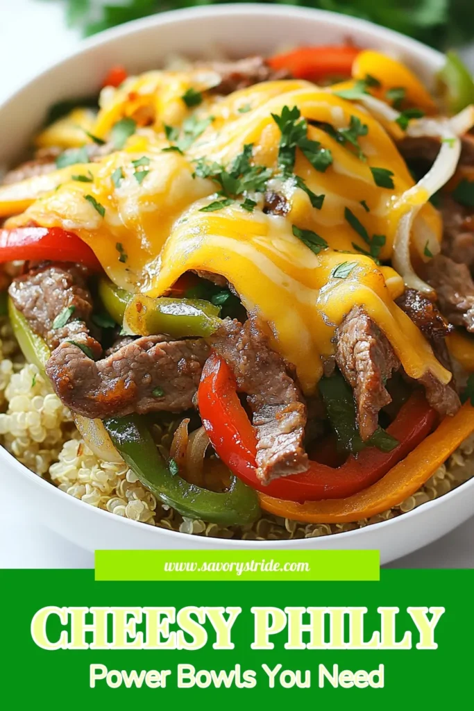 Savor the deliciousness of Philly Cheesesteak Power Bowls! This healthy cheesesteak recipe combines tender beef and melted cheese over a bed of nutritious quinoa, making it an ideal easy dinner recipe. Perfect for weeknight meals, these beef and cheese bowls are packed with flavor and nutrients. Try this recipe for a delightful twist on classic cheesesteak! Save this idea for your next meal! #PhillyCheesesteak #HealthyDinner #QuinoaBowls #EasyRecipes