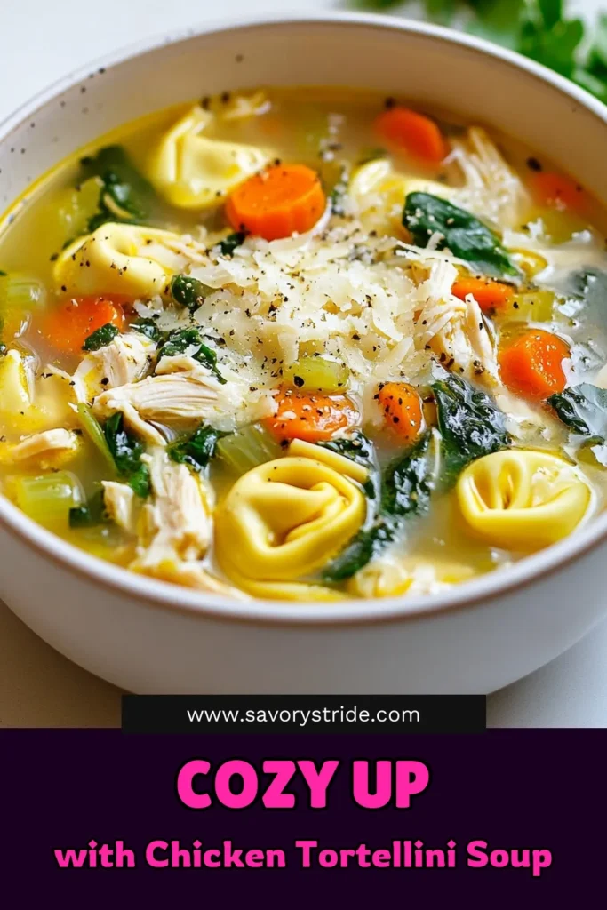 Warm up with this delicious chicken tortellini soup that's the ultimate comfort soup recipe! Perfect for chilly days, our easy chicken soup combines juicy shredded chicken, cheesy tortellini, and vibrant veggies for a satisfying homemade chicken broth soup. Ready in just 30 minutes, this cheesy tortellini soup is sure to become a family favorite. Save this recipe for a cozy night in! #ChickenTortelliniSoup #ComfortFood #EasySoup #RecipeIdeas