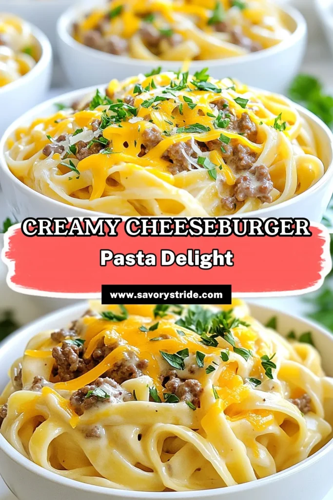 Indulge in this creamy cheeseburger pasta that brings a delicious twist to your weeknight meals! This easy cheeseburger Alfredo is made with tender beef fettuccine Alfredo, creamy cheddar, and savory seasonings for a dish that’s sure to delight your family. Perfect for busy nights, this Alfredo pasta recipe takes just 30 minutes! Save this creamy pasta recipe now and enjoy comfort food at its finest. #CheeseburgerPasta #AlfredoPastaRecipe #CreamyPastaRecipes #EasyDinnerIdeas