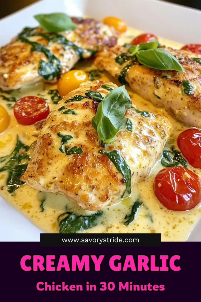 Discover the delightful flavors of Creamy Garlic Tuscan Chicken, an easy chicken dinner that elevates any meal. This Garlic chicken recipe features tender chicken in a creamy sauce, perfectly paired with cherry tomatoes and fresh spinach. In just 30 minutes, you can create this satisfying Tuscan chicken recipe that's perfect for busy weeknights. Save this recipe for your next dinner! #CreamyTuscanChicken #EasyChickenDinner #GarlicChickenRecipe #TuscanChickenRecipe
