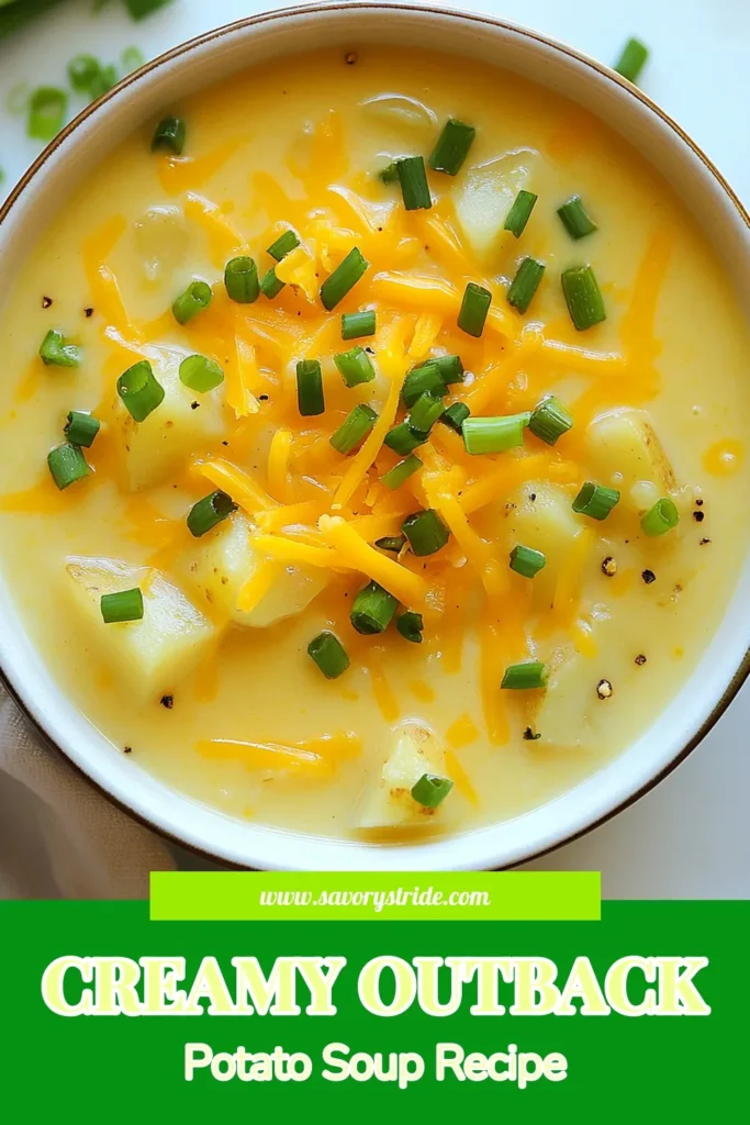 Looking for the ultimate comfort food? This Copycat Outback Potato Soup is your solution! This creamy potato soup recipe captures the essence of your favorite Outback Steakhouse recipe, making it the perfect homemade potato soup to warm your heart. Packed with flavor and loaded with cheddar, it's a must-try! Save this loaded potato soup recipe for your next cozy night in. Enjoy deliciousness at home! #CopycatOutbackPotatoSoup #CreamyPotatoSoup #HomemadePotatoSoup #LoadedPotatoSoup