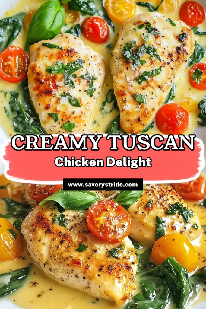 Whip up this delicious Creamy Garlic Tuscan Chicken recipe for an easy chicken dinner that’s packed with flavor! This Garlic chicken skillet comes together in one pan, making cleanup a breeze. With creamy sauce, tender chicken, and fresh spinach, it’s the perfect Italian chicken recipe to impress your family. Don’t miss out on this delightful meal—save the recipe now! #CreamyTuscanChickenRecipe #GarlicChickenSkillet #EasyChickenDinner #OnePanCreamyChicken