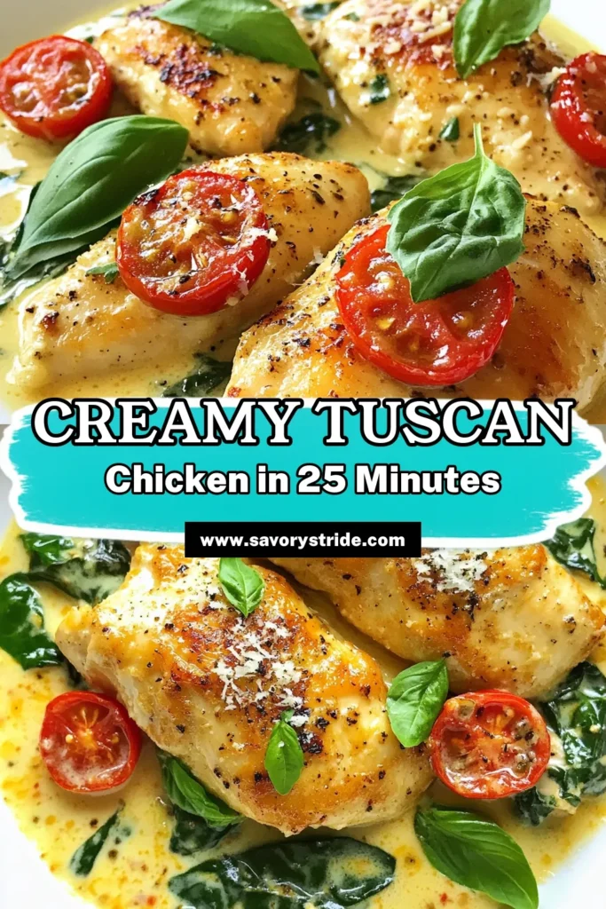 Discover the mouthwatering Creamy Garlic Tuscan Chicken recipe that's perfect for an easy chicken dinner! This Tuscan Chicken Recipe features seared chicken in a luscious chicken with cream sauce, bursting with garlic and fresh ingredients. Ready in just 25 minutes, this Garlic Chicken Skillet will impress your family and friends. Save this recipe now for a dinner they'll love! #TuscanChicken #GarlicChicken #EasyDinner #ChickenDinnerRecipe