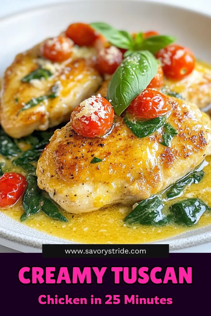 Indulge in this Creamy Tuscan Garlic Chicken recipe that brings the flavors of Italy right to your kitchen! This easy garlic chicken dish features juicy chicken breasts smothered in a rich creamy sauce with spinach and tomatoes. It's a perfect creamy chicken with spinach meal for busy weeknights. Try this delightful Tuscan chicken recipe today and wow your family! Save this mouthwatering Italian chicken recipe for later. #CreamyTuscanGarlicChicken #TuscanChickenRecipe #EasyGarlicChicken #ItalianChickenRecipe