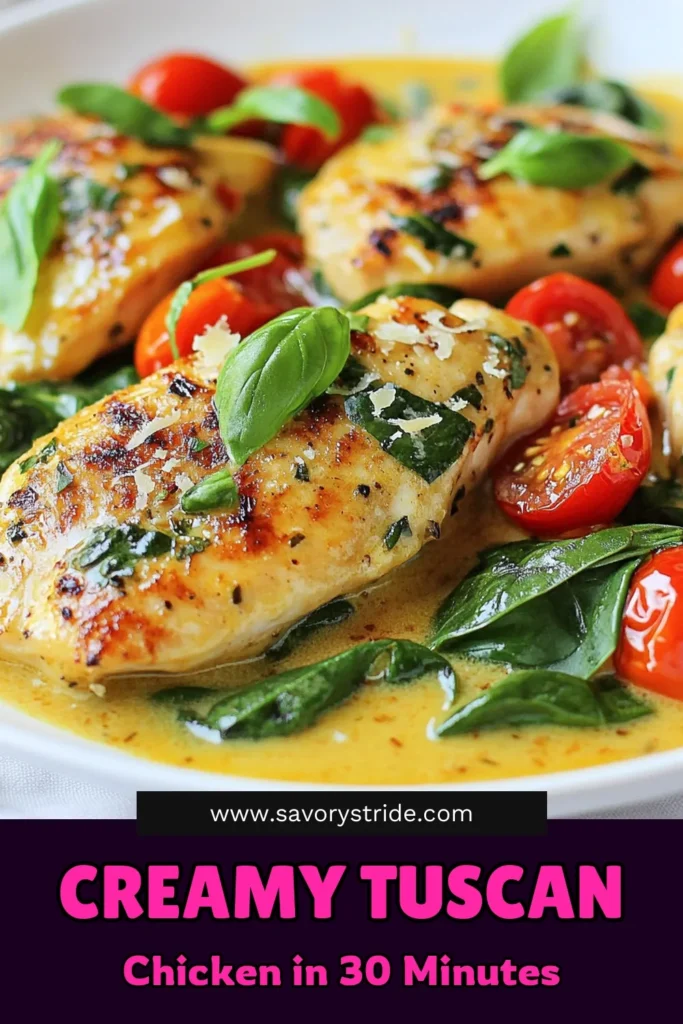 Indulge in a deliciously creamy Garlic Tuscan Chicken that's perfect for a quick weeknight meal! This Easy Chicken Dinner Recipe features tender chicken cooked in a rich sauce made with heavy cream, garlic, cherry tomatoes, and spinach. Elevate your dinner with this flavorful Tuscan Chicken Recipe, sure to impress. Ready in just 30 minutes, it's a must-try dish! Save this recipe for your next meal! #CreamyGarlicTuscanChicken #EasyDinner #ChickenWithHeavyCream #GarlicParmesanChicken