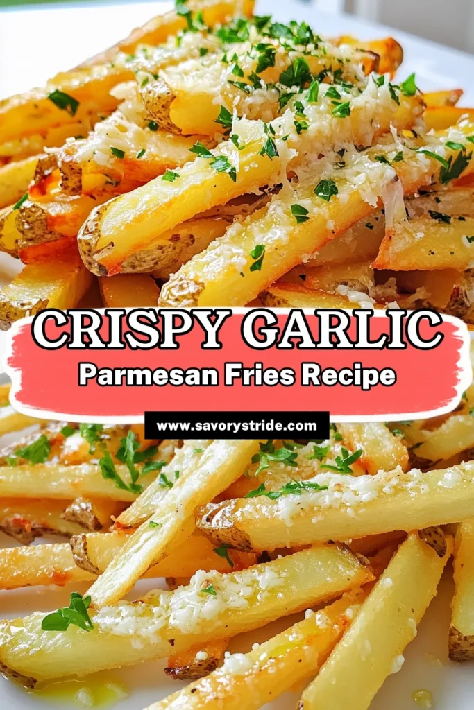 Indulge in crispy Garlic Parmesan French Fries that are easy to make and bursting with flavor! This simple recipe features russet potatoes, fresh garlic, and a sprinkle of Parmesan for a delicious twist on a classic snack. Perfect for parties or a cozy night in, these fries will delight your taste buds. Ready to elevate your homemade fries? Click through for the full recipe and start cooking today! #GarlicParmesanFries #HomemadeFries #SnackIdeas #EasyRecipes