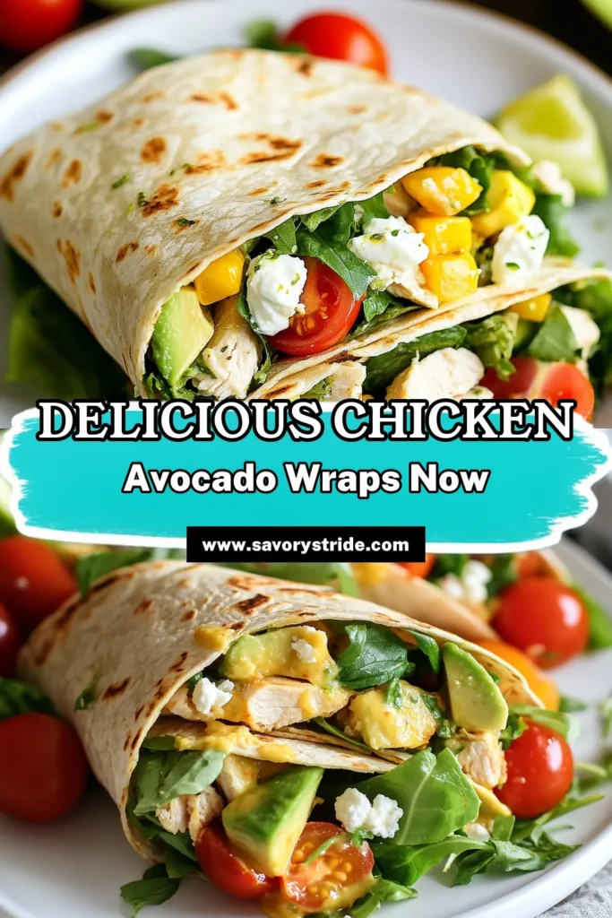 Discover how to make savory chicken avocado wraps with this healthy chicken wrap recipe! Packed with diced chicken, fresh avocado, and mixed greens, these whole wheat tortilla wraps are perfect for lunch or a quick snack. Drizzled with a creamy Greek yogurt dressing, this easy avocado chicken recipe is a delicious way to stay healthy. Try it today and enjoy a satisfying meal! Save this recipe for later! #HealthyRecipes #Wraps #ChickenAvocado #MealPrep